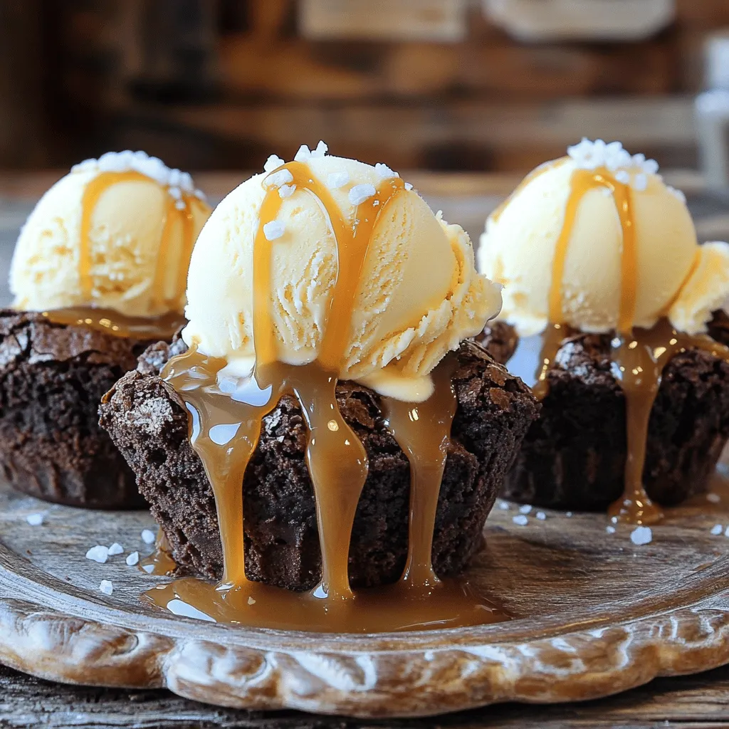 To make the brownie cups, you need: - 1 cup dark chocolate chips - ½ cup unsalted butter - 1 cup granulated sugar - 2 large eggs - 1 teaspoon vanilla extract - ½ cup all-purpose flour - ¼ cup cocoa powder - ½ teaspoon baking powder - ¼ teaspoon salt These ingredients give your brownie cups a rich and fudgy texture. The dark chocolate chips add deep flavor. Butter keeps them moist, while eggs help them rise. For the toppings, gather: - 1 cup vanilla ice cream - ½ cup store-bought salted caramel sauce - Sea salt flakes for garnish The vanilla ice cream balances the rich brownie. Salted caramel sauce adds a sweet and salty twist. A sprinkle of sea salt on top enhances the flavor. You’ll need some basic tools: - Muffin tin - Cupcake liners - Microwave-safe bowl - Mixing bowls - Whisk or spoon Using a muffin tin helps shape the brownies. Cupcake liners make it easy to remove them. A microwave-safe bowl is perfect for melting chocolate and butter. Start by preheating your oven to 350°F (175°C). Line a muffin tin with cupcake liners. In a microwave-safe bowl, mix 1 cup of dark chocolate chips and ½ cup of unsalted butter. Heat in the microwave for 30 seconds. Stir and heat again until smooth. Once melted, add 1 cup of granulated sugar and mix well. Then, add 2 large eggs one at a time, stirring after each. Add in 1 teaspoon of vanilla extract. In another bowl, whisk together ½ cup of all-purpose flour, ¼ cup of cocoa powder, ½ teaspoon of baking powder, and ¼ teaspoon of salt. Gradually fold the dry mix into the chocolate mix until combined. Pour the brownie batter into the prepared muffin tins. Fill each cup about two-thirds full. Bake for 18-20 minutes. Check if they are done by inserting a toothpick. If it comes out with a few moist crumbs, they are ready. Let the brownies cool in the tin completely. This helps them set properly. Once the brownies are cool, scoop out a small part from the center of each. This creates space for the ice cream. Add a generous scoop of vanilla ice cream into each brownie cup. Drizzle ½ cup of store-bought salted caramel sauce over the ice cream. Finish by sprinkling some sea salt flakes on top. This adds a nice touch and enhances the flavor. Serve the brownie sundae cups on a decorative platter for a beautiful presentation. To get the best brownie texture, use good chocolate. Dark chocolate chips add rich flavor. Make sure your butter is unsalted and melted well. Mix the sugar in until smooth. When you add the eggs, do it one by one. This helps the brownies rise. Don't overmix after adding the dry ingredients. Just fold until you see no flour. Bake them until a toothpick has a few moist crumbs. For extra flavor, try adding a pinch of espresso powder. It boosts the chocolate taste without being strong. You can also use a splash of almond extract instead of vanilla. This gives a nice twist. Consider adding chopped nuts like walnuts or pecans for crunch. They pair well with the soft brownies. If you love caramel, swirl some into the batter before baking. Serve these brownie cups warm for the best taste. Add a scoop of vanilla ice cream on top. Drizzle salted caramel sauce over the ice cream. Don’t forget the sea salt flakes; they balance the sweetness. For a fun touch, use colorful sprinkles or crushed candies on top. Present them on a nice platter. This makes the dessert look even more appealing. {{image_2}} You can switch out vanilla ice cream for other flavors. Try chocolate, coffee, or caramel ice cream. Each choice adds a new twist. If you love fruit, consider strawberry or raspberry ice cream. These flavors pair well with the rich brownie and salted caramel. Mixing flavors can make this dessert even more fun! The toppings can change every time you make this sundae. Instead of salted caramel sauce, use chocolate sauce or peanut butter sauce. You can add crushed nuts, sprinkles, or whipped cream. Fresh fruit like berries or bananas can add a nice touch. Feel free to mix and match toppings to create your perfect sundae cup. To make this dessert vegan, use vegan butter and dark chocolate. You can also swap out the eggs for flax eggs or applesauce. For gluten-free options, use almond flour or a gluten-free flour blend. This way, everyone can enjoy a delicious salted caramel brownie sundae cup! To keep your leftover brownies fresh, place them in an airtight container. Layer parchment paper between brownies to prevent sticking. Store them at room temperature for up to three days. If you want to keep them longer, consider refrigerating them. They will stay fresh for about a week in the fridge. When you're ready to enjoy your brownies again, you can reheat them easily. Place a brownie in the microwave for 10 to 15 seconds. Check to see if it's warm. If not, heat it for another 5 seconds. This method keeps the brownie soft and gooey. You can also warm them in an oven at 350°F for about 5 minutes. This works great for bringing back that fresh-baked taste. Freezing brownies is a smart way to save some for later. First, let them cool completely. Then, wrap each brownie in plastic wrap. Place the wrapped brownies in a freezer-safe bag. They can last up to three months in the freezer. When you want to eat them, thaw them in the fridge overnight. You can also reheat them straight from the freezer. Just add a few extra seconds in the microwave. Enjoy your sweet treat whenever you want! Yes, you can make these brownie cups ahead of time. Bake the brownie cups and let them cool. Store them in an airtight container for up to two days. When you're ready to serve, scoop out the center, add ice cream, and drizzle with caramel. This makes for a quick and easy dessert! You can use semi-sweet chocolate chips instead. They will give a sweeter flavor. You might also try milk chocolate chips for a creamier taste. If you're feeling adventurous, use white chocolate chips for a different twist! To make homemade salted caramel sauce, follow these steps: - In a saucepan, combine 1 cup of granulated sugar and ¼ cup of water. - Heat over medium heat until the sugar melts and turns a golden color. - Remove from heat and carefully stir in ½ cup of heavy cream. - Add ½ teaspoon of sea salt and mix well. - Let it cool before using. Store in a jar for up to two weeks. You learned how to make delicious brownie cups and their tasty toppings. We covered the key ingredients, tools, and step-by-step instructions for your sweet treat. Tips for perfect texture and flavor made it easy. You now know fun variations, how to store leftovers, and answers to common questions. Enjoy making these brownie cups for any occasion. I hope they bring joy to your kitchen and smiles to your friends!