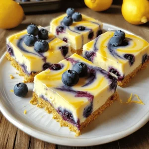 - Lemon juice and zest: Lemon juice adds a bright, tangy flavor. The zest gives a fragrant aroma. Together, they brighten the cheesecake and enhance its taste. - Fresh blueberries: Blueberries are juicy and sweet. They create a beautiful swirl in the bars. Plus, they add nutrients and antioxidants. - Cream cheese: Cream cheese makes the filling rich and creamy. It gives the bars their cheesecake texture. Softened cream cheese blends well with the other ingredients. - Alternative sweeteners: You can use honey or maple syrup instead of sugar. This adds a different flavor and can reduce refined sugar. - Gluten-free options for crust: Swap graham cracker crumbs with gluten-free crumbs. Almond flour or gluten-free cookies work great for the crust. - Dairy-free substitutes: Use dairy-free cream cheese for a vegan option. Coconut cream is another good alternative for a creamy texture. - Mixing bowls: You will need a few mixing bowls for combining ingredients. One for the crust and another for the filling works best. - Baking pan: A 9x9-inch baking pan is perfect for these bars. It helps them cook evenly and allows easy lifting with parchment paper. - Electric mixer: An electric mixer makes it easy to blend the cream cheese. It ensures a smooth texture without lumps. 1. Preheating the oven and preparing the pan Start by preheating your oven to 350°F (175°C). This step is key for even baking. Next, take a 9x9-inch baking pan. Grease it well and line it with parchment paper. Leave some paper hanging over the edges. This makes it easy to lift out the bars later. 2. Creating the graham cracker crust In a medium bowl, mix 1 ½ cups graham cracker crumbs, ⅓ cup sugar, and ½ cup melted unsalted butter. Stir until everything blends well. Press this mixture firmly into the bottom of the prepared pan. Bake for 10 minutes and let it cool while you prepare the filling. 1. Blending cream cheese and sugar In a large bowl, beat 16 oz of softened cream cheese on medium speed. Keep mixing until it's smooth and creamy. Gradually add in 1 cup of granulated sugar. Mix well until fully combined. 2. Incorporating eggs and flavorings Add 2 large eggs, one at a time. Mix well after each addition. Then add 1 tsp of vanilla extract, the zest of 1 lemon, and 3 tbsp of lemon juice. Blend this mixture until it is completely smooth. 1. Tips for achieving the perfect swirl effect In a separate bowl, toss 1 cup of fresh blueberries with 2 tbsp of cornstarch. This helps the blueberries stay in place. Gently fold the blueberries into the cream cheese mixture. When pouring the mixture over the cooled crust, spread it evenly. 2. Baking times and signs of doneness To create the swirl, drop spoonfuls of the remaining blueberry mixture onto the cheesecake layer. Use a butter knife to swirl it gently for a beautiful pattern. Bake the bars for 30-35 minutes. The edges should be set, but the center can still jiggle slightly. After baking, turn off the oven and crack the door. Let the cheesecake cool inside for about 1 hour. Now you’re ready to enjoy your Lemon Blueberry Cheesecake Swirl Bars! To get the best texture, follow these simple steps: - Cooling Techniques Post-Baking: After baking, turn off the oven and crack the door. This helps the bars cool slowly. It prevents cracks and keeps them smooth. Let them sit for about an hour before moving them to the fridge. - Importance of Refrigeration: Chill the bars for at least four hours. If you can, leave them overnight. This waiting time helps the flavors blend and firm up the texture. For a lovely presentation, consider these ideas: - Topping Options: Add a dollop of whipped cream on top. You can also sprinkle fresh blueberries or a bit of lemon zest for color. A drizzle of lemon glaze adds a nice touch too. - Serving Recommendations: Cut the bars into neat squares for serving. Use a sharp knife and wipe it clean between cuts for smooth edges. Serve them on a bright plate to show off their colors. Watch out for these common errors: - Overmixing the Filling: Mix just until smooth. Overmixing adds too much air, which can cause cracks while baking. - Not Allowing the Cheesecake to Cool Gradually: Don’t rush the cooling process. Sudden temperature changes can lead to cracks. Always let it cool in the oven first. {{image_2}} You can change the fruit in these bars for fun twists. Try raspberries or strawberries for a new taste. Each fruit adds its own unique flavor. You can also mix fruits together for a burst of color and taste. For cream cheese, consider using flavor-infused options. Mix in vanilla bean or almond extract for a different depth. You could even swirl in a little chocolate or caramel sauce. These choices can elevate your dessert. If you want a vegan version, swap the eggs for flaxseed or chia seeds mixed with water. Use a vegan cream cheese to keep the rich taste. For a low-carb option, replace sugar with a low-carb sweetener like erythritol. Use almond flour for the crust instead of graham crackers. These adaptations make the bars tasty for everyone. Serve these bars in fun, individual jars for a cute twist. Layer the crust, filling, and fruit to make it look pretty. This way, each person gets their own dessert. Another idea is to plate the bars creatively. Cut them into fun shapes or serve them with fresh fruit on top. A drizzle of lemon glaze can also make them pop. These styles will impress your guests and make dessert more exciting. To keep your Lemon Blueberry Cheesecake Swirl Bars fresh, store them in the fridge. Place the bars in an airtight container. This will help them stay moist and avoid picking up other smells. If you want to store them longer, freezing is a great option. For freezing, wrap each bar tightly in plastic wrap. After wrapping, place them in a freezer-safe bag. This will help protect them from freezer burn. These bars last about 5 days in the fridge. You will know they are spoiled if they start to smell off or develop a strange color. Always check for mold, especially if they sit for too long. When frozen, they can last up to 3 months. Just remember to label your bags with the date. To thaw frozen bars, move them to the fridge for a few hours or overnight. This method helps keep their texture. If you want to serve them warm, you can microwave each bar for about 10-15 seconds. This will make them soft and tasty again. Enjoy your Lemon Blueberry Cheesecake Swirl Bars chilled or warm! To make these bars gluten-free, simply substitute the regular graham crackers with gluten-free graham crackers. Many brands offer tasty options that work well. Just make sure to check the package for gluten-free labels. This small change keeps the texture and taste delightful while catering to gluten-sensitive friends and family. Yes, you can use frozen blueberries. They work just fine! When using frozen fruit, do not thaw them before adding. This keeps them from getting mushy. Toss the frozen blueberries with cornstarch as you would fresh ones. The cornstarch helps absorb extra moisture. This way, your bars stay creamy and delicious. If you don’t have cornstarch, you can use all-purpose flour instead. Use about 2 tablespoons of flour to thicken the berry mixture. You can also try arrowroot powder or tapioca starch if you have those on hand. Just remember to mix it well with the berries. This helps create that lovely swirl and keeps the texture nice. This blog post covers making delicious blueberry cheesecake bars with simple steps. We discussed key ingredients like lemon juice, blueberries, and cream cheese, along with helpful substitutions for various diets. Proper equipment, preparation, and baking techniques are crucial for success. I shared tips to avoid common mistakes and enhance your cheesecake's flavor. Remember, these bars offer fun variations and can be easily stored. Enjoy experimenting with your own twists, and savor every bite!