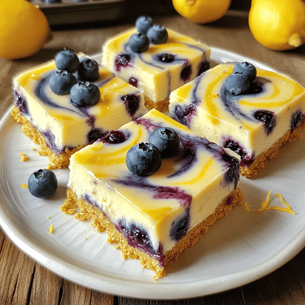 - Lemon juice and zest: Lemon juice adds a bright, tangy flavor. The zest gives a fragrant aroma. Together, they brighten the cheesecake and enhance its taste. - Fresh blueberries: Blueberries are juicy and sweet. They create a beautiful swirl in the bars. Plus, they add nutrients and antioxidants. - Cream cheese: Cream cheese makes the filling rich and creamy. It gives the bars their cheesecake texture. Softened cream cheese blends well with the other ingredients. - Alternative sweeteners: You can use honey or maple syrup instead of sugar. This adds a different flavor and can reduce refined sugar. - Gluten-free options for crust: Swap graham cracker crumbs with gluten-free crumbs. Almond flour or gluten-free cookies work great for the crust. - Dairy-free substitutes: Use dairy-free cream cheese for a vegan option. Coconut cream is another good alternative for a creamy texture. - Mixing bowls: You will need a few mixing bowls for combining ingredients. One for the crust and another for the filling works best. - Baking pan: A 9x9-inch baking pan is perfect for these bars. It helps them cook evenly and allows easy lifting with parchment paper. - Electric mixer: An electric mixer makes it easy to blend the cream cheese. It ensures a smooth texture without lumps. 1. Preheating the oven and preparing the pan Start by preheating your oven to 350°F (175°C). This step is key for even baking. Next, take a 9x9-inch baking pan. Grease it well and line it with parchment paper. Leave some paper hanging over the edges. This makes it easy to lift out the bars later. 2. Creating the graham cracker crust In a medium bowl, mix 1 ½ cups graham cracker crumbs, ⅓ cup sugar, and ½ cup melted unsalted butter. Stir until everything blends well. Press this mixture firmly into the bottom of the prepared pan. Bake for 10 minutes and let it cool while you prepare the filling. 1. Blending cream cheese and sugar In a large bowl, beat 16 oz of softened cream cheese on medium speed. Keep mixing until it's smooth and creamy. Gradually add in 1 cup of granulated sugar. Mix well until fully combined. 2. Incorporating eggs and flavorings Add 2 large eggs, one at a time. Mix well after each addition. Then add 1 tsp of vanilla extract, the zest of 1 lemon, and 3 tbsp of lemon juice. Blend this mixture until it is completely smooth. 1. Tips for achieving the perfect swirl effect In a separate bowl, toss 1 cup of fresh blueberries with 2 tbsp of cornstarch. This helps the blueberries stay in place. Gently fold the blueberries into the cream cheese mixture. When pouring the mixture over the cooled crust, spread it evenly. 2. Baking times and signs of doneness To create the swirl, drop spoonfuls of the remaining blueberry mixture onto the cheesecake layer. Use a butter knife to swirl it gently for a beautiful pattern. Bake the bars for 30-35 minutes. The edges should be set, but the center can still jiggle slightly. After baking, turn off the oven and crack the door. Let the cheesecake cool inside for about 1 hour. Now you’re ready to enjoy your Lemon Blueberry Cheesecake Swirl Bars! To get the best texture, follow these simple steps: - Cooling Techniques Post-Baking: After baking, turn off the oven and crack the door. This helps the bars cool slowly. It prevents cracks and keeps them smooth. Let them sit for about an hour before moving them to the fridge. - Importance of Refrigeration: Chill the bars for at least four hours. If you can, leave them overnight. This waiting time helps the flavors blend and firm up the texture. For a lovely presentation, consider these ideas: - Topping Options: Add a dollop of whipped cream on top. You can also sprinkle fresh blueberries or a bit of lemon zest for color. A drizzle of lemon glaze adds a nice touch too. - Serving Recommendations: Cut the bars into neat squares for serving. Use a sharp knife and wipe it clean between cuts for smooth edges. Serve them on a bright plate to show off their colors. Watch out for these common errors: - Overmixing the Filling: Mix just until smooth. Overmixing adds too much air, which can cause cracks while baking. - Not Allowing the Cheesecake to Cool Gradually: Don’t rush the cooling process. Sudden temperature changes can lead to cracks. Always let it cool in the oven first. {{image_2}} You can change the fruit in these bars for fun twists. Try raspberries or strawberries for a new taste. Each fruit adds its own unique flavor. You can also mix fruits together for a burst of color and taste. For cream cheese, consider using flavor-infused options. Mix in vanilla bean or almond extract for a different depth. You could even swirl in a little chocolate or caramel sauce. These choices can elevate your dessert. If you want a vegan version, swap the eggs for flaxseed or chia seeds mixed with water. Use a vegan cream cheese to keep the rich taste. For a low-carb option, replace sugar with a low-carb sweetener like erythritol. Use almond flour for the crust instead of graham crackers. These adaptations make the bars tasty for everyone. Serve these bars in fun, individual jars for a cute twist. Layer the crust, filling, and fruit to make it look pretty. This way, each person gets their own dessert. Another idea is to plate the bars creatively. Cut them into fun shapes or serve them with fresh fruit on top. A drizzle of lemon glaze can also make them pop. These styles will impress your guests and make dessert more exciting. To keep your Lemon Blueberry Cheesecake Swirl Bars fresh, store them in the fridge. Place the bars in an airtight container. This will help them stay moist and avoid picking up other smells. If you want to store them longer, freezing is a great option. For freezing, wrap each bar tightly in plastic wrap. After wrapping, place them in a freezer-safe bag. This will help protect them from freezer burn. These bars last about 5 days in the fridge. You will know they are spoiled if they start to smell off or develop a strange color. Always check for mold, especially if they sit for too long. When frozen, they can last up to 3 months. Just remember to label your bags with the date. To thaw frozen bars, move them to the fridge for a few hours or overnight. This method helps keep their texture. If you want to serve them warm, you can microwave each bar for about 10-15 seconds. This will make them soft and tasty again. Enjoy your Lemon Blueberry Cheesecake Swirl Bars chilled or warm! To make these bars gluten-free, simply substitute the regular graham crackers with gluten-free graham crackers. Many brands offer tasty options that work well. Just make sure to check the package for gluten-free labels. This small change keeps the texture and taste delightful while catering to gluten-sensitive friends and family. Yes, you can use frozen blueberries. They work just fine! When using frozen fruit, do not thaw them before adding. This keeps them from getting mushy. Toss the frozen blueberries with cornstarch as you would fresh ones. The cornstarch helps absorb extra moisture. This way, your bars stay creamy and delicious. If you don’t have cornstarch, you can use all-purpose flour instead. Use about 2 tablespoons of flour to thicken the berry mixture. You can also try arrowroot powder or tapioca starch if you have those on hand. Just remember to mix it well with the berries. This helps create that lovely swirl and keeps the texture nice. This blog post covers making delicious blueberry cheesecake bars with simple steps. We discussed key ingredients like lemon juice, blueberries, and cream cheese, along with helpful substitutions for various diets. Proper equipment, preparation, and baking techniques are crucial for success. I shared tips to avoid common mistakes and enhance your cheesecake's flavor. Remember, these bars offer fun variations and can be easily stored. Enjoy experimenting with your own twists, and savor every bite!