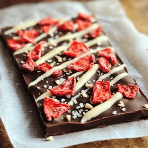 To make the Chocolate Covered Strawberry Bark, you need the following ingredients: - 2 cups dark chocolate chips - 1 cup white chocolate chips - 1 cup freeze-dried strawberries - 1/2 cup crushed almonds (optional) - A pinch of sea salt These ingredients create a sweet and crunchy treat. The dark chocolate gives a rich flavor. The white chocolate adds a nice contrast. Freeze-dried strawberries bring sweetness and tartness. If you like, crushed almonds add a nice crunch. The sea salt enhances all the flavors. Gather all these items before you start. This will make your cooking process smooth and fun. Using high-quality chocolate makes a big difference. It adds to the taste and texture. Enjoy the process of making this delicious bark! First, get your baking sheet ready. Line it with parchment paper. Make sure it covers the whole sheet. This helps you lift the bark off later. Next, take your dark chocolate chips. Put them in a microwave-safe bowl. Heat them in the microwave for 30 seconds. Stir and repeat until smooth. This keeps the chocolate from burning. Now, pour the melted dark chocolate onto your lined sheet. Use a spatula to spread it evenly. Aim for about 1/4 inch thick. This will give you a nice base. While the chocolate is warm, sprinkle the freeze-dried strawberries on top. Press them in gently. This helps them stick to the chocolate. In a new bowl, melt your white chocolate chips. Use the same microwave method. Heat in 30-second bursts and stir until it is smooth. Once melted, take the white chocolate. Use a spoon or piping bag to drizzle it over the dark chocolate. Make a zigzag pattern for a fun look. Now, sprinkle a pinch of sea salt over the top. If you like, add crushed almonds for some crunch. This adds extra flavor and texture. Place the baking sheet in the fridge. Chill for about 30 minutes. This helps the chocolate set and become firm. Finally, take the bark out of the fridge. Lift it off the parchment paper. Break it into pieces of your choice. Enjoy your sweet treat! For this bark, I love using dark chocolate chips. They give a rich taste. You can use semi-sweet or bittersweet chips. White chocolate adds a nice contrast. Look for high-quality brands for the best flavor. Avoid chocolate with lots of added sugar. It makes the bark too sweet. Once you break the bark into pieces, store it in an airtight container. Use parchment paper between layers to keep it from sticking. Store it in a cool, dry place. If it is warm, put it in the fridge. But keep it covered to avoid moisture. This keeps the bark fresh for up to two weeks. You can serve the bark in fun ways. Place it on a pretty plate for a party. You can also put pieces in clear bags tied with ribbons. This makes a sweet gift. Try pairing it with fresh fruit or ice cream for dessert. The flavors mix well and make a tasty treat! {{image_2}} You can mix things up by using different types of chocolate. Dark chocolate adds a rich taste, while white chocolate brings sweetness. You can also try milk chocolate for a creamier flavor. Each type gives the bark a unique twist. You can even use flavored chocolates, like mint or orange, for extra fun. Dried fruits can make your bark even better. Besides strawberries, you can add dried cherries or raspberries. You might also like dried mango or banana chips for a tropical touch. Just chop them into small pieces and sprinkle them on top. This adds color and taste to your treat. If you need a nut-free option, it's simple! Just skip the crushed almonds. You can replace nuts with seeds like sunflower or pumpkin seeds. These seeds add crunch without the nuts. You can also use more dried fruits to keep the bark interesting and tasty. To keep your chocolate covered strawberry bark fresh, store it in an airtight container. Layer pieces with parchment paper to prevent sticking. This method helps maintain the bark's crispness and flavor. Place the container in a cool, dry place. Avoid direct sunlight, as it can cause the chocolate to melt or bloom. If you want to keep the bark longer, freezing works well. Wrap each piece in plastic wrap. Then, place them in a freezer bag. Make sure to remove as much air as possible. This will help prevent freezer burn. When you're ready to enjoy, let the bark thaw in the fridge for about an hour. This keeps it tasting fresh. Chocolate covered strawberry bark lasts about two weeks at room temperature. In the fridge, it can last up to three weeks. If you freeze it, it can stay good for up to three months. Just remember to check for any signs of spoilage, like a change in smell or appearance. Enjoy your tasty treat! Chocolate covered strawberry bark can last up to two weeks. Store it in an airtight container. Keep it in a cool, dry place. If you notice any changes, it’s best to toss it. You can use fresh strawberries, but they won’t work the same way. Fresh berries add moisture, which can make the bark soft. Freeze-dried strawberries keep their crunch and flavor. They are better for this recipe. You can get creative with toppings! Here are some ideas: - Crushed nuts like walnuts or pecans - Sprinkles or edible glitter - Shredded coconut - Different dried fruits like cranberries or apricots Mix and match for fun flavors! You can find chocolate covered strawberry bark in many places. Look at local candy shops or bakeries. Some online stores also offer it. You can make it at home for a fresh taste! You learned how to make chocolate covered strawberry bark using simple ingredients like dark chocolate, white chocolate, and strawberries. I shared step-by-step instructions that guide you from melting chocolate to breaking the bark into pieces. Tips on storage and variations also help you get the most out of your treat. Get creative with different chocolates and toppings. Whether you share it or enjoy it yourself, this bark is fun and tasty! Try making it today for a sweet treat any time.