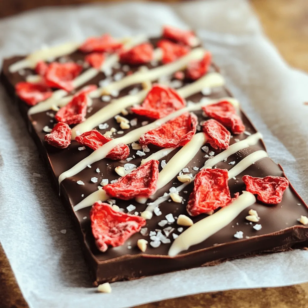 To make the Chocolate Covered Strawberry Bark, you need the following ingredients: - 2 cups dark chocolate chips - 1 cup white chocolate chips - 1 cup freeze-dried strawberries - 1/2 cup crushed almonds (optional) - A pinch of sea salt These ingredients create a sweet and crunchy treat. The dark chocolate gives a rich flavor. The white chocolate adds a nice contrast. Freeze-dried strawberries bring sweetness and tartness. If you like, crushed almonds add a nice crunch. The sea salt enhances all the flavors. Gather all these items before you start. This will make your cooking process smooth and fun. Using high-quality chocolate makes a big difference. It adds to the taste and texture. Enjoy the process of making this delicious bark! First, get your baking sheet ready. Line it with parchment paper. Make sure it covers the whole sheet. This helps you lift the bark off later. Next, take your dark chocolate chips. Put them in a microwave-safe bowl. Heat them in the microwave for 30 seconds. Stir and repeat until smooth. This keeps the chocolate from burning. Now, pour the melted dark chocolate onto your lined sheet. Use a spatula to spread it evenly. Aim for about 1/4 inch thick. This will give you a nice base. While the chocolate is warm, sprinkle the freeze-dried strawberries on top. Press them in gently. This helps them stick to the chocolate. In a new bowl, melt your white chocolate chips. Use the same microwave method. Heat in 30-second bursts and stir until it is smooth. Once melted, take the white chocolate. Use a spoon or piping bag to drizzle it over the dark chocolate. Make a zigzag pattern for a fun look. Now, sprinkle a pinch of sea salt over the top. If you like, add crushed almonds for some crunch. This adds extra flavor and texture. Place the baking sheet in the fridge. Chill for about 30 minutes. This helps the chocolate set and become firm. Finally, take the bark out of the fridge. Lift it off the parchment paper. Break it into pieces of your choice. Enjoy your sweet treat! For this bark, I love using dark chocolate chips. They give a rich taste. You can use semi-sweet or bittersweet chips. White chocolate adds a nice contrast. Look for high-quality brands for the best flavor. Avoid chocolate with lots of added sugar. It makes the bark too sweet. Once you break the bark into pieces, store it in an airtight container. Use parchment paper between layers to keep it from sticking. Store it in a cool, dry place. If it is warm, put it in the fridge. But keep it covered to avoid moisture. This keeps the bark fresh for up to two weeks. You can serve the bark in fun ways. Place it on a pretty plate for a party. You can also put pieces in clear bags tied with ribbons. This makes a sweet gift. Try pairing it with fresh fruit or ice cream for dessert. The flavors mix well and make a tasty treat! {{image_2}} You can mix things up by using different types of chocolate. Dark chocolate adds a rich taste, while white chocolate brings sweetness. You can also try milk chocolate for a creamier flavor. Each type gives the bark a unique twist. You can even use flavored chocolates, like mint or orange, for extra fun. Dried fruits can make your bark even better. Besides strawberries, you can add dried cherries or raspberries. You might also like dried mango or banana chips for a tropical touch. Just chop them into small pieces and sprinkle them on top. This adds color and taste to your treat. If you need a nut-free option, it's simple! Just skip the crushed almonds. You can replace nuts with seeds like sunflower or pumpkin seeds. These seeds add crunch without the nuts. You can also use more dried fruits to keep the bark interesting and tasty. To keep your chocolate covered strawberry bark fresh, store it in an airtight container. Layer pieces with parchment paper to prevent sticking. This method helps maintain the bark's crispness and flavor. Place the container in a cool, dry place. Avoid direct sunlight, as it can cause the chocolate to melt or bloom. If you want to keep the bark longer, freezing works well. Wrap each piece in plastic wrap. Then, place them in a freezer bag. Make sure to remove as much air as possible. This will help prevent freezer burn. When you're ready to enjoy, let the bark thaw in the fridge for about an hour. This keeps it tasting fresh. Chocolate covered strawberry bark lasts about two weeks at room temperature. In the fridge, it can last up to three weeks. If you freeze it, it can stay good for up to three months. Just remember to check for any signs of spoilage, like a change in smell or appearance. Enjoy your tasty treat! Chocolate covered strawberry bark can last up to two weeks. Store it in an airtight container. Keep it in a cool, dry place. If you notice any changes, it’s best to toss it. You can use fresh strawberries, but they won’t work the same way. Fresh berries add moisture, which can make the bark soft. Freeze-dried strawberries keep their crunch and flavor. They are better for this recipe. You can get creative with toppings! Here are some ideas: - Crushed nuts like walnuts or pecans - Sprinkles or edible glitter - Shredded coconut - Different dried fruits like cranberries or apricots Mix and match for fun flavors! You can find chocolate covered strawberry bark in many places. Look at local candy shops or bakeries. Some online stores also offer it. You can make it at home for a fresh taste! You learned how to make chocolate covered strawberry bark using simple ingredients like dark chocolate, white chocolate, and strawberries. I shared step-by-step instructions that guide you from melting chocolate to breaking the bark into pieces. Tips on storage and variations also help you get the most out of your treat. Get creative with different chocolates and toppings. Whether you share it or enjoy it yourself, this bark is fun and tasty! Try making it today for a sweet treat any time.