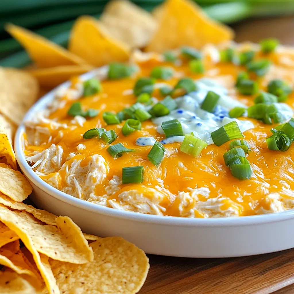For this buffalo chicken dip, you will need: - 2 cups cooked shredded chicken - 1 (8 oz) package cream cheese, softened - 1 cup buffalo sauce (adjust to taste) - 1/2 cup ranch dressing - 1 cup shredded cheddar cheese - Tortilla chips or celery sticks for serving These main ingredients come together to create a creamy and flavorful dip. Using cooked chicken saves time and keeps the dip smooth. The cream cheese adds richness, while the buffalo sauce gives it a spicy kick. Want to amp up the flavor? Consider adding: - 1/2 cup crumbled blue cheese - 1/4 cup finely chopped green onions The blue cheese adds a tangy taste that many love. The green onions bring a fresh crunch and color to your dip. Don't have an ingredient? No problem! Here are some swaps: - Use Greek yogurt instead of ranch for a healthier option. - Swap cheddar for mozzarella if you prefer a milder cheese. - Any cooked chicken works; rotisserie chicken is great for convenience. These substitutions keep your dip tasty while fitting your needs. Enjoy crafting your buffalo chicken dip just the way you like it! Start with cooked shredded chicken. You can use rotisserie chicken for ease. Place the chicken in the slow cooker. Then, add an 8 oz package of softened cream cheese. Mix them well until the cream cheese blends with the chicken. This forms a smooth and creamy base. Next, it’s time to add flavor. Pour in 1 cup of buffalo sauce. Adjust the amount if you like it spicier. Then, add 1/2 cup of ranch dressing. Stir everything until the chicken is evenly coated. Now, sprinkle in 1 cup of shredded cheddar cheese. If you enjoy blue cheese, add 1/2 cup of crumbled blue cheese. Mix it all together until well combined. Cover the slow cooker and set it to low heat. Cook for about 2 to 3 hours. Stir occasionally to make sure it heats evenly. You’ll know it's ready when the dip is hot and the cheeses are melted. When done, remove the lid and sprinkle 1/4 cup of finely chopped green onions on top. Enjoy your warm dip with tortilla chips or celery sticks! To get the best flavor in your buffalo chicken dip, you need a few key points. First, use fresh or high-quality chicken. Shredded rotisserie chicken works great. It adds depth and saves time. Second, adjust the buffalo sauce to match your taste. Some like it hot, while others prefer mild. Start with one cup and taste before adding more. Third, mix in ranch dressing. It adds creaminess and balances the heat. Finally, don’t skip the cheese! Using both cheddar and blue cheese creates a rich flavor. When it comes to serving, think outside the box. Tortilla chips are a classic choice, but celery sticks add a nice crunch and freshness. Try serving it with veggie sticks for a healthier twist. You can also serve it in a bread bowl for a fun presentation. For a party, place the dip in a slow cooker to keep it warm. Guests can dip at their leisure. Garnish with green onions just before serving for a pop of color. Avoid these common mistakes for the best dip. First, don’t rush the mixing. Ensure the cream cheese is fully blended with the chicken. This keeps the dip smooth. Second, check the heat level early on. If it’s too spicy, add more cream cheese or ranch to cool it down. Third, don’t cook it too long. Overcooking will make the dip dry. Stir it every hour to keep it creamy. Lastly, don’t forget to taste as you go. Adjusting flavors throughout is key to a perfect dip. {{image_2}} You can mix up the cheese for your Buffalo chicken dip. If you want a creamier dip, use more cream cheese. For a sharper taste, try using pepper jack cheese instead of cheddar. You can even swap in mozzarella for a milder flavor. Each cheese brings its own twist. Experiment to find your favorite! Add-ins can make your dip unique. Try mixing in some diced jalapeños for extra heat. You could also add a splash of Worcestershire sauce for a deeper flavor. If you love garlic, minced garlic can enhance the taste. Don’t hesitate to get creative with spices. You can add cumin or smoked paprika for a different kick! The spice level of your dip is up to you. Use less buffalo sauce to keep it mild. If you want it spicy, add more sauce or some hot sauce. You can also mix in chopped fresh chilies for an extra burn. Just remember to taste as you go. Adjust the level to match your heat preference! After enjoying your buffalo chicken dip, let it cool first. Then, place it in an airtight container. Make sure to seal it well to keep it fresh. Store the dip in the fridge for up to four days. This helps preserve its great taste and texture. When you're ready to enjoy the leftovers, reheating is simple. Transfer the dip to a microwave-safe bowl. Heat it in short bursts, about 30 seconds at a time. Stir in between to ensure even heating. You can also reheat it on the stove over low heat. Just stir often to avoid burning. If you want to save some buffalo chicken dip for later, freezing works great. Use a freezer-safe container and fill it with the dip. Leave a little space at the top, as it will expand when frozen. You can freeze it for up to three months. When ready to eat, let it thaw in the fridge overnight before reheating. Yes, you can use raw chicken in the slow cooker. However, I recommend using cooked shredded chicken for this dip. Cooked chicken saves time and ensures the dip has a great texture. If you choose raw chicken, you must cook it for longer. You should also ensure it reaches a safe internal temperature of 165°F. This way, you get a tasty dip without any worries. The spice level of this buffalo chicken dip varies. It all depends on the buffalo sauce you use. Some sauces are mild, while others pack a punch. You can adjust the spice to fit your taste. If you want a milder dip, use less buffalo sauce. On the other hand, if you love heat, add more. This dip is all about making it your own. Buffalo chicken dip goes well with many snacks. I love serving it with tortilla chips for a crunchy bite. Celery sticks are another great option. They add a nice crunch and a fresh taste. You can also use carrot sticks or pita bread for dipping. Choose what you enjoy most. The dip is warm and cheesy, making it perfect for any snack time. This post shared everything you need to make a great buffalo chicken dip. We covered key ingredients, steps, and tips for perfect flavor. You learned about variations and storage options to keep your dip fresh. Remember to avoid common mistakes for a tasty dish. With these tips in mind, you can create a dip that everyone will love. Enjoy sharing your delicious buffalo chicken dip at your next gathering!