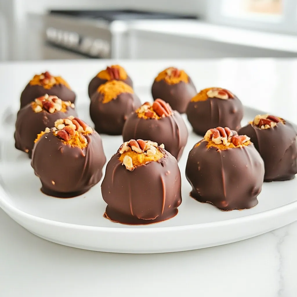 - 1 cup almond flour - 1/2 cup canned pumpkin puree - 1/4 cup almond butter - 1/4 cup maple syrup - 1 teaspoon vanilla extract - 1 teaspoon pumpkin pie spice - 1/4 teaspoon salt - 1/2 cup dark chocolate chips - 1 tablespoon coconut oil - Optional: crushed pecans or walnuts for coating For these no-bake pumpkin cookie dough truffles, you need simple yet delicious ingredients. Almond flour gives the truffles a nice base. Canned pumpkin puree adds moisture and a lovely flavor. Almond butter is creamy and rich, while maple syrup brings sweetness. Pumpkin pie spice gives the truffles that cozy, fall taste. A little salt enhances all the flavors. Dark chocolate chips and coconut oil create a smooth, yummy coating. If you like, you can use crushed pecans or walnuts to add crunch. Gather these ingredients before you start. It makes the cooking process easier and more enjoyable. With these items, you are ready to make a delightful treat that everyone will love! To make the dough, start by mixing the ingredients in a large bowl. Take 1 cup of almond flour, 1/2 cup of canned pumpkin puree, 1/4 cup of almond butter, 1/4 cup of maple syrup, 1 teaspoon of vanilla extract, 1 teaspoon of pumpkin pie spice, and 1/4 teaspoon of salt. Stir these until the mixture is smooth and dough-like. Once mixed well, cover the bowl with plastic wrap. Place it in the fridge for about 30 minutes. This step helps firm up the dough, making it easier to handle. After the dough is chilled, it's time to form the truffles. Grab a tablespoon of the mixture and roll it into a ball with your hands. Place these balls on a parchment-lined baking sheet. Keep rolling until you use all the dough. You should get around 12 to 15 truffles. This process is fun and lets you shape each truffle just how you like. Now, let's coat the truffles in chocolate. In a small microwave-safe bowl, combine 1/2 cup of dark chocolate chips and 1 tablespoon of coconut oil. Microwave the bowl in 30-second intervals. Stir after each interval until the chocolate melts and becomes smooth. Dip each truffle into the melted chocolate. Use a fork to ensure even coating. Allow any excess chocolate to drip off before placing them back on the baking sheet. If you want, you can sprinkle crushed pecans or walnuts on top before the chocolate hardens. Once all truffles are coated, refrigerate the baking sheet for at least 15 minutes to set the chocolate perfectly. To get the best truffles, refrigerate the dough. Chilling the dough helps it firm up. A firmer dough rolls better into balls. Without chilling, the dough may be too sticky to handle. Aim for about 30 minutes in the fridge. For the chocolate coating, ensure an even layer. Melt dark chocolate and coconut oil together. Stir well until smooth. When dipping, use a fork for easy handling. This method lets excess chocolate drip off. A thick coating adds richness, but an even coat looks nicer. Presentation matters when serving these truffles. Use a decorative plate to show them off. A sprinkle of pumpkin spice or crushed nuts adds flair. This small touch makes them more appealing. These truffles pair well with warm drinks. Consider serving with coffee or hot chocolate. They also go great with a scoop of vanilla ice cream. This combo makes for a delightful dessert experience. Enjoy sharing these treats with family and friends! {{image_2}} You can customize your truffles by changing some ingredients. First, almond flour works well, but you can try other flours. For instance, oat flour or coconut flour can be good substitutes. These options still keep the truffles gluten-free. Just remember, the texture may change a bit. Next, let's talk about nut butters. Almond butter is great, but you can switch it out for peanut butter or cashew butter. Each nut butter adds its own flavor and creaminess. Make sure to choose one that you enjoy! Adding spices can really boost the flavor of your truffles. You can mix in cinnamon or nutmeg for a warm, cozy taste. These spices complement the pumpkin well. Just add about half a teaspoon of either spice to the dough. If you love chocolate, you might want to incorporate chocolate chips into the dough. This makes each bite even more delicious. You can fold in about half a cup of dark or milk chocolate chips for a sweet surprise in every truffle. To keep your No-Bake Pumpkin Cookie Dough Truffles fresh, refrigerate them. Place the truffles in an airtight container. This helps maintain their flavor and texture. You can enjoy them cold or let them sit for a few minutes at room temperature. If you want a longer shelf life, freezing is a great option. To freeze, lay the truffles on a baking sheet. Make sure they don't touch each other. Once they are frozen solid, transfer them to a freezer-safe bag or container. This way, they stay safe and tasty for up to three months. In the fridge, these truffles stay fresh for about one week. They taste best within the first few days. After that, check for changes in texture or smell. If they become dry or have an off odor, it’s best to toss them. Signs that the truffles are no longer good include a hard texture or a strange smell. Always trust your senses. If something seems off, it's safer to throw them away. Enjoy your truffles while they are fresh for the best taste! Yes, you can use different chocolates. White chocolate or milk chocolate works well. Each type has a unique flavor. If you prefer a sweeter taste, milk chocolate is a great choice. For a creamier texture, white chocolate is perfect. Just remember to adjust the melting time. These truffles are quick to prepare. You spend about 15 minutes mixing and rolling. After that, chill the dough for 30 minutes. The total time is about 1 hour. This includes the time needed for the chocolate to set. You can enjoy these treats in no time! Yes, these truffles are gluten-free. The main ingredient, almond flour, is naturally gluten-free. Canned pumpkin, almond butter, and maple syrup also contain no gluten. Always check labels to ensure all items are gluten-free. This makes them a safe treat for those with gluten sensitivities. These truffles are easy to make and taste great. You need simple ingredients like almond flour, pumpkin, and chocolate. After mixing and shaping, a delicious treat awaits. You can customize them with different nuts or spices. Store them properly to keep them fresh longer. Enjoy every bite knowing they are healthy and gluten-free. Making these truffles brings joy to your kitchen!