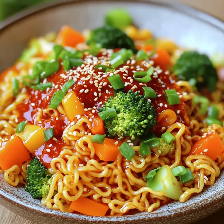 To make Minute Gochujang Noodles, you need the following items: - 200g instant noodles (your choice) - 2 tablespoons gochujang (Korean chili paste) - 1 tablespoon soy sauce - 1 tablespoon sesame oil - 1 teaspoon sugar - 1 cup mixed vegetables (carrots, bell peppers, broccoli) - 1 green onion, finely chopped - Water (as needed for boiling noodles) These ingredients come together to create a bold and tasty dish. The gochujang gives it a rich, spicy flavor. The soy sauce adds depth, and sesame oil provides a nice nutty note. You can elevate your dish with these optional garnishes: - 1 tablespoon sesame seeds - Extra chopped green onions Adding sesame seeds gives a nice crunch. Extra green onions add freshness and color. Both will make your meal look and taste even better! You can use various noodles for this recipe. Here are some great choices: - Instant ramen noodles - Rice noodles - Udon noodles Instant ramen is quick and easy. Rice noodles are light and absorb flavors well. Udon noodles add a chewy texture. Choose your favorite or whatever you have on hand! First, boil water in a medium pot. When the water bubbles, add 200g of instant noodles. Cook the noodles for 2-3 minutes until they are tender. Drain the noodles and set them aside. This step ensures your noodles have the right texture. In a small bowl, mix 2 tablespoons of gochujang, 1 tablespoon of soy sauce, 1 tablespoon of sesame oil, and 1 teaspoon of sugar. Whisk these ingredients together until smooth. Adjust the gochujang to make it spicier or milder, based on your taste. This sauce adds a rich, savory flavor to your dish. Heat a non-stick skillet over medium heat. Add a splash of water or a little oil to the pan. Toss in 1 cup of mixed vegetables like carrots, bell peppers, and broccoli. Sauté the veggies for 3-4 minutes. You want them tender but still crisp for the best bite. Now, add the drained noodles to the skillet with the sautéed vegetables. Pour the gochujang sauce over everything. Toss the mixture gently to coat the noodles and vegetables evenly. Remove from heat and sprinkle with chopped green onions and sesame seeds if you like. Serve the hot noodles on a plate, adding more green onions on top for a fresh touch. Enjoy your quick and tasty meal! To cook the noodles just right, start with enough water. Bring a pot of water to a strong boil. You want the water bubbling well. Add the instant noodles and cook them for 2-3 minutes. Keep an eye on them. You want them tender but not mushy. After cooking, drain the noodles and set them aside. This step is key to getting a good texture. Gochujang adds heat and flavor. If you like less spice, use less gochujang. Start with 1 tablespoon and taste the sauce. If you want more heat, add more gochujang gradually. Mix well after each addition. This way, you can control the heat to match your taste. Don’t forget, everyone’s spice level is different! Want to kick up the flavor? Try adding some extra ingredients! Fresh garlic can add depth. Just mince a clove and toss it in with the veggies. You can also add a splash of lime juice for brightness. Consider adding proteins like chicken or tofu for a heartier meal. Finally, sesame seeds and chopped green onion on top add a nice touch. Each of these adds a twist to your meal. {{image_2}} You can easily make Minute Gochujang Noodles vegetarian or vegan. Just skip any animal products. Use vegetables like zucchini, mushrooms, or spinach. You can also add tofu for protein. Tofu takes on flavors well. It makes the dish filling and tasty! Want to add more protein? You can choose chicken or tofu. If you use chicken, cook it first. Cut it into small pieces. Toss it in the skillet with the vegetables. For tofu, press it to remove water. Cut it into cubes and sauté until golden. Both options boost flavor and nutrition. Feel free to get creative! Try different sauces for fun flavors. Swap gochujang for sriracha if you want more heat. You can also use teriyaki sauce for a sweet twist. Mixing sauces can create unique taste profiles. Experiment and find your favorite blend! To keep your Minute Gochujang Noodles fresh, store leftovers in an airtight container. Let the noodles cool down before sealing. This way, they won’t steam and get soggy. Place the container in the fridge. Aim to eat them within three days for the best taste. When it’s time to eat your leftovers, reheating is easy. You can use a microwave or a skillet. For the microwave, place the noodles in a bowl. Add a splash of water to keep them moist. Heat in short bursts, stirring in between until warm. If using a skillet, add a little oil or water and heat over low heat. Stir until hot. If you want to freeze your noodles, do so before adding the sauce. Cook the noodles, let them cool, and then pack them in a freezer bag. Squeeze out as much air as possible. This helps prevent freezer burn. When ready to eat, thaw the noodles in the fridge overnight. Then, reheat and add your gochujang sauce. Enjoy your quick meal later! Gochujang is a thick, red chili paste from Korea. It has a sweet and spicy flavor. You use it in many dishes, like soups and marinades. For Minute Gochujang Noodles, it adds depth and heat. Mix it with soy sauce and sesame oil for a tasty sauce. Yes, you can use different types of noodles! Instant ramen works well, but you can also try rice noodles or udon. Choose noodles that cook quickly for this recipe. The goal is to have a fast and easy meal. The spice level depends on how much gochujang you use. If you like it mild, start with less. You can always add more later. Gochujang has a nice heat that builds up, so be careful if you are sensitive to spice. These noodles can be a healthy meal option. They contain mixed vegetables, which add vitamins. You can also use whole grain noodles for extra fiber. Just watch the portions of gochujang and oil to keep it balanced. Enjoying them in moderation can fit well into a healthy diet. You now know how to make Minute Gochujang Noodles. We covered essential ingredients, preparation steps, and tips for success. We explored variations and storage ideas to keep your dish fresh. Remember, enjoy experimenting with spice levels and protein choices. This meal is fun, healthy, and easy to share. Dive into your next cooking adventure and make it your own!