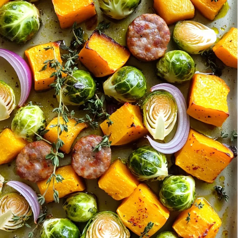 - 1 pound Italian chicken or turkey sausage - 1 medium butternut squash - 2 cups Brussels sprouts - 1 red onion - 2 tablespoons olive oil - 2 teaspoons smoked paprika - 1 teaspoon garlic powder - ½ teaspoon red pepper flakes - Salt and pepper - Fresh thyme leaves - Sheet pan - Mixing bowl - Knife and cutting board When I make Sheet Pan Sausage and Butternut Squash, I love the mix of flavors. The sausage adds a nice, savory taste. The butternut squash brings sweetness. Brussels sprouts and red onion add crunch and depth. This dish is colorful and fills the kitchen with a warm smell. For this recipe, you need just a few main items. First, the sausage is the star. You can use Italian chicken or turkey sausage. Both work well. Next is the butternut squash. Make sure it is ripe and firm. The Brussels sprouts should be fresh and trimmed. Finally, a red onion adds a sweet touch. You’ll also want some seasonings. Olive oil makes everything crisp and golden. Smoked paprika gives a nice, smoky flavor. Garlic powder adds depth, and red pepper flakes (if you like heat) spice things up. Don’t forget salt and pepper. Fresh thyme leaves are a lovely garnish. For tools, gather a sheet pan, mixing bowl, knife, and cutting board. These are all you need. This dish is easy to prepare and clean up is a breeze. - Preheat the oven to 425°F (220°C). - Peel and cube the butternut squash. Start by getting your oven nice and hot. Set it to 425°F (220°C). This heat helps everything roast well. Next, take your butternut squash. Use a sharp knife to peel off the skin. Cut it into small cubes. Aim for about 1-inch pieces. This size helps it cook evenly with the other veggies. - Mix vegetables and seasonings in a bowl. - Incorporate the sausage pieces. In a large mixing bowl, toss your cubed butternut squash with two cups of Brussels sprouts and the sliced red onion. Next, drizzle two tablespoons of olive oil over the mix. Add in two teaspoons of smoked paprika, one teaspoon of garlic powder, and a pinch of red pepper flakes if you like some heat. Don’t forget salt and pepper to taste! Toss everything together until the veggies are well coated. Now, gently add in the sausage pieces. Stir just enough to mix them in without breaking them apart. - Spread mixture on the sheet pan. - Roast in the oven and timing tips. Take a large sheet pan and spread the veggie and sausage mix evenly across it. Make sure it’s in a single layer. This helps everything roast nicely. Place the pan in the oven and set a timer for 25 to 30 minutes. Halfway through, give it a good stir. This action helps all the flavors blend and ensures even cooking. When done, the sausage should be cooked through, and the veggies will be tender and slightly caramelized. Let it cool for a moment before serving. Enjoy! To get the best out of your sheet pan meal, timing is key. Roast your dish at 425°F (220°C) for 25-30 minutes. Stir halfway through cooking to help everything cook evenly. This helps the sausage brown nicely and the veggies become tender. If you like extra crispy edges, leave it in for a few more minutes. Just keep an eye on it! For even roasting, spread the mixture in one layer on the pan. Avoid crowding the pan. If it’s too packed, the food will steam instead of roast, and you won’t get that nice caramelization. Make your dish pop with extra herbs and spices. Try adding rosemary or sage for a warm touch. You can also use thyme, which pairs well with butternut squash. If you want more heat, increase the red pepper flakes to taste. Feel free to customize the heat levels. If you prefer a milder dish, skip the red pepper flakes. You can also add a dash of hot sauce right before serving for that extra kick. This dish stands well on its own, but it pairs great with a fresh side salad. A simple arugula salad with lemon vinaigrette adds a nice crunch and bright flavor. You can also serve it with crusty bread to soak up the tasty juices. For beverages, I recommend a light white wine like Sauvignon Blanc. It complements the flavors well. If you prefer non-alcoholic options, a sparkling water with lemon is refreshing and tasty. {{image_2}} You can switch up the sausage type to fit your taste. Try pork, beef, or even vegan sausage. Each option gives a new flavor twist. If you want more protein, add chicken or shrimp. Chicken brings a nice mild flavor. Shrimp cooks fast and adds a seafood touch. Feel free to mix in seasonal vegetables. Carrots, sweet potatoes, or zucchini work well. They add great taste and color. You can also use root vegetables like parsnips or turnips. These give a hearty, earthy flavor that pairs nicely with the sausage. You can change the style of this dish easily. Add Italian herbs like oregano or basil for a tasty Italian twist. For a BBQ flair, drizzle your favorite BBQ sauce before roasting. Want something sweet? Try teriyaki sauce for a unique Asian flavor. Each twist makes this dish exciting and fun! To store leftovers, let the dish cool first. Place it in a clean, airtight container. This helps keep the flavors fresh. I recommend using glass or BPA-free plastic containers. They work best for storage. You can keep the leftovers in the fridge for up to three days. To reheat, use the oven or a microwave. The oven keeps the dish crispy. Heat at 350°F (175°C) for about 10-15 minutes. Stir halfway through for even warming. If using the microwave, heat in 1-minute bursts. Stir after each minute to avoid drying out. To freeze, pack the cooled dish in a freezer-safe container. You can also use freezer bags. Remove as much air as possible. Label with the date. This dish can last up to three months in the freezer. To thaw, place the container in the fridge overnight. Reheat it in the oven or microwave as mentioned before. Enjoy your meal anytime! To make this dish gluten-free, choose gluten-free sausage. Look for brands that use chicken or turkey without fillers. Ensure your spices, like smoked paprika and garlic powder, are also gluten-free. Most are safe, but always check labels. Serve with gluten-free sides like quinoa or a green salad for a complete meal. Yes, you can prepare this dish ahead of time. Chop the butternut squash, Brussels sprouts, and onion a day before. Store them in the fridge in an airtight container. You can also mix the spices and oil in a small bowl. When you're ready to cook, just combine everything and roast. This saves time and makes dinner easy! Great sides include: - A fresh green salad with a light vinaigrette - Creamy mashed potatoes for a comforting touch - Quinoa or rice to soak up the flavors - Roasted green beans for a crunchy contrast These sides pair well and add variety to your meal. Enjoy! This dish combines Italian sausage, butternut squash, and Brussels sprouts for a hearty meal. We explored the main ingredients, key seasonings, and essential equipment needed to create this recipe. I shared tips for perfect cooking and exciting variations to suit your taste. Overall, this meal is easy to make, flavorful, and versatile. You can adapt it based on what you have, making it ideal for any season. Enjoy the process and savor every bite!