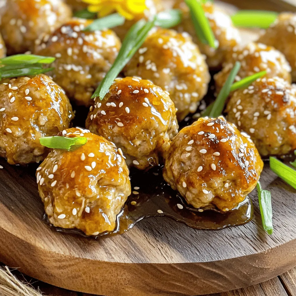 - 1 lb ground chicken - 1/2 cup breadcrumbs - 1/4 cup grated Parmesan cheese - 1/4 cup green onions, finely chopped - 2 cloves garlic, minced - 1/4 cup honey - 3 tablespoons soy sauce (or tamari for gluten-free option) - 1 tablespoon fresh ginger, grated - 1 teaspoon sesame oil - 1/2 teaspoon black pepper - 1/2 teaspoon salt - Sesame seeds for garnish (optional) Ground chicken gives these meatballs a light and juicy flavor. If you prefer, you can use ground turkey instead. Breadcrumbs help bind the meatballs and add texture. You can swap breadcrumbs with crushed gluten-free crackers for a gluten-free option. Parmesan cheese adds a nice salty flavor. If you want a dairy-free option, try nutritional yeast instead. Green onions bring a fresh taste. If you can’t find them, use finely chopped onion. Honey is the star in the sauce. You can replace it with maple syrup for a vegan option. Soy sauce adds umami. For gluten-free, tamari works well. Fresh ginger brightens the dish. If you don't have fresh ginger, ground ginger will do, but reduce the amount. Sesame oil adds depth; if you can't find it, olive oil is a fine substitute. Black pepper and salt enhance the flavor but adjust to your taste. This recipe can suit different diets. For gluten-free eaters, choose tamari and gluten-free breadcrumbs. If you're dairy-free, use nutritional yeast instead of Parmesan cheese. These meatballs are also low in carbs, making them great for those on a keto diet. Always check labels to ensure all ingredients meet your dietary needs. Start by gathering your ingredients. You will need ground chicken, breadcrumbs, and Parmesan cheese. Add finely chopped green onions and minced garlic for flavor. Mix in black pepper and salt to season. Use your hands to combine everything well. Form this mixture into small meatballs, about one inch wide. You should make around 20 meatballs. Next, preheat your air fryer to 400°F (200°C) for about five minutes. Once heated, place the meatballs in the air fryer basket. Make sure they do not touch each other. This helps them cook evenly. You might need to cook them in batches. Air fry the meatballs for 10 to 12 minutes. Check to ensure they are golden brown and cooked through. While the meatballs cook, let’s make the honey garlic sauce. In a small saucepan, add honey, soy sauce, and grated ginger. Pour in sesame oil for extra flavor. Whisk these ingredients together. Cook over medium heat until the sauce simmers and thickens a bit, which should take about three to four minutes. Once ready, remove it from the heat. Now your meatballs and sauce are ready to combine! Drizzle the honey garlic sauce over the cooked meatballs. Toss them gently to coat. Enjoy your delicious air fryer honey garlic chicken meatballs! To get meatballs just right, start with fresh ingredients. Use ground chicken for juicy meatballs. Keep the meatballs about one inch in size. This helps them cook evenly. Do not overcrowd the air fryer. This way, the heat circulates well. Check the internal temperature. It should reach 165°F (74°C). If you want them crispier, add a minute or two. Preheat your air fryer to 400°F (200°C) for five minutes. This step is key for even cooking. Spray the basket with cooking oil to prevent sticking. Place meatballs in a single layer. Leave space between them. Cook in batches if needed. Flip the meatballs halfway through for a nice color. Serve your honey garlic chicken meatballs warm. Drizzle the honey garlic sauce over them for more flavor. Garnish with sesame seeds and chopped green onions. These meatballs pair well with rice or noodles. You can also serve them as appetizers. Add toothpicks for easy eating. Enjoy your tasty meal! {{image_2}} You can easily make these meatballs gluten-free. Just swap regular breadcrumbs for gluten-free breadcrumbs. You could also use oats or crushed rice cakes for a nice texture. For soy sauce, use tamari. This sauce is gluten-free and tastes great. Your meatballs will stay juicy and flavorful. You don't have to stick with honey garlic sauce. Try a sweet chili sauce for a spicy twist. Barbecue sauce can add a smoky flavor. If you want something tangy, use teriyaki sauce. Each sauce gives the meatballs a unique taste that keeps meals exciting. Feel free to get creative with your meatballs! You can add chopped bell peppers for extra crunch. Fresh herbs like cilantro or parsley can bring a fresh taste. For a kick, add red pepper flakes or jalapeños. Mix in cheese, like mozzarella, for a gooey center. The options are endless! To store leftover meatballs, let them cool first. Place them in an airtight container. You can keep them in the fridge for up to three days. If you want to keep them longer, freezing is a great option. When you are ready to eat the meatballs, you can reheat them easily. Place the meatballs in the air fryer at 350°F (175°C) for about 5-7 minutes. This method keeps them crispy. You can also use the microwave, but the texture may change. To freeze the meatballs, first let them cool completely. Lay them out on a baking sheet in a single layer. Once frozen, transfer them to a freezer bag. They can stay in the freezer for up to three months. When you want to use them, thaw them in the fridge overnight before reheating. Yes, you can use ground turkey. It works well in this recipe. The flavor will be slightly different, but still tasty. Ground turkey is leaner than chicken. This can make the meatballs less juicy. To fix this, add a bit more honey or oil. This keeps them moist and flavorful. These meatballs pair well with rice or noodles. You can also serve them with a simple salad. Try adding steamed broccoli or green beans for a healthy touch. For a fun twist, place them in slider buns. Drizzle more honey garlic sauce on top. This makes for a tasty meal or snack. Check if the meatballs are golden brown. You can also use a meat thermometer. They should reach an internal temperature of 165°F (74°C). If you cut one open, the meat should not be pink. The juices should run clear. This shows they are fully cooked and safe to eat. This blog post discussed how to make honey garlic chicken meatballs. We covered ingredients, cooking steps, and tips for success. You learned about substitutions and dietary options. I shared how to store leftovers and answered common questions. In conclusion, these meatballs are easy to make and yummy. They fit many diets and are fun to serve. I hope you try this recipe soon!