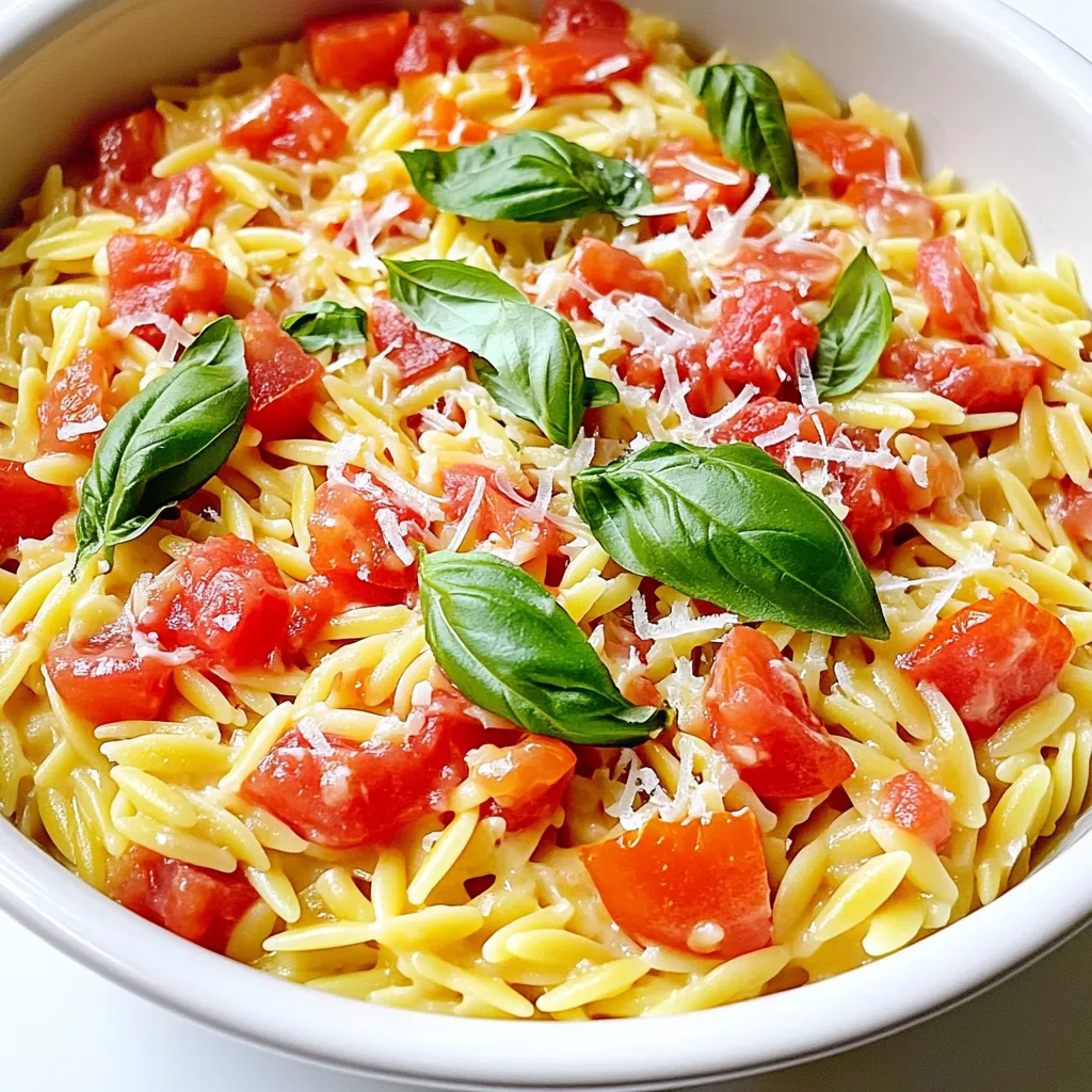 - 1 cup orzo pasta - 2 tablespoons olive oil - 1 small onion, finely chopped - 3 cloves garlic, minced - 1 can (14.5 oz) diced tomatoes, undrained - 1 cup vegetable broth - 1/2 cup heavy cream - 1 cup fresh basil leaves, chopped - Salt and pepper to taste - Grated Parmesan cheese for garnish This dish is simple yet full of flavor. You will love how the orzo pasta cooks in the broth and tomato sauce. The creamy texture from the heavy cream makes it rich and satisfying. The fresh basil adds a bright taste that pairs well with the tomatoes. If you want to change things up, there are good options. You can use gluten-free pasta if you need a gluten-free meal. For a vegan version, swap the heavy cream for coconut cream or cashew cream. Nutritional yeast can replace the Parmesan cheese for a cheesy flavor without dairy. You can also use fresh tomatoes if you prefer, just chop about two cups. Each serving has about 320 calories. You get around 12g of protein and 15g of fat, mostly from the cream and olive oil. The dish also has about 40g of carbs, making it a hearty meal. Plus, it includes vitamins from the basil and tomatoes, adding some health benefits. This dish is not just tasty; it also packs some nutrition. 1. Start by heating the olive oil in a large saucepan over medium heat. 2. Once hot, add the finely chopped onion. Sauté it until soft, about 3-4 minutes. 3. Next, stir in the minced garlic. Sauté for 1-2 minutes until it smells good. 4. Add the orzo pasta to the pan. Stir well to coat it in the oil. Toast the orzo for about 2 minutes, stirring often. 5. Pour in the diced tomatoes with their juices and the vegetable broth. Bring this mixture to a boil. 6. When it boils, reduce the heat to low and cover the pan. Let it simmer for 10-12 minutes. Stir occasionally until the orzo cooks and most of the liquid is gone. 7. Take the pan off the heat. Stir in the heavy cream and chopped basil. Add salt and pepper to taste. Sautéing helps build flavor in your dish. Always keep the heat moderate so the onions cook evenly. Stir often to prevent burning. When simmering, keep the lid on. This traps steam and helps the orzo cook well. Stir occasionally to keep the pasta from sticking. To serve, ladle the creamy orzo into bowls. Garnish with grated Parmesan cheese on top. Add a few fresh basil leaves for a pop of color. Serve warm for the best taste. This dish looks great and tastes even better! Many cooks struggle with overcooking the orzo. This creates a mushy texture. To avoid this, check the orzo a minute early. You want it al dente, not soft. Also, don't skip the sautéing step. This helps build flavor. If you forget to toast the orzo, it will lack that nice, nutty taste. Want to kick up the flavor? Add a pinch of red pepper flakes for heat. You can also stir in a splash of balsamic vinegar. This adds a sweet and tangy note. Fresh herbs work wonders, too. Try adding parsley or thyme alongside the basil. You can even toss in a handful of spinach for extra nutrients. You need a large saucepan for this dish. A good wooden spoon makes stirring easier. I also recommend a sharp knife for chopping. It saves time and effort. Lastly, use a measuring cup for the orzo. This ensures you get the right amount. These tools will make your cooking smoother and more enjoyable. {{image_2}} You can make this creamy tomato basil orzo even more exciting. Try adding some cooked chicken or shrimp for protein. You can also toss in some spinach or kale for extra greens. If you like a bit of heat, add red pepper flakes. Mushrooms can add a nice earthy flavor too. For a twist, consider adding olives or sun-dried tomatoes. These add-ins will give your dish a new flavor profile. If you need a gluten-free dish, swap out orzo for gluten-free pasta. Quinoa or rice can also work well. To make it dairy-free, replace heavy cream with coconut milk or a nut-based cream. Nutritional yeast can give a cheesy flavor without dairy. Just make sure to check all labels to ensure they fit your dietary needs. These adjustments keep the dish tasty while fitting your lifestyle. This orzo dish pairs well with many sides. A simple green salad can balance the creaminess. You might also serve it with garlic bread for a comforting meal. Roasted vegetables are another great choice to add some crunch. For a lighter option, try a fresh tomato salad. Each of these sides complements the flavors of the creamy tomato basil orzo beautifully. Store your creamy tomato basil orzo in an airtight container. Make sure it cools down to room temperature first. This helps keep the dish fresh. Place the container in the fridge. It will stay good for up to three days. Reheat individual portions in the microwave or on the stove. Add a splash of broth if it seems dry. To freeze this dish, let it cool completely. Then, transfer it to a freezer-safe container. Seal it tightly to prevent freezer burn. It can last up to three months in the freezer. When you're ready to eat it, thaw it overnight in the fridge. Reheat on the stove, adding a bit of cream or broth for creaminess. Creamy tomato basil orzo stays fresh for about three days in the refrigerator. If you freeze it, it can last for three months. After this time, the flavors may fade, and the texture may change. For the best taste, enjoy it within these time frames. Yes, you can. While orzo gives a nice texture, other pastas work well too. You can use: - Arborio rice for a risotto-style dish. - Ditalini for a bite-sized option. - Couscous for a fun twist. Each type will change the dish slightly, but they will still taste great! To make this meal vegetarian, just use vegetable broth. Here are some tips: - Skip the Parmesan cheese or use a vegetarian alternative. - Add more veggies like spinach or mushrooms. - Use plant-based cream for richness. These swaps keep the dish yummy and meat-free! If you need a substitute for heavy cream, here are some good options: - Coconut milk for a rich and creamy flavor. - Cashew cream for a nutty taste. - Silken tofu blended until smooth for a dairy-free option. These alternatives keep your dish creamy and delicious! This blog post covered ingredients, cooking steps, and useful tips for your dish. I shared substitutions and nutritional info to help you make smart choices. You learned key tips to avoid mistakes and enhance flavor. Finally, we discussed how to store and serve your meal. In closing, use these insights to create a dish that delights your taste buds. Enjoy your cooking journey!