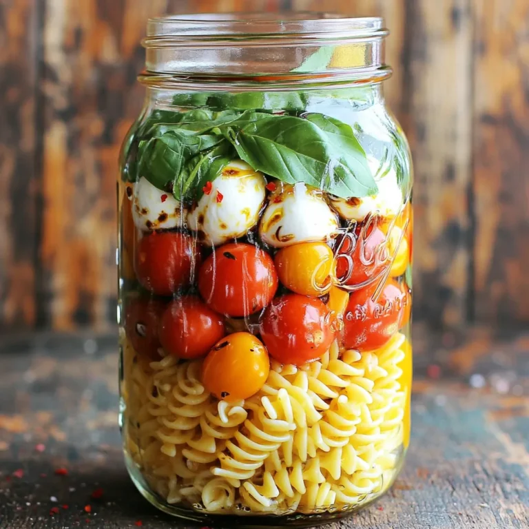 - 2 cups cooked pasta (fusilli or bowtie) - 1 cup cherry tomatoes, halved - 1 cup fresh mozzarella balls (bocconcini) - 1/2 cup fresh basil leaves, torn - 1/4 cup olive oil - 2 tablespoons balsamic vinegar - 1 clove garlic, minced - Salt and pepper to taste - Optional: 1/4 teaspoon red pepper flakes for a kick In this Caprese Pasta Salad, the ingredients blend to create a bright taste. You need cooked pasta, cherry tomatoes, mozzarella, and fresh basil. The pasta can be fusilli or bowtie—both work well. I love how the colors pop in this dish. The dressing is key. I whisk olive oil, balsamic vinegar, minced garlic, salt, and pepper together. If you want a little heat, add red pepper flakes. This dressing makes every bite burst with flavor. When you combine these fresh ingredients, you get a salad that is both eye-catching and delicious. It’s perfect for lunch or a picnic. Plus, it stays fresh in a mason jar. You can prepare it ahead of time and enjoy it later! To make the dressing, start with a small bowl. In it, whisk together 1/4 cup of olive oil and 2 tablespoons of balsamic vinegar. This mix adds flavor and richness to the salad. Next, add 1 clove of minced garlic, salt, and pepper to taste. If you like some spice, toss in 1/4 teaspoon of red pepper flakes. Whisk until it’s nicely blended. This dressing brings all the flavors together. In a large bowl, combine 2 cups of cooked pasta, 1 cup of halved cherry tomatoes, and 1 cup of fresh mozzarella balls. Don’t forget to add 1/2 cup of torn fresh basil leaves. These ingredients create a colorful and tasty mix. Now, pour the dressing over the salad mixture. Toss gently until everything is evenly coated. This step ensures every bite bursts with flavor. To layer your salad in the mason jar, start with a layer of the dressing at the bottom. This keeps the other ingredients fresh. Next, add the pasta mixture on top of the dressing. Pack it down slightly to create more layers. Now, add layers of cherry tomatoes and mozzarella balls. Finish with any remaining basil leaves. Seal the jar tightly and refrigerate for at least 30 minutes. This wait allows the flavors to meld beautifully. When you're ready to eat, just shake the jar to mix everything again and enjoy! To keep your Caprese pasta salad fresh, layer it right! Start with the dressing at the bottom. This keeps the other ingredients from getting soggy. Next, pack the pasta mixture on top. Add cherry tomatoes and mozzarella in layers. This helps everything stay neat and tasty. Taste is key! You can adjust the seasoning to your liking. Add more salt or pepper if you want. If you love herbs, try adding oregano or thyme. A sprinkle of fresh herbs boosts the flavor. When it's time to eat, shake the jar to mix the flavors. This makes every bite tasty. You can serve it with grilled chicken or a fresh green salad. It pairs well with crusty bread or a light soup too! {{image_2}} You can change the pasta shape to mix things up. Fusilli and bowtie pasta work well, but you can try penne or rotini too. Each shape offers a different texture and holds the sauce differently. For cheese, fresh mozzarella is a favorite. You might swap it for feta or goat cheese. Both add a unique tangy flavor that can elevate your dish. If you want more protein, grilled chicken or shrimp are great options. They add heartiness and make the salad a full meal. Just chop them into bite-sized pieces and toss them in. For a vegetarian twist, beans work wonderfully. Chickpeas or black beans add protein and a nice texture. They also blend well with the salad's flavors. Incorporating seasonal vegetables can make your salad fresh and exciting. In summer, add cucumbers or bell peppers for crunch. In fall, try roasted sweet potatoes or butternut squash for warmth. You can adapt this recipe for any occasion. For a holiday, add festive colors with red and yellow cherry tomatoes. For a picnic, keep it simple and light with just pasta and basil. Each season brings new flavors, so have fun exploring! To keep your Caprese Pasta Salad fresh, you should layer the ingredients correctly. Start with the dressing at the bottom. This keeps the pasta from getting soggy. Next, add the pasta mixture, then the tomatoes, mozzarella, and basil. Seal the jar tightly, and store it in the fridge. - Keep it cool: Always place the jars in the coldest part of your fridge. - Avoid air exposure: Make sure the lid fits snugly to keep air out. When stored correctly, your salad can last up to four days in the fridge. Always check for freshness before enjoying. - Signs it’s gone bad: Look for off-smells, slimy textures, or visible mold. If you see any of these, throw it away. Making this salad ahead of time is a smart move for busy days. You can prepare several jars at once. This makes lunch easy to grab. - Portioning: Fill each jar with enough for one meal. This way, you have a quick option ready to go. - Mixing it up: If you want a change, try adding different veggies or proteins. This keeps your meals exciting! Yes, you can. Making this salad a day ahead saves time. You get to enjoy the flavors more as they blend. To keep it fresh, store it in the fridge. Use a tight lid on the mason jar. Try to add the basil right before you serve it. This way, it stays bright and tasty. I love using fusilli or bowtie pasta. These shapes hold the dressing well and add fun to your plate. You can also use gluten-free pasta if needed. Look for shapes like gluten-free fusilli or penne. They work just as well. You can serve it warm, but it’s best cold. If you want a warm dish, try reheating the pasta before mixing. You can warm it gently on the stove or in the microwave. Mix it with the other ingredients quickly. Just remember, this salad shines when served cold. This blog post covers a vibrant pasta salad recipe that shines with fresh ingredients. You learned about the key components, the dressing, and how to layer it neatly in a mason jar. Plus, there are tips for flavor and storage. Experimenting with different ingredients can keep this dish exciting. Whether you add protein or seasonal veggies, the options are endless. Enjoy making this meal, and share it with others to brighten their day!