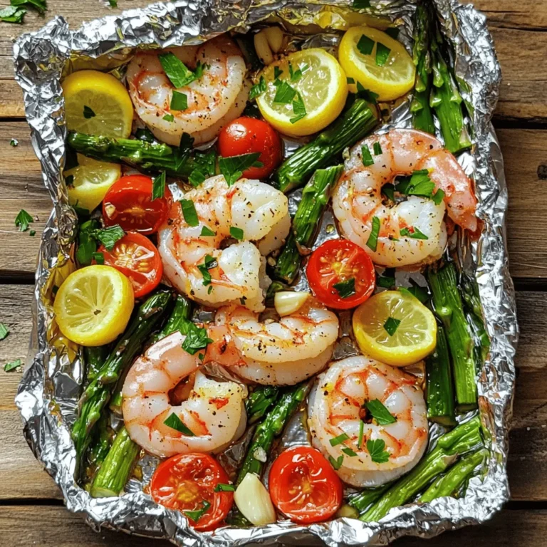 To make Lemon Garlic Shrimp Foil Packs, you need simple, fresh ingredients. Here’s what you will need: - 1 pound large shrimp, peeled and deveined - 4 cloves garlic, minced - 2 tablespoons olive oil - 1 lemon, juiced and zested - 1 teaspoon paprika - 1 teaspoon dried oregano - Salt and pepper to taste - 1 cup cherry tomatoes, halved - 1 cup fresh asparagus, trimmed and cut into 2-inch pieces - 2 tablespoons chopped fresh parsley (for garnish) These ingredients come together to create a bright and tasty dish. The shrimp provide a sweet and savory base. The garlic adds a nice kick. The lemon brings a fresh zest, making it all pop. You can play with the flavors by adding extra seasonings. Here are some ideas: - Red pepper flakes for heat - Fresh basil for an herby touch - Lemon slices for extra citrus - Grated Parmesan for creaminess Feel free to mix and match these options. They let you tailor the dish to your taste. Pairing your Lemon Garlic Shrimp Foil Packs with the right sides makes the meal special. Here are some great choices: - Rice or quinoa for a filling base - Garlic bread to soak up the juices - A fresh green salad for crunch - Steamed vegetables to keep it light These sides make the meal balanced and satisfying. Enjoy creating your perfect plate! First, gather your shrimp and other ingredients. You need one pound of large shrimp, peeled and deveined. Next, take four cloves of garlic and mince them finely. In a large bowl, mix the shrimp with the minced garlic. Add two tablespoons of olive oil and the juice and zest of one lemon. Sprinkle in one teaspoon of paprika and one teaspoon of dried oregano. Lastly, season with salt and pepper to taste. Toss everything together until the shrimp is well coated. Now, let’s get the foil packs ready. Cut four pieces of aluminum foil, each about 12 inches by 12 inches. Lay them flat on a clean surface. Divide the shrimp mixture evenly among the foil pieces. On top of each shrimp portion, add a handful of halved cherry tomatoes and a few pieces of trimmed asparagus. Fold the foil over the shrimp and vegetables tightly to seal each pack. Make sure they are secure to hold in all the flavors. You can cook these foil packs on a grill or in the oven. If using a grill, preheat it to 400°F (200°C). If you prefer the oven, do the same. Place the foil packs on the grill or on a baking sheet for the oven. Cook for about 10 to 12 minutes. The shrimp should turn pink and opaque, while the vegetables become tender. When done, carefully open the packs, letting the steam escape. Garnish with fresh parsley before serving. To make shrimp taste great, use fresh ingredients. Start with large shrimp, peeled and deveined. You want to mix them with garlic, lemon juice, and zest. Paprika and oregano add flavor. Remember to sprinkle salt and pepper to taste. Toss everything well in a bowl. This way, each shrimp gets coated nicely. To keep your vegetables crunchy, don’t overcook them. When you prepare your foil packs, add cherry tomatoes and asparagus. Cut the asparagus into 2-inch pieces for even cooking. Place them on top of the shrimp, but avoid crowding the pack. This method allows steam to escape, keeping veggies firm. Cooking times are key for perfect foil packs. Grill or bake your packs for 10-12 minutes at 400°F (200°C). Check the shrimp; they should turn pink and opaque. The vegetables should be tender but still crisp. If you like your shrimp more cooked, leave them on for a few minutes longer. Just don’t let them get rubbery! {{image_2}} You can switch shrimp for other proteins. Chicken works great in foil packs. Cut the chicken into small pieces. Use the same marinade. Cook it until fully done. Fish is another tasty choice. White fish like cod or tilapia pairs well with lemon. Just be careful with cooking time. Fish cooks faster than shrimp. Feel free to mix up the veggies! Broccoli or bell peppers add nice crunch. You could also use zucchini or green beans. Just remember to cut them small. This way, they will cook evenly. Adjust the cooking time if needed. Adding corn or snap peas can boost flavor too! Want to change the flavor? Add spices like cayenne for heat. A pinch of chili powder gives a nice kick. Fresh herbs like thyme or basil can brighten up the dish. Try adding a splash of white wine for depth. You could also experiment with different citrus juices. Lime or orange can add a fun twist! After enjoying your Lemon Garlic Shrimp Foil Packs, you may have some leftovers. To store them, let the foil packs cool down first. Then, transfer the contents to an airtight container. Make sure to keep shrimp and veggies together. This helps keep the flavors intact. Store the container in the fridge for up to three days. When you want to enjoy your leftovers, reheating is easy. Place the shrimp and veggies in a microwave-safe dish. Cover it with a damp paper towel to keep moisture in. Heat on medium power for about 2-3 minutes, stirring halfway. Check that the shrimp are heated through and hot. If you prefer, you can also reheat in a skillet over medium heat. Just stir until warm. If you want to save your Lemon Garlic Shrimp Foil Packs for longer, freezing is a great option. First, let the foil packs cool completely. Then, transfer the shrimp and veggies to a freezer-safe bag or container. Squeeze out as much air as you can before sealing. You can freeze them for up to three months. When ready to eat, thaw in the fridge overnight. Then, reheat as mentioned above. Yes, you can prepare the shrimp mixture ahead of time. Mix the shrimp, garlic, olive oil, lemon juice, zest, and spices. Store it in the fridge for up to 24 hours. When you're ready, just assemble the foil packs and cook them. To reheat leftovers, use the oven or microwave. If using the oven, preheat it to 350°F (175°C). Place the foil pack on a baking sheet and heat for about 10 minutes. For the microwave, transfer the shrimp and veggies to a safe dish. Heat for 1-2 minutes or until warm. You can cook these foil packs on the grill or in the oven. For the grill, preheat to 400°F (200°C) and cook for 10-12 minutes. In the oven, set it to the same temperature and follow the same cooking time. Both methods yield delicious results! Lemon garlic shrimp foil packs are simple and tasty. We covered the main ingredients and how to customize them. I shared step-by-step instructions and key tips to ensure success. You also learned about different proteins and veggies to swap in. Lastly, I explained how to store extras and answered your common questions. This dish is not only easy to make but also fun to share. Enjoy experimenting with flavors and make it your own!