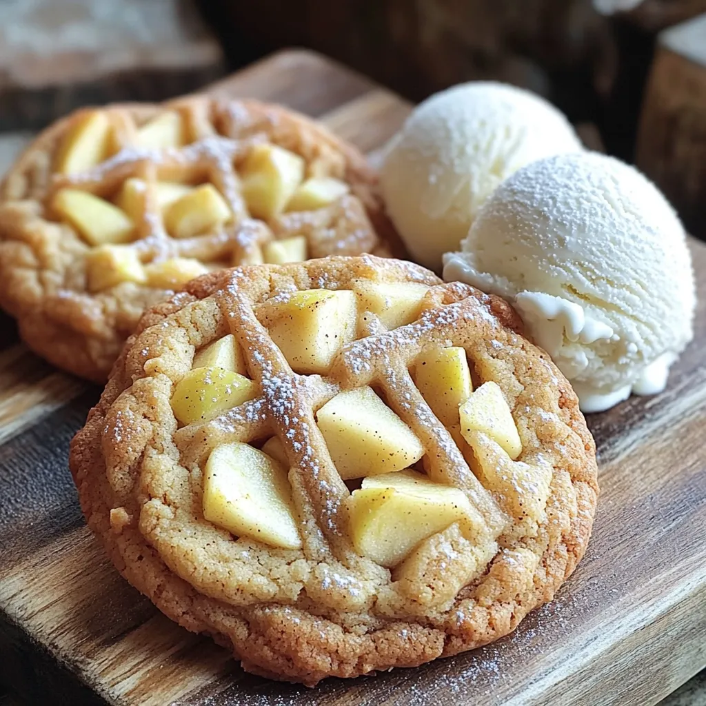 To make these tasty apple pie cookies, gather the following ingredients: - 2 cups all-purpose flour - 1/2 teaspoon baking soda - 1/2 teaspoon baking powder - 1/4 teaspoon salt - 3/4 cup unsalted butter, softened - 1 cup brown sugar, packed - 1 large egg - 1 teaspoon vanilla extract - 1/2 teaspoon cinnamon - 1 1/2 cups apples, peeled, cored, and diced (about 2 medium apples) - 1/4 cup granulated sugar (for tossing with apples) - 1 tablespoon lemon juice (to prevent browning) - 1/2 cup oats (optional for added texture) For this recipe, you need specific amounts for each ingredient. The flour gives structure. The butter adds moisture and flavor. The brown sugar adds sweetness and depth. The egg binds the dough. Apples bring freshness. Each ingredient plays a key role. - Flour: Choose a brand you trust. Look for fresh all-purpose flour for the best results. - Butter: Use unsalted butter. It allows you to control the salt in the recipe. - Apples: Select firm apples, like Granny Smith or Honeycrisp. They hold their shape well. - Brown Sugar: Pick soft brown sugar. It should feel moist and clump slightly when pressed. - Spices: Use fresh cinnamon for a vibrant flavor. Old spices lose their potency. Selecting good ingredients makes a big difference. It enhances the taste of your cookies. Happy baking! First, set your oven to 350°F (175°C). This heat will help the cookies bake perfectly. Next, line a baking sheet with parchment paper. This step makes it easy to remove the cookies later. In a large bowl, take 3/4 cup of softened butter and 1 cup of brown sugar. Beat them together until the mix is light and fluffy. This can take about two minutes. Then, crack in one large egg and add 1 teaspoon of vanilla extract. Mix well until everything is combined. In another bowl, whisk together 2 cups of all-purpose flour, 1/2 teaspoon of baking soda, 1/2 teaspoon of baking powder, 1/4 teaspoon of salt, and 1/2 teaspoon of cinnamon. Set this dry mix aside. In a separate bowl, take 1 1/2 cups of peeled, cored, and diced apples. Toss these apples with 1/4 cup of granulated sugar and 1 tablespoon of lemon juice. If you like, add 1/2 cup of oats for extra texture. Gradually mix the dry ingredients into the wet mix. Stir until just combined. Then, fold in the apple mixture gently. Use a cookie scoop or a tablespoon to drop the dough onto the baking sheet. Space them about 2 inches apart. Bake for 12-15 minutes. The edges should be lightly golden when ready. Let them cool on the sheet for a few minutes before transferring to a wire rack. Enjoy these tasty treats warm! To get the best texture for your apple pie cookies, use soft butter. This helps create a light and fluffy dough. Make sure you mix the dough just until combined. Overmixing can make the cookies tough. Adding oats gives a nice chewiness, so consider this if you want a heartier bite. Store your cookies in an airtight container. This keeps them soft and fresh. If you want to keep them longer, you can freeze them. Just place the cookies in a freezer bag, and they will last for up to three months. When you’re ready to eat them, let them thaw at room temperature. You can swap some ingredients based on your needs. For a lighter option, try using coconut oil instead of butter. If you're looking for a gluten-free treat, use almond flour instead of all-purpose flour. You can also mix in nuts or dried fruit for extra flavor. {{image_2}} You can add fun ingredients to your apple pie cookies. Try tossing in 1/2 cup of oats for a chewy texture. Nuts like walnuts or pecans add crunch and flavor. You can also fold in chocolate chips for a sweet twist. Raisins or dried cranberries bring a hint of tartness. Be creative! These mix-ins can make the cookies even more delicious. If you want gluten-free apple pie cookies, you can use gluten-free flour. Look for a 1:1 baking blend that works well in cookies. This keeps the taste and texture nice. Also, make sure your baking powder and soda are gluten-free. Always check labels to be safe. You can enjoy these treats without worry! You can change the flavors based on the season. In fall, add pumpkin spice for a cozy touch. In spring, use lemon zest for a fresh taste. You might try adding a bit of nutmeg for warmth. You can even swap apples for pears during summer. These twists keep the recipe fun and new all year long! To keep your apple pie cookies fresh, store them in an airtight container. Place parchment paper between layers to prevent sticking. This method helps maintain their soft texture. Keep the container in a cool, dry place. If you live in a warm area, consider the fridge. Cookies can stay fresh for up to a week this way. You can freeze these cookies for longer storage. First, let them cool completely. Then, place them in a single layer on a baking sheet. Freeze until solid, about one hour. After that, transfer them to a freezer bag. Make sure to remove as much air as possible. They can stay frozen for up to three months. To reheat your cookies, use an oven for the best results. Preheat the oven to 350°F (175°C). Place cookies on a baking sheet. Heat for about 5-8 minutes until warm. You can also use a microwave. Heat for about 10-15 seconds. Be careful not to overheat, or they may become tough. Enjoy them warm for the best flavor! To stop apples from turning brown, toss them with lemon juice. The acid in lemon juice slows down oxidation. Use about one tablespoon of lemon juice for 1.5 cups of diced apples. This simple step keeps your apples looking fresh and tasty. Yes, you can! Feel free to swap apples with other fruits. Pears, peaches, or berries work great. Just remember, each fruit has a different moisture level. Adjust baking time if needed to ensure perfect cookies. Apple pie cookies stay fresh for about three days at room temperature. Store them in an airtight container to keep them soft. If you want them to last longer, refrigerate them for up to a week. You can make the dough ahead! Chill it in the fridge for up to two days. When ready to bake, scoop and shape the cookies. Letting the dough rest helps the flavors blend and gives you a better texture. Apple pie cookies are a fun twist on a classic treat. We discussed the key ingredients, how to mix them, and step-by-step baking. I shared tips to ensure perfect texture and storage for freshness. You can try different mix-ins and gluten-free options for unique flavors. Remember to keep your cookies safe with proper storage and follow easy reheating tips. Enjoy your baking, and create delicious cookies to share with friends and family!