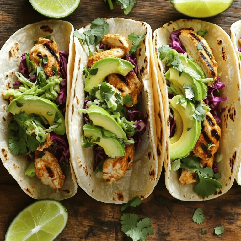 - 2 large chicken breasts - 2 tablespoons chili powder - 1 teaspoon cumin - 1 teaspoon garlic powder - Zest and juice of 2 limes - 2 tablespoons olive oil - Salt and pepper to taste - 8 small corn tortillas - 1 cup shredded red cabbage - 1 avocado, sliced - ½ cup fresh cilantro, chopped - Lime wedges for serving The main ingredient in this recipe is chicken breasts. They soak up the marinade well and cook evenly. The marinade adds a tangy and spicy flavor. You’ll also need tortillas to hold all the tasty fillings. For toppings, I love using shredded cabbage for crunch, creamy avocado, and fresh cilantro for a burst of flavor. Lime wedges add that final zesty touch. You will need specific amounts to get the best taste. Here’s a quick guide: - Chicken: 2 large breasts for four servings. - Spices: 2 tablespoons chili powder, and 1 teaspoon each of cumin and garlic powder. - Lime: Use the zest and juice of 2 limes for a bright flavor. - Olive oil: 2 tablespoons help the spices stick to the chicken. - Tortillas: 8 small corn tortillas work best for folding. - Cabbage: 1 cup shredded for a crunchy bite. - Avocado: 1 sliced for creaminess. - Cilantro: ½ cup chopped for freshness. - Lime wedges: A few for serving. If you want more tacos, you can double the chicken and toppings. Adjust spices based on your taste. This way, you can enjoy these tacos with friends or family. To make the marinade, mix these in a bowl: - 2 tablespoons chili powder - 1 teaspoon cumin - 1 teaspoon garlic powder - Zest and juice of 2 limes - 2 tablespoons olive oil - Salt and pepper to taste Add the two large chicken breasts to the bowl. Make sure to coat them well in the marinade. For the best flavor, let the chicken marinate for at least 30 minutes. You can also let it sit for up to 2 hours in the fridge. This extra time helps the flavors soak into the chicken. You can cook the chicken on a grill or in a skillet. If you choose a grill, heat it to medium-high. Place the marinated chicken on the grill and cook for about 6-7 minutes on each side. If using a skillet, do the same. The chicken is done when it reaches an internal temperature of 165°F (75°C). After cooking, let the chicken rest for 5 minutes before slicing it. This keeps it juicy. To warm the tortillas, use a dry skillet over medium heat. Heat each corn tortilla for about 30 seconds on each side. This makes them nice and pliable. Warm tortillas are key for tasty tacos. They hold the filling well and add a soft texture. Now it's time to put it all together! Start by placing slices of the grilled chicken on each warmed tortilla. Next, add a layer of shredded red cabbage and a few slices of avocado. Top it off with fresh cilantro for bright flavor. For a zesty kick, squeeze some extra lime juice on top. You can also serve lime wedges on the side for extra fun! Marinating chicken is key to great taste. It allows spices to soak in and enhances flavor. I recommend marinating for at least 30 minutes. For more flavor, go up to 2 hours. You can adjust spices based on your taste. Add more chili powder for heat or lime juice for tang. To avoid dry chicken, don’t overcook it. Cook until it reaches 165°F (75°C). Let it rest for 5 minutes after cooking. This keeps juices inside. For tortillas, warm them gently. Use a dry skillet for about 30 seconds on each side. This makes them soft and easy to fold. Plating tacos can be fun and creative. Stack them on a colorful plate. Use a small bowl of lime wedges on the side. Add sliced avocado on top for a pop of color. Fresh cilantro adds visual appeal. It looks great and tastes fresh. {{image_2}} You can change the chicken with other proteins. Try shrimp, beef, or tofu for a twist. Each option brings a new taste to your tacos. For tortillas, you can switch corn for flour or whole wheat. Each type adds a different texture. If you want a gluten-free option, look for special gluten-free tortillas. To change the spice mix, try adding different herbs. Oregano or smoked paprika can give a new flavor. You can also use spices from other cuisines, like curry or za’atar. Want more heat? Add some chopped jalapeños or a dash of hot sauce. For sweetness, try mango or pineapple chunks. Each addition can change the taco's profile. These tacos pair well with simple sides. Serve them with black beans or Mexican rice. You might also enjoy a fresh salad with lime vinaigrette. For drinks, try a cold beer or a fruity margarita. A lime-flavored soda can also be a fun choice. Each of these options complements the bold flavors of your tacos. To store your leftover chili lime chicken tacos safely, first cool them down. Place any extra chicken, tortillas, and toppings in separate containers. Use airtight containers to keep them fresh. I recommend glass or plastic containers with tight lids. This helps prevent odors from mixing in your fridge. Proper storage keeps your food safe for up to three days. When you are ready to enjoy your tacos again, gently reheat the chicken. Use a skillet over low heat for the best results. This method keeps the chicken juicy. For the tortillas, warm them in a dry skillet for about 30 seconds on each side. This helps avoid dryness and keeps them soft. You want to bring back that fresh taste and texture. If you want to save some for later, freezing works well. Freeze the chicken and toppings separately from the tortillas. Wrap the chicken tightly in plastic wrap, then place it in a freezer bag. For the tortillas, stack them with parchment paper between each one. This prevents them from sticking together. When you are ready to eat, thaw the chicken overnight in the fridge. Reheat it in a skillet, and warm the tortillas as usual. This keeps everything tasting great! Yes, you can prepare many parts ahead. Marinate the chicken in advance. You can do this up to two hours before cooking. For best flavor, let it sit in the fridge. You can also slice the avocado and shred the cabbage ahead of time. Just keep them in separate airtight containers. Warm the tortillas right before serving for the best taste. If you don't want chicken, try other proteins. You can use shrimp or fish for a light option. If you prefer plant-based choices, use tofu or tempeh. Both can soak up the marinade well. Cook them the same way as chicken for great results. The spice level is mild to medium. The chili powder gives it a nice kick without being too hot. If you want more heat, add some cayenne pepper or sliced jalapeños. If you like less spice, reduce the chili powder. You can always adjust to fit your taste. There are many tasty toppings you can add. Besides the avocado and cabbage, try diced tomatoes or radishes. You can also add cheese or a dollop of sour cream. Fresh salsa or hot sauce will give it a nice zing. Lime wedges add a bright flavor too! This blog post covered how to make delicious chicken tacos. We discussed key ingredients, cooking methods, and tips for great flavor. I also shared ideas for variations, storage, and reheating. Tacos are not just tasty; they are fun to make. You can switch up the ingredients and customize them to suit your taste. Get creative with toppings and serving options. With these steps and tips, you can enjoy a fantastic taco meal anytime. Enjoy making, sharing, and savoring your tacos!