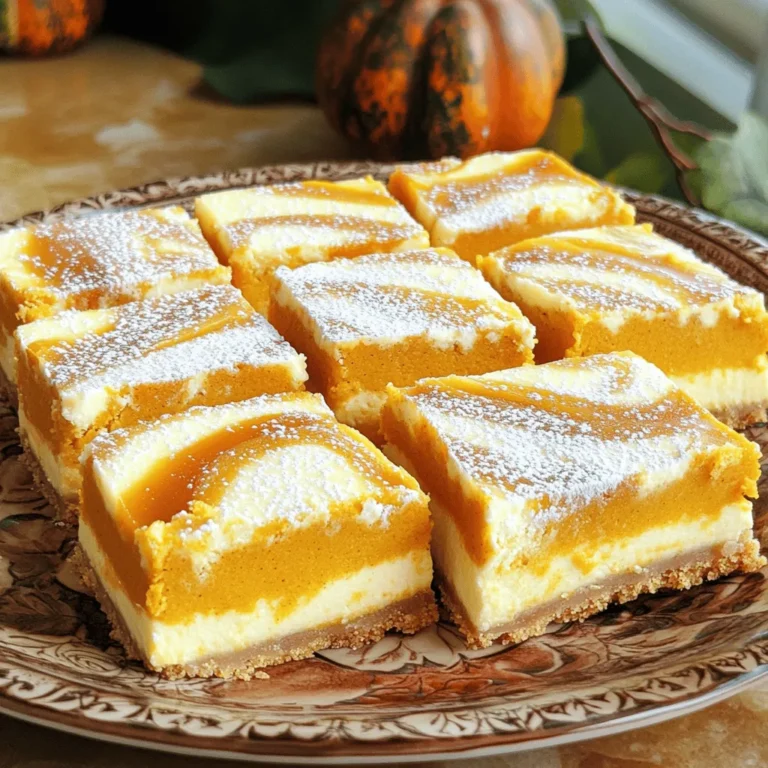 To make these delicious bars, you need the following ingredients: - 1 1/2 cups graham cracker crumbs - 1/4 cup brown sugar - 1/2 cup unsalted butter, melted - 2 cups cream cheese, softened - 1 cup granulated sugar - 2 large eggs - 1 teaspoon vanilla extract - 1 cup canned pumpkin puree - 2 teaspoons pumpkin pie spice - 1/2 teaspoon ground cinnamon - 1/4 teaspoon salt These ingredients create a creamy filling with a rich flavor. The graham cracker crust adds a nice crunch. For extra flair, you can add some fun toppings. Consider these options: - Powdered sugar dusting - Caramel sauce drizzle - Extra pumpkin spice sprinkle - Whipped cream dollops These toppings make your bars look fancy and taste even better! If you need to swap some ingredients, here are a few ideas: - Use almond flour instead of graham cracker crumbs for a gluten-free crust. - Try coconut sugar in place of brown sugar for a different flavor. - Substitute vegan cream cheese for a dairy-free version. These swaps can help you cater to different diets while keeping the taste great! First, set your oven to 350°F (175°C). This warms the oven for baking. Next, grab a 9x13-inch baking dish. You can grease it or line it with parchment paper. Both methods work well. This helps the bars release easily after baking. In a medium bowl, mix 1 1/2 cups of graham cracker crumbs and 1/4 cup of brown sugar. Add in 1/2 cup of melted unsalted butter. Stir until everything blends well. This mixture will form the crust. Press it into the bottom of your prepared baking dish. Bake it for 10 minutes. Let it cool slightly after baking. In a large mixing bowl, beat 2 cups of softened cream cheese with 1 cup of granulated sugar. Mix until it is smooth and creamy. Add 2 large eggs one at a time. Make sure to mix well after each egg. Now, stir in 1 teaspoon of vanilla extract. In another bowl, combine 1 cup of canned pumpkin puree, 2 teaspoons of pumpkin pie spice, 1/2 teaspoon of ground cinnamon, and 1/4 teaspoon of salt. Mix until it is well blended. Spread half of the cream cheese mixture over the cooled crust. Then, add the pumpkin mixture on top of the cream cheese layer. Next, dollop the remaining cream cheese mixture over the pumpkin layer. Take a knife or toothpick and gently swirl the mixtures together. This creates a pretty marbled effect. Bake the bars for 30-35 minutes. The edges should set, and the center will be slightly jiggly. Allow them to cool to room temperature. Refrigerate for at least 2 hours before cutting into bars. To get that creamy texture, use room temperature cream cheese. Cold cream cheese can make your mix lumpy. Mix slowly when adding eggs. This helps keep air in the batter. Air makes your bars light and fluffy. Don’t skip cooling the crust! Let it cool slightly before adding the fillings. If you add layers too soon, they may mix together. Avoid overmixing the batter after adding the eggs. This can cause cracks when baking. Lastly, do not underbake. The edges should set, and the center should jiggle a bit. Use a sharp knife for clean cuts. For better results, dip the knife in hot water and wipe it dry. Cut the bars into even squares for a nice look. If your bars are too soft, chill them longer before cutting. This helps them hold their shape. {{image_2}} You can make these bars gluten-free. Use gluten-free graham cracker crumbs for the crust. Check the label to ensure they are safe. You can also use crushed nuts or oats as a base if you prefer. The rest of the recipe stays the same. This way, everyone can enjoy this fall treat! Want to add some extra flavor? Swirl in some melted chocolate or caramel. After spreading the pumpkin layer, drizzle melted chocolate or caramel on top. Use a knife to create swirls. This will add a rich touch to your bars. It’s a fun way to mix flavors and impress your guests! You can easily make these bars vegan. Instead of cream cheese, use a vegan cream cheese option. Replace the eggs with flax eggs or applesauce. For the crust, ensure your graham crackers are vegan. This way, everyone can enjoy a slice of this creamy delight, no matter their diet! To keep your Pumpkin Spice Cheesecake Swirl Bars fresh, store them in an airtight container. This helps keep moisture out and flavor in. Place a piece of wax paper between layers if stacking. Keep them in the fridge for up to five days. If you don’t plan to eat them right away, freezing is a great option. For long-term storage, slice the bars first. Wrap each slice tightly in plastic wrap. Then, place them in a freezer-safe bag or container. Label it with the date. You can freeze the bars for up to three months. When you are ready to enjoy them, simply take out a slice and let it thaw in the fridge overnight. Reheating these bars is easy. Preheat your oven to 300°F (150°C). Place the bars on a baking sheet. Heat them for about 10 minutes. This warms them up without drying them out. If you prefer, you can also use a microwave. Heat for about 15 to 20 seconds. This will make them soft and creamy again. Enjoy them warm for a cozy treat! Yes, you can make these bars ahead of time. They taste great after chilling for a few hours. You can bake them a day before your event. Just store them in the fridge. This helps the flavors blend well. The longer they sit, the better they taste! These bars pair well with many treats. Here are some ideas: - Whipped cream for a light topping - A scoop of vanilla ice cream for a sweet touch - Fresh apple slices for a crunchy bite - Hot coffee or spiced tea to warm up your evening Check the edges of the bars. They should be set and firm. The center may still jiggle a bit. This is normal as it will firm up when cooling. Use a toothpick to test doneness. If it comes out clean or with a few crumbs, they are ready! In this article, we explored the delightful Pumpkin Spice Cheesecake Swirl Bars. We discussed key ingredients, optional toppings, and possible substitutions. You learned step-by-step how to prepare, bake, and present these treats. I shared expert tips to help you achieve the best texture and avoid common mistakes. Variations like gluten-free and vegan options make this recipe flexible. Finally, proper storage and reheating tips ensure your bars stay tasty. Enjoy making these bars and sharing them with friends! They’re sure to impress everyone.