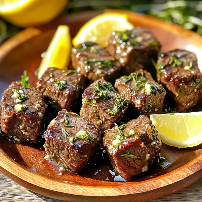 - 1 lb sirloin steak, cut into 1-inch cubes - 4 tablespoons unsalted butter - 4 cloves garlic, minced - 1 teaspoon fresh rosemary, chopped - 1 teaspoon fresh thyme, chopped - 1 teaspoon fresh parsley, chopped - Salt and pepper to taste - 1 tablespoon olive oil - Optional: Lemon wedges for serving - Large skillet - Cutting board - Knife - Measuring spoons Gathering the right ingredients and tools is key to making Garlic Butter Herb Steak Bites. Start with high-quality sirloin steak. This cut is tender and flavorful, perfect for quick cooking. You'll need unsalted butter to create the rich sauce. Garlic adds a punch of flavor. Fresh herbs like rosemary, thyme, and parsley bring a fresh taste. Don't forget salt and pepper for seasoning. For cooking, a large skillet is essential. It gives enough space for the steak bites to brown nicely. A cutting board and knife help you prepare the steak cubes. Measuring spoons ensure you add the right amount of herbs and oil. With all these items ready, you're set for a delicious meal. The combination of ingredients makes this dish easy and full of flavor. First, season your steak cubes with salt and pepper. Make sure to coat them well. Then, heat olive oil in a large skillet over medium-high heat. Wait until the oil is hot before adding the steak. Next, add the steak bites to the skillet in a single layer. Avoid overcrowding the pan. Sear the steak for about 2-3 minutes on each side. Cook until they reach your desired doneness. For medium-rare, aim for 130°F. After searing, remove the steak from the skillet and set it aside. Lower the heat to medium and add the butter to the same skillet. Let the butter melt. Once melted, add minced garlic, rosemary, thyme, and parsley. Stir for about one minute until fragrant. Return the steak bites to the skillet. Toss them in the garlic herb butter. Cook for one more minute until they are heated through. Serve immediately, and feel free to add extra herbs or lemon wedges for a fresh touch. To get your steak just right, use a meat thermometer. Aim for 130°F for medium-rare. This tool helps you avoid guesswork and ensures a juicy bite. Avoid overcrowding the skillet. When you add too many steak pieces, they steam instead of sear. Cook in batches if needed. This way, each piece gets that lovely brown crust. You can add more herbs to boost flavor. Try using fresh oregano or basil for a twist. A pinch of smoked paprika adds a nice depth too. Let the steak rest before serving. Resting allows the juices to settle, giving you a tender bite. Just five minutes on a plate works wonders. Pair your steak bites with simple sides like roasted veggies or mashed potatoes. A crisp salad adds freshness to your meal. For entertaining, make a steak bite platter. Arrange the bites on a large board. Add lemon wedges and fresh herbs for a pop of color. Serve with toothpicks for easy eating. {{image_2}} You can use different cuts of steak for this dish. Ribeye is a great choice. It has more fat, which adds flavor. Tenderloin is another option. It is lean and very tender. Both cuts work well for steak bites. Just adjust the cooking time based on the cut you choose. If you don't have fresh herbs, use dried ones. They are easy to find and still add flavor. You can also try a balsamic glaze for sweetness. Steak rubs with spices can add a nice kick too. Mix and match to find what you love best. You can make this dish low-carb or keto-friendly. Just skip the sides that add carbs, like bread. For a vegetarian version, use mushrooms instead of steak. They soak up the garlic butter well and taste great. Feel free to get creative with your ingredients! To keep your steak bites fresh, store them in the fridge. First, let the steak cool down. Then, place them in an airtight container. This keeps moisture in and air out. A glass or plastic container works great. You can also use a resealable bag. Just squeeze out the air before sealing. Properly stored, they last 3 to 4 days. When you're ready to enjoy leftovers, you want them warm and tasty. The best way to reheat steak bites is in a skillet. Heat it on medium-low. Add a little olive oil or butter to help keep moisture. Cook them for about 2-3 minutes until warm. You can also use a microwave. Just cover the steak bites with a damp paper towel. Heat for about 30 seconds. Check and heat more if needed. But be careful not to dry them out! If you want to save steak bites for later, freezing is a good option. Place the cooled steak in a freezer-safe bag. Try to remove as much air as you can. This helps prevent freezer burn. They can last up to three months in the freezer. When you're ready to eat, thaw them overnight in the fridge. If you're in a hurry, you can use the microwave on the defrost setting. Just be sure to heat them gently to maintain the flavor and texture. The best steak for steak bites is sirloin. It is tender and flavorful. Sirloin cooks well and holds its shape during cooking. You can also use ribeye or tenderloin for a richer taste. Both options add a nice depth of flavor. Yes, you can use frozen steak. Just make sure to thaw it completely first. Thawing lets the steak cook evenly. It also helps the meat absorb the flavors better. For best results, plan ahead and defrost overnight in the fridge. Cooking steak bites takes about 10 to 15 minutes. Searing them in a hot skillet only takes 2 to 3 minutes per side. This time varies based on how well you like your steak cooked. Always check the internal temperature for safety and doneness. Absolutely! You can customize the herbs to fit your taste. Try using basil, oregano, or chives for a different flavor. Fresh herbs bring out the steak's richness. Feel free to mix and match to create your perfect blend. Garlic Butter Herb Steak Bites pair well with many sides. You can serve them with mashed potatoes or rice. Fresh salad or steamed veggies also make a great choice. For a fun twist, serve them on skewers as a party appetizer. This blog post covered making delicious Garlic Butter Herb Steak Bites. We explored the key ingredients, cooking steps, and tips for perfecting your dish. Don't forget the importance of seasoning, using fresh herbs, and letting your steak rest. You can also adjust the recipe to fit your taste. Enjoy pairing these bites with your favorite sides or turning them into a platter. With a little practice, you’ll impress everyone at your next meal. Happy cooking!