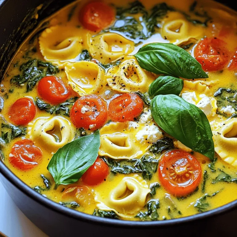 - 8 oz cheese tortellini - 2 cups fresh spinach, roughly chopped - 1 cup cherry tomatoes, halved - 1/2 cup feta cheese, crumbled - 3 cups vegetable broth - 3 cloves garlic, minced - 1 tablespoon olive oil - 1 teaspoon dried oregano - Salt and pepper to taste - Fresh basil leaves for garnish (optional) - Additional feta cheese for serving Gathering the right ingredients is key for this one-pot meal. First, you need cheese tortellini. I love using fresh or frozen ones. They cook quickly and soak up flavors well. Next, grab some fresh spinach. It wilts beautifully and adds color. You’ll also need cherry tomatoes, which add a sweet burst. Feta cheese is a must. It gives a creamy, salty kick to the dish. For the broth, I recommend vegetable broth. It keeps everything light and tasty. Garlic adds a strong aroma and flavor. Olive oil helps to sauté the garlic. Dried oregano adds an earthy taste. Don’t forget salt and pepper for seasoning! Finally, fresh basil leaves are optional but highly recommended. They add a lovely touch when you serve. You can also sprinkle more feta on top for extra flavor. This mix of ingredients creates a tasty, easy meal perfect for busy nights. First, heat 1 tablespoon of olive oil in a large pot over medium heat. Add 3 cloves of minced garlic and sauté for about 1 minute. You want the garlic to smell good, but not burn. Next, pour in 3 cups of vegetable broth and bring it to a simmer. This broth forms the tasty base for your dish. Now, add 8 oz of cheese tortellini to the pot. Cook according to package instructions, usually about 3-5 minutes. It’s key to check the doneness after 3 minutes. You want the tortellini soft but not mushy. Once the tortellini is ready, stir in 2 cups of roughly chopped spinach and 1 cup of halved cherry tomatoes. Cook for an additional 2-3 minutes until the spinach wilts. This makes the dish bright and healthy. Finally, reduce the heat to low and fold in 1/2 cup of crumbled feta cheese. Stir gently until the feta warms up. Don’t forget to season with 1 teaspoon of dried oregano, salt, and pepper to taste. Mix everything well for a lovely flavor. To get the best texture from your tortellini, follow these steps: - Use plenty of water: This helps keep them from sticking. - Check doneness: Taste a piece after 3 minutes. They should be tender but still firm. - Don’t rush the spinach: Add it at the right time. This keeps it bright and fresh. Be careful not to overcook the spinach. It should wilt but still hold its color. If you cook it too long, it may turn mushy. Plating is key for a lovely meal. Here’s how to present your dish: - Serve directly from the pot for a casual vibe. - For a nicer touch, spoon servings into shallow bowls. - Garnish with fresh basil and a sprinkle of feta. This adds color and taste. Pair this dish with a crisp side salad or garlic bread. These options add a nice crunch and complete your meal. Choosing the right pot makes cooking easier. Here are my top picks: - Large pot: A heavy-bottomed pot helps with even cooking. - Wooden spoon: It won’t scratch your pot and is perfect for stirring. - Ladle: Great for serving and makes it easy to scoop. Using these tools makes the process smooth and fun. Enjoy your cooking! {{image_2}} You can swap out the spinach for other greens. Kale, arugula, or Swiss chard all work well. They add different flavors and nutrients. For cheese, try goat cheese or ricotta instead of feta. Each cheese brings its own taste. You can also use chicken broth instead of vegetable broth. This change adds a richer flavor to your dish. To boost flavor, add spices like crushed red pepper or smoked paprika. Fresh herbs like parsley or thyme can add brightness too. For extra protein, mix in cooked chicken, shrimp, or chickpeas. These additions make the dish heartier and more filling. If you're gluten-free, look for gluten-free tortellini. Many brands offer tasty options. For a vegan dish, use plant-based tortellini and skip the feta. Instead, try nutritional yeast for a cheesy flavor. These swaps keep the meal delicious while meeting dietary needs. To keep your One-Pot Spinach Feta Tortellini fresh, let it cool. Then, place it in an airtight container. This helps keep the flavors strong. Store it in the fridge for up to three days. If you want to keep it longer, freezing is a good option. When you are ready to eat leftovers, you can reheat them easily. Use the microwave for quick heating. Place the tortellini in a bowl and cover it with a damp paper towel. Heat in one-minute bursts, stirring in between. For stovetop reheating, use a pan over low heat. Add a splash of broth if it seems dry. Stir often until warmed through. This will keep the dish tasty. Yes, this dish freezes well! To freeze, let the tortellini cool completely. Then, transfer it to a freezer-safe container or bag. Remove any air to prevent freezer burn. It can stay in the freezer for up to three months. When you're ready to eat, thaw it overnight in the fridge. Reheat it using the methods above, and enjoy a quick meal! Cooking this dish takes about 20 minutes in total. - Prep time: 10 minutes to gather and chop ingredients. - Cook time: 10 minutes to simmer and blend flavors. Yes, you can use frozen tortellini. Just add them directly to the pot. - Cook them for about 8-10 minutes. - Check the package for specific cooking times. You can add many veggies to make it heartier. - Try bell peppers for crunch. - Add zucchini for a summer taste. - Peas can add sweetness and color. - Broccoli florets also work well. Feel free to mix and match! This blog post covered a delicious One-Pot Spinach Feta Tortellini dish. We explored main ingredients, cooking steps, and storage tips. I shared helpful tricks to enhance flavor and texture. You can even adapt the recipe to fit dietary needs or use different veggies. Incorporating these ideas will make your cooking easier and more fun. Enjoy making this easy meal that tastes great and looks colorful. Remember, cooking should bring joy and satisfaction to your table. Now, go try it yourself and impress your loved ones!