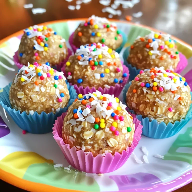 - 1 cup rolled oats - 1/2 cup almond flour - 1/4 cup natural almond butter - 1/4 cup honey or maple syrup - 1 tsp vanilla extract - 1/4 tsp salt These main ingredients create a strong base for your energy bites. Rolled oats give chewiness and fiber. Almond flour adds a nice nutty taste and protein. Almond butter brings creaminess and healthy fats. Honey or maple syrup adds sweetness. Vanilla extract enhances the flavor, while salt balances it all. - 1/2 cup mini rainbow sprinkles - 1/4 cup shredded coconut - 2 tablespoons chia seeds Adding mini rainbow sprinkles makes these bites festive and fun. Shredded coconut adds a tropical twist. Chia seeds boost nutrition with fiber and Omega-3s. You can mix and match these extras to fit your taste. If you need nut-free options, swap almond butter for sun butter. You can also use sunflower seeds in place of almond flour. For a vegan treat, use maple syrup instead of honey. These swaps keep the bites tasty, no matter your diet. To start, you need to mix the dry ingredients. In a large mixing bowl, combine 1 cup of rolled oats and 1/2 cup of almond flour. Stir them well until they blend nicely. This mix will form the base of your energy bites. Next, it's time to combine the wet ingredients. Add 1/4 cup of natural almond butter, 1/4 cup of honey or maple syrup, 1 teaspoon of vanilla extract, and 1/4 teaspoon of salt to the dry mix. Stir everything together until it's sticky but easy to handle. This mixture should feel soft and moist. Now, let’s form the energy bites. Use your hands to scoop out small portions of the mixture. Aim for about 1 inch in diameter. This size is perfect for popping in your mouth. Roll them into balls gently to keep their shape. When you have rolled all the mixture into bites, place them on a baking sheet lined with parchment paper. This step keeps them from sticking and makes cleanup easy. After forming the bites, they need to set. Put the baking sheet in the fridge for about 30 minutes. This chilling time helps them firm up. You’ll find that they hold their shape better when they cool. Once they have set, store the bites in an airtight container. This keeps them fresh and ready for snacking. You can enjoy these bites right away or save them for later! The texture of your energy bites is key. They should feel sticky but still hold together well. If they are too dry, add a bit more almond butter or honey. If they are too wet, sprinkle in more almond flour or oats. Balance is vital for that perfect bite. Add a dash of cinnamon or nutmeg to boost flavor. You can also try different nut butters. Peanut butter or cashew butter can give a unique taste. Experimenting is fun and makes each batch special. Make your treats pop with colorful cupcake liners. They add a festive touch. For serving, arrange your energy bites on a bright plate. Sprinkle extra rainbow sprinkles around them. This makes your snack look even more inviting and fun! {{image_2}} You can have fun with different flavors. Try making chocolate birthday cake energy bites. Just add cocoa powder to the mix. Start with 2 tablespoons and adjust to taste. This gives a rich, sweet twist to the bites. Another tasty option is to make citrus-infused energy bites. Use orange or lemon zest for a fresh flavor. Add about a teaspoon to the mixture. The citrus brightens the taste and adds a nice zing. If you want to change the texture, look for alternatives to almond flour. You can use oat flour or coconut flour instead. Both options work well and keep the bites gluten-free. For sweetness, consider substituting honey with agave nectar. It offers a similar sweetness but is vegan. Just use the same amount as honey in your recipe. Want to give your bites a nutritional boost? Add protein powder. A scoop of vanilla or chocolate protein powder fits perfectly. It makes the bites more filling and great for energy. Incorporating superfoods is another smart choice. Flaxseed is an excellent option. Just add 1-2 tablespoons to the mix. It adds fiber and healthy fats, making your bites even better for you. Store your No-Bake Birthday Cake Energy Bites in an airtight container. This keeps them fresh and tasty. You can place them in the fridge or freezer. If you choose the fridge, they will stay good for a week. For longer storage, freeze them. Just make sure to separate layers with parchment paper. In the fridge, these energy bites last about one week. If you freeze them, they can last up to three months. For the best taste, eat them within a month of freezing. Each energy bite is about a perfect snack size. Enjoy one or two for a quick pick-me-up. You can also pair them with fresh fruit or yogurt for a healthy snack. This adds more nutrition and flavor to your snack time. Yes, you can easily make these energy bites gluten-free. Use certified gluten-free rolled oats instead of regular oats. Check your almond flour to ensure it’s gluten-free as well. This change keeps the recipe safe for those with gluten sensitivities. You can adjust the sweetness by changing the amount of honey or maple syrup. If you want less sweetness, use less syrup. For a sweeter bite, add a bit more. Another option is to use a sweetener like agave nectar, which has a mild flavor. Absolutely! These energy bites are great for kids. They contain rolled oats, which provide fiber. Almond butter adds healthy fats and protein. Rainbow sprinkles make them fun and appealing. Kids will love these tasty snacks, and they are easy to make together. These energy bites are simple and fun to make. You learned about key ingredients like oats, almond flour, and nut butter. I shared tips for how to mix and roll your bites and how to store them. You can tweak flavors and ingredients to fit your tastes or needs, like making them nut-free or vegan. Now, enjoy making these bites! They are great for snacks, delightful for kids, and easy to share.