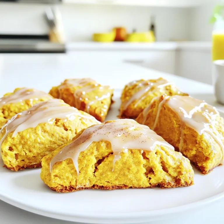 Gathering the right ingredients is key to making delicious Maple Glazed Pumpkin Scones. Here’s what you need: - 2 cups all-purpose flour - 1/2 cup granulated sugar - 1 tablespoon baking powder - 1/2 teaspoon baking soda - 1/2 teaspoon salt - 1 teaspoon ground cinnamon - 1/2 teaspoon ground nutmeg - 1/4 teaspoon ground ginger - 1/2 cup unsalted butter, cold and cubed - 1/2 cup canned pumpkin puree - 1/4 cup heavy cream - 1 tablespoon vanilla extract - 1/2 cup maple syrup (for glaze) - 1 cup powdered sugar (for glaze) Each ingredient plays a role. Flour gives structure, while sugar adds sweetness. Baking powder and soda help the scones rise and become fluffy. The spices bring warmth and flavor. Cold butter creates flaky layers, while pumpkin puree keeps the scones moist. Heavy cream and vanilla add richness. Finally, the maple syrup and powdered sugar form a sweet, shiny glaze. Make sure your butter is cold. This helps create the light texture we love in scones. Using canned pumpkin puree makes the process easy and quick, but feel free to use fresh if you prefer. Each ingredient works together to create a treat that captures the essence of autumn. Enjoy shopping for these lovely ingredients! 1. Preheat your oven to 400°F (200°C) and line a baking sheet with parchment paper. This will help the scones bake evenly. 2. In a large bowl, whisk together the dry ingredients. Combine 2 cups of flour, 1/2 cup of sugar, 1 tablespoon of baking powder, 1/2 teaspoon of baking soda, 1/2 teaspoon of salt, 1 teaspoon of cinnamon, 1/2 teaspoon of nutmeg, and 1/4 teaspoon of ginger. 3. Add 1/2 cup of cold, cubed butter to the dry mix. Use your fingers or a pastry cutter to mix it until it looks like coarse crumbs. 4. In another bowl, blend the wet ingredients. Mix 1/2 cup of pumpkin puree, 1/4 cup of heavy cream, and 1 tablespoon of vanilla extract. Stir until smooth. 5. Pour the wet mix into the dry mix. Gently fold them together. Stop mixing when just combined; the dough should feel slightly sticky. 1. Turn out the dough onto a floured surface. Knead it lightly a few times until it forms a ball. Pat the dough into a circle about 1-inch thick. 2. Cut the circle into wedges. Space them about 2 inches apart on the baking sheet. 3. Bake in the oven for 15 to 18 minutes. They should be golden brown. A toothpick inserted in the center should come out clean. 1. While the scones cool, prepare the glaze. In a small bowl, whisk together 1/2 cup of maple syrup and 1 cup of powdered sugar. Mix until smooth. 2. Once the scones are cool, drizzle or spread the glaze on top of each one. Enjoy this sweet touch! - Avoid over-mixing the dough. This keeps the scones light and fluffy. Mix just until combined. - Check doneness with a toothpick. Insert it in the center. If it comes out clean, they are done. - Ensure butter is cold for flakiness. Cold butter creates little pockets of air, making your scones rise nicely. - Adjust sweetness in the glaze. If you like it less sweet, add less powdered sugar. - Experiment with additional flavors. Try adding a pinch of vanilla or a dash of maple extract for extra depth. - Serve on a rustic wooden platter. This adds charm and warmth to your table. - Garnish with cinnamon and maple syrup. A simple sprinkle and drizzle make the scones look fancy and tasty. {{image_2}} You can make these scones even more fun! Try adding chocolate chips or chopped nuts to the dough. Chocolate gives a nice sweet touch. Nuts add crunch and flavor. You can also change the spices. For example, try cardamom instead of ginger. This gives a warm and cozy taste. Want to make these scones gluten-free? Use a gluten-free flour mix instead of all-purpose flour. It works great and keeps the scones fluffy. If you prefer vegan options, swap the butter for coconut oil or vegan butter. Use plant-based cream, like almond or coconut cream, too. Your scones will still taste amazing! You’ve learned how to make delicious pumpkin scones from start to finish. We covered the key ingredients, step-by-step instructions, and helpful tips. Remember to avoid over-mixing for flakiness. Feel free to try fun variations or adjust the glaze. These scones are great fresh or stored for later. Enjoy sharing your treats with family and friends. Making these scones is easy and fun, so grab your ingredients and start baking today!