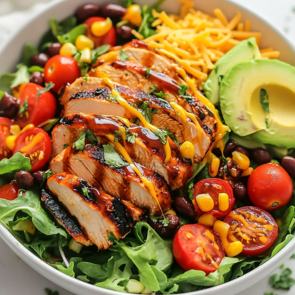 - 2 grilled chicken breasts, sliced - 4 cups mixed salad greens (romaine, spinach, arugula) - 1 cup cherry tomatoes, halved - 1 cup corn kernels (fresh, frozen, or canned) - 1/2 cup black beans, rinsed and drained - 1/2 red bell pepper, diced - 1/4 red onion, thinly sliced - 1/2 cup shredded cheddar cheese - 1 avocado, sliced - 1/3 cup BBQ sauce - 1/3 cup ranch dressing - Salt and black pepper to taste - Fresh cilantro, for garnish The ingredients for my BBQ Ranch Chicken Salad are simple yet packed with flavor. You need two grilled chicken breasts, sliced for easy eating. The salad greens mix includes romaine, spinach, and arugula. I love adding cherry tomatoes, corn, and black beans for a pop of color and taste. The red bell pepper and red onion give the salad a nice crunch. I also like to toss in some shredded cheddar cheese and creamy avocado for richness. To finish, I drizzle BBQ sauce and ranch dressing on top. A dash of salt and pepper brings everything together. Finally, a sprinkle of fresh cilantro adds a lovely touch. Each ingredient plays a part in making this salad fresh and satisfying. {{ingredient_image_1}} To start, grill the chicken breasts. First, season them with salt and black pepper. This simple step adds great flavor. Grill over medium heat for about 6-7 minutes on each side. You want the chicken to be cooked through, so check the temperature. Once done, remove it from the heat. Let it rest for a few minutes before slicing. This helps keep the juices inside. Now, let's assemble the salad. In a large bowl, combine your salad greens. I like to use romaine, spinach, and arugula for a fresh mix. Add the halved cherry tomatoes, corn, black beans, diced red bell pepper, and thinly sliced red onion. Mix these ingredients well. Next, it's time to add the sliced grilled chicken. Drizzle the BBQ sauce and ranch dressing on top. Toss the salad gently to coat everything evenly. For the final touches, fold in the sliced avocado. This adds creaminess to the salad. Then, sprinkle the shredded cheddar cheese on top. Taste your salad and adjust the seasoning with more salt and black pepper if needed. Serve the salad right away. Garnish each plate with fresh cilantro for a pop of color and flavor. Enjoy your meal! Grilling chicken can be tricky. Here are some common mistakes to avoid: - Too much heat: High heat can burn the outside while leaving the inside raw. - Not resting: Always let the chicken rest after grilling. It helps keep it juicy. For grilling times, aim for about 6-7 minutes per side. Use a meat thermometer to check for doneness. The chicken should reach 165°F. Marinades add great flavor. A simple mix of olive oil, lemon juice, and spices will work wonders. Let your chicken soak for at least 30 minutes before grilling. Fresh herbs can make your salad pop. Try adding cilantro or parsley for brightness. Balancing flavors is key. The BBQ sauce adds sweetness, while ranch dressing brings creaminess. Adjust the ratios to fit your taste. For crunch, consider adding nuts or seeds. Toasted pumpkin seeds or walnuts can elevate your salad. Prepping ingredients in advance saves time. Chop veggies like bell peppers and onions the day before. Store them in airtight containers. Keep salad components separate to maintain freshness. Mixed greens can wilt quickly if dressed too early. For best practices, store dressings in small jars. This keeps flavors fresh until you're ready to eat. Pro Tips Perfectly Grilled Chicken: To ensure juicy chicken breasts, let them rest for at least 5 minutes after grilling before slicing. This allows the juices to redistribute, keeping the meat moist. Mixing Dressings: For a unique flavor, consider mixing your BBQ sauce and ranch dressing in a separate bowl before adding it to the salad. This helps achieve a more balanced taste. Fresh Ingredients: Use fresh ingredients whenever possible, especially for the salad greens and vegetables. This enhances the flavor and nutritional value of your salad. Customize Your Salad: Feel free to customize the salad by adding other proteins like shrimp or tofu, or additional toppings like crispy bacon or crunchy tortilla strips for extra texture. {{image_2}} You can swap grilled chicken for turkey or shrimp. This change adds a new taste. Turkey has a mild flavor, while shrimp gives a nice bite. If you want a vegetarian option, try adding tofu or chickpeas. Tofu absorbs flavors well, making it a tasty choice. Chickpeas are hearty and add protein, too. You can also explore other proteins like beef or fish. Each option brings a unique flavor to your BBQ ranch chicken salad. Using seasonal vegetables keeps your salad fresh and exciting. In the summer, add ripe peaches or cucumbers for a crisp touch. In the fall, try roasted sweet potatoes or squash. These ingredients blend well with BBQ flavors. You can also highlight fruits that pair nicely. Pineapple and mango add a sweet twist. Adapting with different types of beans, like kidney or pinto beans, can change the texture and taste. This variety lets you enjoy the salad year-round. Customizing with homemade BBQ sauce can elevate your salad. You can mix ketchup, brown sugar, and a dash of vinegar for a quick sauce. Trying different ranch dressing flavors can also be fun. Consider spicy ranch or garlic ranch for a kick. If you want something lighter, explore vinaigrettes. A simple lemon vinaigrette adds brightness. These options let you create your perfect BBQ ranch chicken salad. To keep your BBQ Ranch Chicken Salad fresh, follow these tips: - Use airtight containers: Place leftovers in a sealed container. This helps prevent spoilage. - Separate chicken and greens: Store chicken and salad greens apart. This keeps everything crisp. - Dressings on the side: Keep BBQ sauce and ranch dressing in separate containers. This stops sogginess. Grilled chicken can be reheated, but keep it simple: - Use low heat: Warm the chicken slowly in a pan or microwave. High heat can dry it out. - Avoid reheating salad: Salads are best fresh. If you must, just warm the chicken. - Add fresh toppings: After reheating, add fresh greens or avocado for crunch and flavor. Knowing how long your salad stays fresh is key: - Refrigerate promptly: Store the salad in the fridge right after eating. It lasts about 3 days. - Check for spoilage: Look for wilting greens, odd smells, or discoloration. Toss if you see these signs. - Label your containers: Write the date on your storage containers. This helps you keep track of freshness. You can prep this salad a day before. Start by grilling the chicken. Slice it up and store it in an airtight container. Mix the salad greens, tomatoes, corn, beans, pepper, and onion in another container. Keep the dressings separate until you’re ready to eat. This keeps everything fresh and tasty. For best storage, use glass or plastic containers with tight lids. Keep salads in the fridge, but avoid freezing them. The textures can change. When you’re ready to serve, combine the chicken and veggies, then add the dressings. You can swap ranch dressing for many tasty options. Try blue cheese dressing for a bold flavor. Yogurt dressing adds creaminess while being lighter. For a kick, use spicy ranch or a vinaigrette. Each option brings a different flavor to the salad. If you want a fresh twist, try avocado dressing. It’s creamy and healthy. Keep in mind that each dressing will change the taste of your BBQ Ranch Chicken Salad. This salad is packed with healthy ingredients. Grilled chicken provides lean protein. Mixed greens add vitamins and minerals. Tomatoes, corn, and beans offer fiber and antioxidants. Avocado adds healthy fats, making it a balanced meal. To make it even healthier, use low-fat ranch or BBQ sauce. You can also add more veggies and cut back on cheese. This way, you still enjoy great flavor while boosting nutrition. BBQ Ranch Chicken Salad brings together fresh flavors and hearty ingredients. We covered how to prepare the chicken, assemble the salad, and select dressings. I shared tips for perfecting your grilling and storing leftovers. You can even switch proteins or dressings for new twists. This salad is simple, tasty, and a great meal choice. Enjoy creating your own version and experiment with flavors that delight!