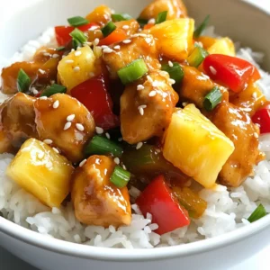In this recipe, we need a mix of fresh and pantry staples. Each ingredient adds a unique flavor to the dish. Here’s what you will need: - 2 boneless, skinless chicken breasts, cut into bite-sized pieces - 1 cup pineapple chunks (fresh or canned) - 1 red bell pepper, diced - 1 green bell pepper, diced - 1 small onion, chopped - 1/2 cup sugar - 1/3 cup apple cider vinegar - 1/4 cup soy sauce (low sodium preferred) - 2 tablespoons ketchup - 1 tablespoon cornstarch mixed with 2 tablespoons water (slurry) - 2 tablespoons vegetable oil - Salt and pepper to taste - Cooked rice, for serving These ingredients work together to create that perfect sweet and tangy taste. The chicken gives protein, while the pineapple adds a fresh twist. The bell peppers bring crunch and color. The sugar, vinegar, and soy sauce create a balanced sauce that ties it all together. Using low sodium soy sauce helps to keep the dish healthier. Enjoy this colorful mix in your bowl! {{ingredient_image_1}} To start, I season the chicken pieces with salt and pepper. I make sure each piece gets a nice coating. Then, I let them rest for a few minutes. This resting time helps the seasoning soak in. Next, I mix the sauce. In a bowl, I whisk together sugar, apple cider vinegar, soy sauce, and ketchup. The sugar adds sweetness, while the vinegar gives a nice tang. I set this sauce aside for later use. Now, it’s time to cook. I heat vegetable oil in a large skillet over medium-high heat. I add the seasoned chicken and sauté it until it turns golden brown, about 5 to 7 minutes. Once cooked, I remove the chicken and set it aside. Then, I stir-fry the chopped onion and bell peppers in the same skillet. I cook them for 3 to 4 minutes until they begin to soften. They should look bright and colorful. Now, I add the pineapple chunks and the cooked chicken back into the skillet. I pour the sauce mixture over everything and stir well to combine. To thicken the sauce, I bring the mixture to a gentle boil. I stir in the cornstarch slurry to achieve the right consistency. I let it cook for an extra 2 to 3 minutes, stirring occasionally. When the sauce thickens and everything is heated through, it’s ready to serve. For the final touch, I remove the skillet from the heat. I serve the sweet and sour chicken hot over cooked rice. A colorful bowl makes it look even better. To ensure your chicken is cooked through, cut it into small pieces. This helps it cook evenly. Sauté the chicken until it is golden brown. It should take about 5 to 7 minutes. Always check that the inside is no longer pink. For the right sauce consistency, make a cornstarch slurry. Mix 1 tablespoon of cornstarch with 2 tablespoons of water. Stir it into the sauce when it boils. This will help thicken your sweet and sour sauce perfectly. Garnish your dish for a beautiful look. Use sesame seeds and fresh cilantro on top. This adds color and makes it more appealing. Serve the sweet and sour chicken over rice. You can use white or brown rice. A colorful bowl makes the dish pop and draws in your guests. If you want different flavors, try using mango instead of pineapple. You can also add ginger for a spicy kick. For diet-friendly options, replace chicken with tofu or shrimp. If you want less sugar, use a sugar substitute or reduce the amount. These swaps keep the dish tasty and enjoyable. Pro Tips Marinate for Flavor: For extra flavor, marinate the chicken pieces in a mixture of soy sauce, garlic, and ginger for at least 30 minutes before cooking. Use Fresh Ingredients: Whenever possible, opt for fresh pineapple and vegetables to enhance the flavor and texture of your dish. Adjust Sweetness: Feel free to adjust the amount of sugar in the sauce to suit your taste preference; you can reduce it for a less sweet dish. Perfect Rice: Serve your sweet and sour chicken over jasmine or basmati rice for a fragrant complement to the dish. {{image_2}} You can make sweet and sour chicken even better with spices. Adding ginger gives it a warm kick. Garlic adds a rich flavor that blends well. You can also try different vegetables. Broccoli, snap peas, or carrots add color and crunch. Each choice brings its own taste. Experiment with what you love. If chicken isn’t your favorite, try shrimp. It cooks quickly and absorbs flavors well. Tofu is a great option for a plant-based meal. It soaks up the sauce nicely. Beef works too; just cut it thin. Each protein option makes this dish unique. Switching fruits in your sauce can change the whole dish. Mango adds a tropical twist. It gives sweetness and a smooth texture. Peaches are another great choice. They provide a juicy bite that contrasts with the sauce's tang. Feel free to explore with your favorite fruits! Store your sweet and sour chicken in an airtight container. This keeps it fresh and tasty. It can last in the fridge for about 3 to 4 days. Make sure it cools down before you seal it. This helps prevent moisture build-up and sogginess. To reheat your chicken, use a skillet over low heat. This warms it gently, keeping the chicken juicy. You can also use the microwave. Just cover it with a damp paper towel. This helps retain moisture while heating. Stir halfway through to warm evenly. To freeze your sweet and sour chicken, let it cool completely. Transfer it to a freezer-safe bag or container. Remove as much air as possible to prevent freezer burn. It can stay frozen for up to 3 months. To thaw, place it in the fridge overnight before reheating. You can store Sweet and Sour Chicken in the fridge for up to three days. Make sure to place it in an airtight container. This keeps it fresh and safe to eat. If you want to keep it longer, you can freeze it. In the freezer, it can last for about three months. Just remember to thaw it in the fridge before reheating for the best taste. Yes, you can make Sweet and Sour Chicken ahead of time. It’s great for meal prep! Cook the chicken and sauce as normal. Store them separately to keep the chicken crispy. When you’re ready to eat, just heat them together. This way, you’ll enjoy fresh flavors even after a few days. Sweet and Sour Chicken pairs well with many sides. Here are some great options: - Cooked rice: White, brown, or jasmine rice work well. - Steamed broccoli: Adds a nice crunch and color. - Fried rice: A tasty twist that complements the dish. - Noodles: Lo mein or rice noodles are delicious choices. - Spring rolls: They add a fun, crispy side to your meal. Feel free to mix and match these sides to create a fun dinner! This article covered how to make delicious Sweet and Sour Chicken. You learned about key ingredients, step-by-step cooking, and storage tips. Simple tweaks can add your personal touch to the dish. Remember, you can substitute proteins and vegetables for variety. With these tips, you can impress friends and family with your cooking. Enjoy each bite of your meal and share it with loved ones. Your kitchen is now ready for a tasty adventure!