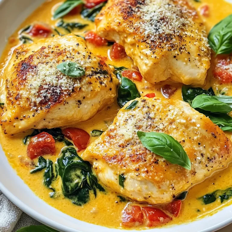 - 4 boneless, skinless chicken breasts - Salt and pepper to taste - 2 tablespoons olive oil - 3 cloves garlic, minced - 1 can (14 oz) diced tomatoes, drained - 1 cup heavy cream - 1 cup fresh spinach, roughly chopped - 1/2 cup grated Parmesan cheese - 1 teaspoon dried Italian herbs (oregano, thyme, basil) - Fresh basil leaves for garnish For the chicken breasts, use about 6 ounces each. This size ensures they cook evenly. The salt and pepper should coat both sides of the chicken, about 1 teaspoon of salt and a half teaspoon of pepper will do. Olive oil should be just enough to coat the skillet, which is about 2 tablespoons. You will need 3 cloves of garlic, minced finely for rich flavor. The heavy cream adds a creamy texture; use one full cup. The fresh spinach should be roughly chopped, about one cup. For cheese, half a cup of grated Parmesan adds depth. The dried Italian herbs should be a mix, totaling 1 teaspoon. If you want to swap chicken for something else, try turkey or tofu for a meatless option. You can use vegetable broth instead of olive oil for a lighter flavor. If you want a lighter dish, consider using half-and-half instead of heavy cream. Any fresh greens can work instead of spinach; kale or arugula are great choices. For cheese, you can replace Parmesan with pecorino or nutritional yeast for a vegan option. If you don’t have fresh basil, dried basil works too. Just use half the amount since dried herbs are stronger. {{ingredient_image_1}} First, take your chicken breasts. Season both sides with salt and pepper. This step adds flavor to each bite. Use about a teaspoon of salt and pepper for even seasoning. Set the chicken aside while you get the skillet ready. Heat 2 tablespoons of olive oil in a large skillet over medium heat. Once hot, add the seasoned chicken breasts. Cook each side for about 5 to 6 minutes. You want them golden brown and cooked through. Check for doneness by cutting into the thickest part. Remove the chicken and set it aside on a plate. In the same skillet, lower the heat to medium-low. Add 3 cloves of minced garlic. Sauté for about 1 minute until you smell that rich aroma. Next, add a 14 oz can of drained diced tomatoes. Stir well and let it cook for 2 to 3 minutes. Now, pour in 1 cup of heavy cream. Stir until everything blends together. Bring this mixture to a gentle simmer. Add in 1 cup of roughly chopped spinach and 1/2 cup of grated Parmesan cheese. Stir until the spinach wilts and cheese melts, which takes about 2 to 3 minutes. Finally, mix in 1 teaspoon of dried Italian herbs. Return the cooked chicken to the skillet. Let it simmer for an extra 5 minutes. This helps the chicken soak up those amazing flavors. Taste the sauce and adjust seasoning if needed. Add more salt or pepper for your liking. To cook the chicken just right, start with room temperature breasts. This helps them cook evenly. Season both sides well with salt and pepper. When you heat the olive oil, make sure it’s hot before adding chicken. Cook for about 5-6 minutes on each side. Look for a golden color. Always check the internal temperature; it should reach 165°F. Rest the chicken for a few minutes before serving. This keeps them juicy. For a thicker sauce, let it simmer longer. You can also add a little more Parmesan cheese. If the sauce is too thick, add a splash of chicken broth or water. This helps balance flavors and keeps it creamy. Adjust the cream as needed. A bit more cream will make the sauce richer. To boost flavor, add some crushed red pepper flakes. They give a nice kick. A splash of lemon juice at the end brightens the dish. Fresh herbs, like basil, can really lift the flavors. Don’t skip the garnish; fresh basil makes it look nice and adds aroma. If you like garlic, add more minced garlic when cooking the sauce. This brings out a deep flavor. Pro Tips Perfectly Cooked Chicken: Ensure the chicken is at room temperature before cooking for even cooking and juiciness. Flavor Boost: Add a splash of white wine after sautéing the garlic to deglaze the pan and enhance the flavor. Freshness Matters: Use fresh spinach instead of frozen for better texture and flavor in the dish. Customize Your Cream: For a lighter version, substitute half of the heavy cream with chicken broth for a delicious twist. {{image_2}} You can make Creamy Tomato Tuscan Chicken healthier. Substitute heavy cream with Greek yogurt. This swap cuts fat and adds protein. Use low-fat cheese instead of regular Parmesan. You can also use chicken thighs for more flavor without extra calories. Adding veggies boosts nutrition and taste. Try adding zucchini or bell peppers. You can also mix in mushrooms for earthiness. Broccoli florets add crunch and color. Just chop them small, so they cook fast. Toss them in when you add the spinach. If you want to change the protein, use shrimp or tofu. Shrimp cooks quickly and absorbs flavors well. Tofu is great for a plant-based option. Cube it and sauté until golden. You can even use turkey or pork if you like. Just adjust the cooking time for different meats. You can store leftover creamy tomato Tuscan chicken in the fridge. Place it in an airtight container. It will stay fresh for up to 3 days. When you are ready to eat, just remember to check for any signs of spoilage. Always trust your senses. If it smells off or looks strange, throw it out. Freezing is a great option for this dish. First, let it cool completely. Then, place the chicken in a freezer-safe bag or container. Make sure to remove as much air as possible. This helps prevent freezer burn. You can freeze it for up to 3 months. When you're ready, just thaw it in the fridge overnight before reheating. Reheating creamy tomato Tuscan chicken is easy. You can use the microwave or the stovetop. If using the microwave, heat in short bursts. Stir in between to heat evenly. If using the stovetop, place it in a pan over low heat. Add a splash of cream or water to keep it moist. Stir until hot. Enjoy your delicious meal again! To add some heat to your dish, try these ideas: - Add red pepper flakes to the sauce. Start with a pinch. - Use diced jalapeños or serrano peppers for fresh heat. - Mix in a splash of hot sauce. Taste and adjust as needed. These additions will give your creamy tomato Tuscan chicken a nice kick. Spice levels can vary, so adjust to your taste. You have many tasty options to pair with this dish: - Serve it over pasta, like fettuccine or penne. - Pair with crusty bread to soak up the sauce. - A fresh salad with greens and a light vinaigrette works well. - Roasted vegetables add a nice touch and color. These sides will complement the dish and create a full meal. Yes, you can prepare this dish in advance. Here’s how: - Cook the chicken and sauce as directed. - Allow it to cool completely, then store in an airtight container. - Refrigerate for up to three days. When you’re ready to eat, gently reheat on the stove over low heat. Add a splash of cream to restore creaminess. Enjoy your meal! In this post, you learned about making Creamy Tomato Tuscan Chicken. We covered the key ingredients, how to prep and cook the chicken, and tips for perfect results. I also shared variations to keep meals exciting, plus storage and reheating tips. Remember, you can customize this dish with different proteins or veggies. Enjoy your cooking adventure and make it your own!
