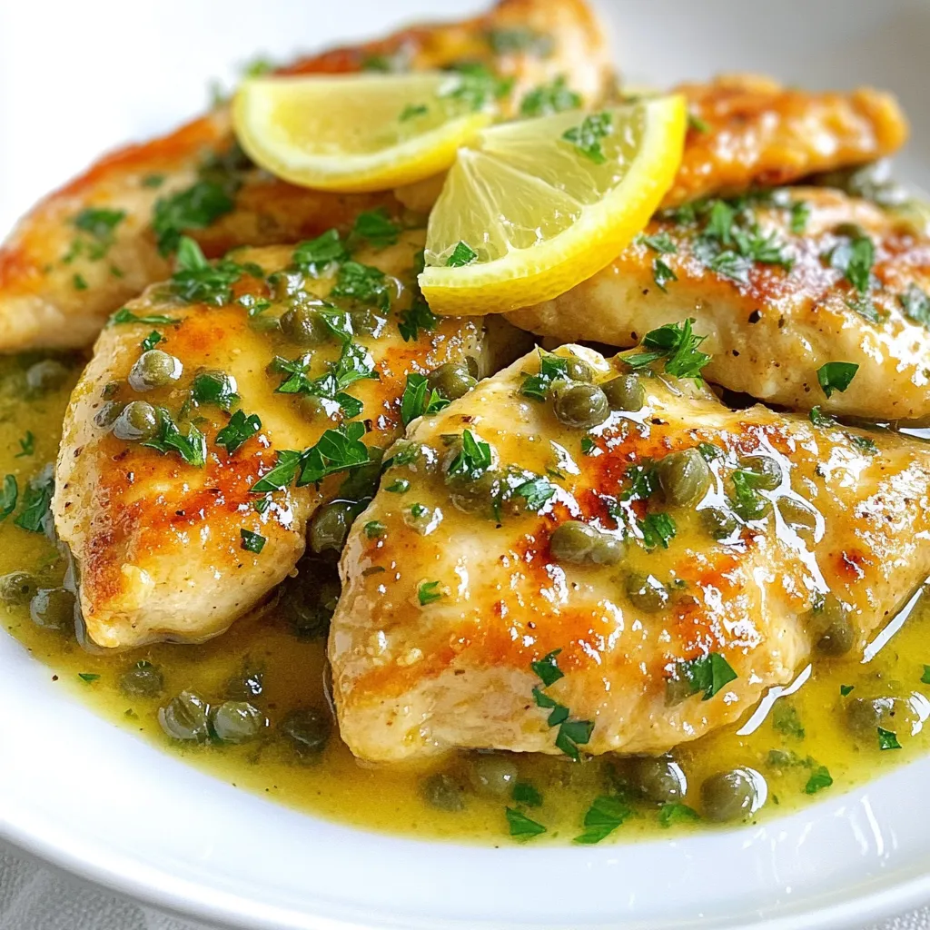 - Chicken and seasoning essentials - 4 boneless, skinless chicken breasts - Salt and pepper to taste - 1 cup all-purpose flour - Cooking fats and flavor boosters - 1/4 cup olive oil - 1/4 cup unsalted butter - 2 cloves garlic, minced - Additional key ingredients - 1 lemon, juiced (about 1/4 cup) - 1 cup chicken broth - 2 tablespoons capers, rinsed and drained - Fresh parsley, chopped (for garnish) For this dish, I love using fresh ingredients. The chicken breasts give a nice base, while the salt and pepper bring out their flavor. Dredging the chicken in flour helps create a delicious crust when you fry it. The olive oil and butter blend is key for cooking. They add richness and depth to the dish. Don’t skip the garlic; it adds a lovely aroma. The lemon juice gives the sauce a bright, zesty taste. Capers are the star in this recipe. They provide a tangy punch that makes each bite exciting. Finally, fresh parsley is perfect for garnish. It adds a pop of color and freshness to your plate. Gather these ingredients, and you'll be ready to create a tasty chicken piccata with capers that everyone will love! {{ingredient_image_1}} Start by placing the chicken breasts between two pieces of plastic wrap. Use a flat object to gently pound them until they are about 1/2 inch thick. This helps the chicken cook evenly. After pounding, season both sides with salt and pepper. Next, take 1 cup of all-purpose flour and spread it out on a plate. Dredge each chicken breast in the flour, shaking off any extra flour. This step gives the chicken a nice crust when cooked. In a large skillet, heat 1/4 cup of olive oil and 2 tablespoons of unsalted butter over medium heat. Wait until the oil is hot, but not smoking. Carefully place the coated chicken breasts in the skillet. Cook the chicken for about 4 to 5 minutes on each side. You want them to turn golden brown and be fully cooked. Once done, transfer the chicken to a plate and set aside. In the same skillet, add the remaining 2 tablespoons of butter and 2 minced garlic cloves. Sauté the garlic for about 30 seconds until it smells fragrant. Now, pour in the juice of 1 lemon and 1 cup of chicken broth. Use a wooden spoon to scrape up any browned bits stuck to the pan. These bits add great flavor to your sauce. Let the sauce simmer for about 3 to 5 minutes. This helps it reduce and thicken slightly. Stir in 2 tablespoons of rinsed and drained capers. These little flavor bombs add a salty, tangy kick. Return the cooked chicken breasts to the pan. Spoon the sauce over the chicken and let it warm up for 1 to 2 minutes. Remove the skillet from the heat. Garnish with fresh chopped parsley before serving. This adds a pop of color and freshness to your dish. Serve the chicken piccata on a nice platter with extra sauce drizzled on top. Enjoy! To get perfect chicken texture, pound the chicken breasts gently. Aim for about 1/2 inch thick. This helps them cook evenly. Season both sides with salt and pepper for flavor. For the right sauce consistency, simmer the sauce after adding lemon juice and chicken broth. Scrape the browned bits from the pan. This adds depth and flavor. Allow the sauce to reduce for about 3-5 minutes. It should coat the back of a spoon. To boost flavor, consider adding fresh herbs like thyme or basil. They pair well with the lemon and capers. You could also sprinkle in red pepper flakes for heat. If you want extra zing, swap lemon juice for lime juice. You can also use white wine in place of some chicken broth. Both will add a unique twist to your dish. Pro Tips Use Fresh Ingredients: Always opt for fresh lemons and high-quality capers for the best flavor in your piccata sauce. Don't Overcrowd the Pan: Cook the chicken breasts in batches to ensure they brown nicely and cook evenly without steaming. Adjust the Sauce to Your Taste: Feel free to tweak the amount of lemon juice and capers based on your preference for tanginess and saltiness. Rest the Chicken: Let the cooked chicken rest for a few minutes before serving to keep it juicy and tender. {{image_2}} If you need gluten-free options, you can use almond flour instead of all-purpose flour. It gives a nice flavor without the gluten. You can also use cornstarch. Just make sure to coat the chicken well. For dairy-free options, swap the unsalted butter with more olive oil or use a dairy-free butter. This will keep your dish creamy without the dairy. For side dishes, lemon butter pasta works great with chicken piccata. A fresh green salad adds a nice crunch. You could also serve it with steamed veggies or garlic bread to soak up the sauce. When it comes to wine pairing, a crisp white wine like Pinot Grigio is a perfect match. The wine's bright flavor complements the lemon and capers well. Another good choice is Chardonnay, which adds richness to the meal. To store your chicken piccata, let it cool first. Place leftovers in an airtight container. This keeps it fresh for up to three days in the fridge. You can also cover the dish with plastic wrap. When reheating, use the stove or microwave. Heat it on low to avoid drying out the chicken. Add a splash of broth for moisture. You can freeze chicken piccata for later. Wrap it tightly in plastic wrap, then place it in a freezer bag. This helps prevent freezer burn. Label the bag with the date. It stays good for about three months. When you are ready to eat it, thaw it overnight in the fridge. Reheat gently in a pan or microwave. Add a little broth to keep the sauce flavorful. What is chicken piccata? Chicken piccata is a classic Italian dish. It features chicken breasts cooked in a lemony sauce. The sauce includes capers, which add a briny flavor. The dish is simple yet very tasty. Can I customize the recipe? Yes, you can customize this recipe! You might add herbs like thyme or basil. Try different types of chicken, or swap in other vegetables. Just keep the core flavors of lemon and capers. How do you know when the chicken is cooked? You can tell chicken is cooked when it reaches 165°F (75°C). The meat should be white and no longer pink. If you cut into it, the juices should run clear. What can I use instead of capers? If you don't have capers, you can try olives or pickles. Both give a nice salty flavor. You might also use a splash of vinegar for a tangy taste. Can I use chicken thighs instead of breasts? Absolutely! Chicken thighs work well in this recipe. They stay juicy and flavorful. Just cook them until they reach the same safe temperature. What other dishes can I make with capers? Capers are great in many dishes! You can use them in pasta, salads, or even on pizza. They also add flavor to sauces for fish or chicken. This blog post has covered how to make a tasty chicken piccata. We explored ingredients, step-by-step cooking instructions, and helpful tips. I shared ways to customize the dish and how to store leftovers. The goal is to make a flavorful meal that you can enjoy and share. Remember, cooking is all about creativity. Try new flavors and make this dish your own. Enjoy your cooking adventure!