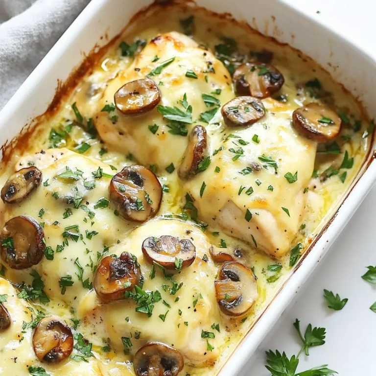 - 4 boneless, skinless chicken breasts - 1 cup Swiss cheese, shredded - 8 oz mushrooms, sliced - 1 cup heavy cream - 1 teaspoon garlic powder - 1 teaspoon onion powder - 1 tablespoon olive oil - Salt and pepper to taste - Fresh parsley, chopped (for garnish) For those looking to make this dish lighter or dairy-free, you can swap heavy cream for coconut cream or a dairy-free cream. For Swiss cheese, you can use Gruyère or a similar cheese. Brands like Organic Valley or Tillamook offer quality options. Using fresh ingredients is key. Fresh chicken breasts give a better texture and taste. Look for local farms or trusted grocery stores to find good chicken. For mushrooms, opt for firm, plump varieties. They add great flavor. Try to buy them from farmers' markets or organic stores for the best quality. {{ingredient_image_1}} First, preheat your oven to 375°F (190°C). This temperature is perfect for baking chicken. Next, grab a large skillet. Heat one tablespoon of olive oil over medium heat. Once the oil is hot, add your sliced mushrooms. Sauté them for about 5-7 minutes. You want them golden brown and tender. This step brings out their rich flavor. Once they are done, take them off the heat and set them aside. Now it’s time to assemble your dish. Take a lightly greased baking dish and arrange four boneless, skinless chicken breasts inside. Make sure they are spaced out evenly. Next, in a mixing bowl, combine one cup of heavy cream, one teaspoon of garlic powder, one teaspoon of onion powder, and salt and pepper to taste. Whisk them well until mixed. Pour this creamy mix over the chicken. Ensure each piece is coated. Then, sprinkle the sautéed mushrooms evenly on top. Finally, add one cup of shredded Swiss cheese over everything. Cover the baking dish with foil. Place it in the oven and bake for 25 minutes. After that, remove the foil. Bake for another 15 minutes. This step helps the cheese get bubbly and golden. To check if the chicken is done, use a meat thermometer. The chicken should reach an internal temperature of 165°F (74°C). If you don’t have a thermometer, cut into a piece to check if it’s no longer pink inside. Once it’s cooked, take it out and let it sit for a few minutes. To keep chicken moist, use a meat thermometer. Aim for 165°F (74°C) in the center. This ensures the chicken cooks just right. Marinating the chicken for an hour can also help make it juicy. You can use olive oil and your favorite herbs for a simple marinade. For a bubbly, golden cheese top, remove the foil during the last 15 minutes of baking. This step lets the cheese brown nicely. You can also broil it for a minute or two for extra color. Just keep an eye on it to avoid burning. Pair this dish with yummy sides like steamed broccoli or a fresh garden salad. These options add color and crunch. You can also serve it with rice or mashed potatoes for a filling meal. For a nice presentation, use the baking dish to serve right from the oven. Add a sprinkle of fresh parsley on top for a bright touch. The green will contrast beautifully with the creamy dish. One common mistake is overcooking the chicken. This can make it dry and tough. Always check the temperature with a thermometer. Another mistake is not seasoning properly. Salt and pepper enhance the flavors. Make sure to sprinkle enough on the chicken and the cream mixture before baking. Pro Tips Enhance Flavor: Marinate the chicken breasts in a mixture of olive oil, garlic, and herbs for at least 30 minutes before cooking to deepen the flavor. Cheese Choices: Experiment with different cheeses like Gruyère or Fontina for a unique twist on the traditional Swiss flavor. Mushroom Varieties: Use a mix of mushrooms such as cremini, shiitake, and portobello for a more complex flavor profile and texture. Resting Time: Allow the dish to rest for 5-10 minutes after baking to help retain moisture and improve the overall texture of the chicken. {{image_2}} You can easily change this recipe to fit your needs. If you are gluten-free, make sure to check your cream for gluten. You can use gluten-free flour if you want to thicken the sauce. For those who prefer vegetarian meals, try using plant-based chicken. This change keeps the dish tasty and hearty. Adding herbs and spices can make this dish even better. Try using fresh thyme or basil for a burst of flavor. You can also add a pinch of red pepper flakes for some heat. Cheese lovers can switch out Swiss cheese for mozzarella or cheddar. Each cheese gives a unique taste and texture. Using seasonal ingredients can add freshness to your meal. In spring, add asparagus or peas for a pop of color. During fall, try using wild mushrooms or root vegetables. Using fresh produce not only boosts flavor but also makes your dish more vibrant. Seasonal ingredients can keep your meals exciting all year round. To keep your Mushroom Swiss Chicken Bake fresh, store leftovers in the fridge. Use an airtight container to seal in moisture. If you want to freeze it, portion the bake into smaller containers. This helps when you want a quick meal later. To reheat the chicken without drying it out, use the oven. Preheat to 350°F (175°C). Place the chicken in a baking dish and cover it with foil. Heat for about 20 minutes or until warm. You can also use the microwave, but be careful. Heat it in short bursts to avoid drying. Mushroom Swiss Chicken Bake lasts about 3-4 days in the fridge. If you freeze it, it can last up to 2-3 months. Always check for signs of spoilage. If the chicken has a strange smell or looks off, it’s best to throw it away. You can try mozzarella or provolone cheese. Both melt well and taste mild. If you want a stronger flavor, use Gruyère or aged cheddar. Gruyère adds a nutty taste, while cheddar gives a sharp bite. Keep in mind, the flavor changes with each type of cheese. Yes, you can prepare the dish a day before. Cook the chicken and sauce, then store them in the fridge. When ready to bake, just add the cheese and mushrooms. This saves time and makes meal prep easier. The safest way is to check the internal temperature. Chicken should reach 165°F (75°C). You can also look for clear juices when you cut into it. A meat thermometer is the best tool for this. It helps you avoid undercooked chicken and keeps your meal safe. This blog shows you how to make a tasty Mushroom Swiss Chicken Bake. We talked about the right ingredients, cooking steps, and ways to make it your own. Remember to choose fresh ingredients and avoid common mistakes to keep your meal delicious. Store leftovers properly and reheat them gently. With the tips provided, you will cook a meal that exceeds expectations. Enjoy your cooking journey!