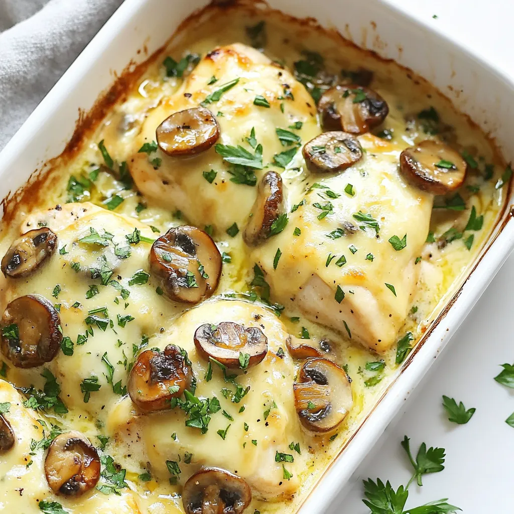 - 4 boneless, skinless chicken breasts - 1 cup Swiss cheese, shredded - 8 oz mushrooms, sliced - 1 cup heavy cream - 1 teaspoon garlic powder - 1 teaspoon onion powder - 1 tablespoon olive oil - Salt and pepper to taste - Fresh parsley, chopped (for garnish) For those looking to make this dish lighter or dairy-free, you can swap heavy cream for coconut cream or a dairy-free cream. For Swiss cheese, you can use Gruyère or a similar cheese. Brands like Organic Valley or Tillamook offer quality options. Using fresh ingredients is key. Fresh chicken breasts give a better texture and taste. Look for local farms or trusted grocery stores to find good chicken. For mushrooms, opt for firm, plump varieties. They add great flavor. Try to buy them from farmers' markets or organic stores for the best quality. {{ingredient_image_1}} First, preheat your oven to 375°F (190°C). This temperature is perfect for baking chicken. Next, grab a large skillet. Heat one tablespoon of olive oil over medium heat. Once the oil is hot, add your sliced mushrooms. Sauté them for about 5-7 minutes. You want them golden brown and tender. This step brings out their rich flavor. Once they are done, take them off the heat and set them aside. Now it’s time to assemble your dish. Take a lightly greased baking dish and arrange four boneless, skinless chicken breasts inside. Make sure they are spaced out evenly. Next, in a mixing bowl, combine one cup of heavy cream, one teaspoon of garlic powder, one teaspoon of onion powder, and salt and pepper to taste. Whisk them well until mixed. Pour this creamy mix over the chicken. Ensure each piece is coated. Then, sprinkle the sautéed mushrooms evenly on top. Finally, add one cup of shredded Swiss cheese over everything. Cover the baking dish with foil. Place it in the oven and bake for 25 minutes. After that, remove the foil. Bake for another 15 minutes. This step helps the cheese get bubbly and golden. To check if the chicken is done, use a meat thermometer. The chicken should reach an internal temperature of 165°F (74°C). If you don’t have a thermometer, cut into a piece to check if it’s no longer pink inside. Once it’s cooked, take it out and let it sit for a few minutes. To keep chicken moist, use a meat thermometer. Aim for 165°F (74°C) in the center. This ensures the chicken cooks just right. Marinating the chicken for an hour can also help make it juicy. You can use olive oil and your favorite herbs for a simple marinade. For a bubbly, golden cheese top, remove the foil during the last 15 minutes of baking. This step lets the cheese brown nicely. You can also broil it for a minute or two for extra color. Just keep an eye on it to avoid burning. Pair this dish with yummy sides like steamed broccoli or a fresh garden salad. These options add color and crunch. You can also serve it with rice or mashed potatoes for a filling meal. For a nice presentation, use the baking dish to serve right from the oven. Add a sprinkle of fresh parsley on top for a bright touch. The green will contrast beautifully with the creamy dish. One common mistake is overcooking the chicken. This can make it dry and tough. Always check the temperature with a thermometer. Another mistake is not seasoning properly. Salt and pepper enhance the flavors. Make sure to sprinkle enough on the chicken and the cream mixture before baking. Pro Tips Enhance Flavor: Marinate the chicken breasts in a mixture of olive oil, garlic, and herbs for at least 30 minutes before cooking to deepen the flavor. Cheese Choices: Experiment with different cheeses like Gruyère or Fontina for a unique twist on the traditional Swiss flavor. Mushroom Varieties: Use a mix of mushrooms such as cremini, shiitake, and portobello for a more complex flavor profile and texture. Resting Time: Allow the dish to rest for 5-10 minutes after baking to help retain moisture and improve the overall texture of the chicken. {{image_2}} You can easily change this recipe to fit your needs. If you are gluten-free, make sure to check your cream for gluten. You can use gluten-free flour if you want to thicken the sauce. For those who prefer vegetarian meals, try using plant-based chicken. This change keeps the dish tasty and hearty. Adding herbs and spices can make this dish even better. Try using fresh thyme or basil for a burst of flavor. You can also add a pinch of red pepper flakes for some heat. Cheese lovers can switch out Swiss cheese for mozzarella or cheddar. Each cheese gives a unique taste and texture. Using seasonal ingredients can add freshness to your meal. In spring, add asparagus or peas for a pop of color. During fall, try using wild mushrooms or root vegetables. Using fresh produce not only boosts flavor but also makes your dish more vibrant. Seasonal ingredients can keep your meals exciting all year round. To keep your Mushroom Swiss Chicken Bake fresh, store leftovers in the fridge. Use an airtight container to seal in moisture. If you want to freeze it, portion the bake into smaller containers. This helps when you want a quick meal later. To reheat the chicken without drying it out, use the oven. Preheat to 350°F (175°C). Place the chicken in a baking dish and cover it with foil. Heat for about 20 minutes or until warm. You can also use the microwave, but be careful. Heat it in short bursts to avoid drying. Mushroom Swiss Chicken Bake lasts about 3-4 days in the fridge. If you freeze it, it can last up to 2-3 months. Always check for signs of spoilage. If the chicken has a strange smell or looks off, it’s best to throw it away. You can try mozzarella or provolone cheese. Both melt well and taste mild. If you want a stronger flavor, use Gruyère or aged cheddar. Gruyère adds a nutty taste, while cheddar gives a sharp bite. Keep in mind, the flavor changes with each type of cheese. Yes, you can prepare the dish a day before. Cook the chicken and sauce, then store them in the fridge. When ready to bake, just add the cheese and mushrooms. This saves time and makes meal prep easier. The safest way is to check the internal temperature. Chicken should reach 165°F (75°C). You can also look for clear juices when you cut into it. A meat thermometer is the best tool for this. It helps you avoid undercooked chicken and keeps your meal safe. This blog shows you how to make a tasty Mushroom Swiss Chicken Bake. We talked about the right ingredients, cooking steps, and ways to make it your own. Remember to choose fresh ingredients and avoid common mistakes to keep your meal delicious. Store leftovers properly and reheat them gently. With the tips provided, you will cook a meal that exceeds expectations. Enjoy your cooking journey!