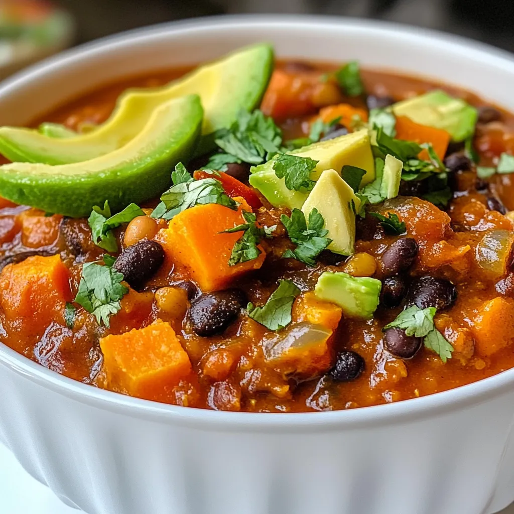 - 2 medium sweet potatoes, peeled and diced - 1 can (15 oz) black beans, drained and rinsed - 1 can (14.5 oz) diced tomatoes, with juices - 1 medium onion, chopped - 3 cloves garlic, minced - 1 bell pepper (red or green), chopped - 2 cups vegetable broth - 2 tablespoons chili powder - 1 teaspoon cumin - 1 teaspoon smoked paprika - Salt and pepper to taste - 2 tablespoons olive oil - Fresh cilantro for garnish - Optional: avocado slices and lime wedges for serving Sweet potatoes are rich in fiber, vitamins A and C. They help boost your immune system. Black beans offer protein and are high in fiber too. They aid digestion and keep you full. Diced tomatoes are low in calories and packed with vitamins. They add flavor and nutrients. Onions and garlic have antioxidants. They support heart health and add depth to flavors. Bell peppers are full of vitamins and add a nice crunch. If you cannot find sweet potatoes, try using regular potatoes. They will change the flavor slightly but still taste good. You can replace black beans with kidney beans or pinto beans. If you want a spicy kick, add jalapeños or hot sauce. Use vegetable broth or chicken broth, depending on your diet. For a creamier texture, stir in some coconut milk towards the end. {{ingredient_image_1}} 1. Start by peeling and dicing the sweet potatoes. You need two medium sweet potatoes for this recipe. 2. Chop one medium onion and one bell pepper. You can use either red or green. 3. Mince three cloves of garlic. This adds a nice flavor to the chili. 4. Open the cans of black beans and diced tomatoes. Drain and rinse the black beans. 1. In a large pot, heat two tablespoons of olive oil over medium heat. 2. Add the chopped onion and bell pepper. Cook them until the onion turns translucent, about five minutes. 3. Stir in the minced garlic, two tablespoons of chili powder, one teaspoon of cumin, and one teaspoon of smoked paprika. Cook this for one to two minutes until you smell the spices. 4. Add the diced sweet potatoes to the pot. Stir everything well and sauté for three to four minutes. 5. Pour in the can of diced tomatoes with their juices and two cups of vegetable broth. Bring this mixture to a boil. 6. Once boiling, reduce the heat to low and cover the pot. Let it simmer for 20 to 25 minutes. Check if the sweet potatoes are tender by piercing them with a fork. 7. Stir in the black beans and cook uncovered for an additional five to ten minutes until the beans are heated. 8. Taste the chili and adjust the seasonings if needed. Remove the pot from the heat. - Keep an eye on the sweet potatoes. You want them tender but not mushy. - If the chili seems too thick, add a bit more vegetable broth. - For best flavor, let the chili sit for a few minutes before serving. This allows the flavors to mingle. To make your sweet potato black bean chili even better, use fresh spices. Fresh spices add a lot of taste. Toast your spices in the pot before adding other ingredients. This brings out their flavor. Also, let the chili simmer longer. The flavors blend well over time. You can adjust the heat by adding more chili powder or a dash of hot sauce. One common mistake is not cooking the onions long enough. They should turn soft and clear. If you skip this step, your chili may taste harsh. Another mistake is rushing the simmer time. Don’t skip the 20-25 minutes of simmering. This is key to softening the sweet potatoes and blending flavors. Finally, avoid adding too much salt at once. Taste as you go to find the right balance. Garnishes make your chili look and taste great. I love adding fresh cilantro on top for color and flavor. Avocado slices give a creamy touch and cool down the heat. A squeeze of lime juice adds brightness. You can also serve with tortilla chips for a crunchy side. These simple additions make your meal feel special and inviting. Pro Tips Use Fresh Spices: Fresh spices can significantly enhance the flavor of your chili. If possible, buy whole spices and grind them just before use for maximum aroma. Adjust the Heat: If you prefer a spicier chili, consider adding diced jalapeños or a pinch of cayenne pepper. Adjust the spice level to your liking throughout the cooking process. Let It Sit: Chili often tastes better the next day. If you have time, let it sit in the refrigerator overnight and reheat it the next day to allow the flavors to meld. Top It Off: Enhance your serving with toppings such as shredded cheese, sour cream, or diced green onions for an added layer of texture and flavor. {{image_2}} You can boost the protein in your chili easily. Try adding cooked quinoa or lentils. Both blend well with sweet potatoes and black beans. You can also add shredded chicken or ground turkey for a meatier dish. These options make the chili heartier and filling. This chili is already vegan and vegetarian-friendly. To keep it that way, focus on the beans and veggies. You can swap the vegetable broth for a homemade version for more flavor. Add in some corn for a sweet crunch. You can also toss in some extra bell peppers or zucchini for more texture. You can change the flavor by adding local spices. For a southwestern twist, try adding chipotle or jalapeños. For a Caribbean vibe, mix in some coconut milk and curry powder. If you enjoy Italian flavors, add some Italian herbs like basil or oregano. These small tweaks can turn your chili into a unique dish! To store leftovers, let the chili cool down. Once cooled, pour it into an airtight container. Seal the container tightly and place it in the fridge. The chili will last for about 4 to 5 days. You can also divide it into smaller portions for easy meals later. If you want to freeze this chili, use freezer-safe bags or containers. Make sure to leave some space at the top. This space allows the chili to expand as it freezes. Label the bags with the date for easy tracking. The chili can stay good in the freezer for up to 3 months. When you’re ready to eat, take the chili out of the fridge or freezer. For fridge leftovers, heat it in a pot over medium heat. Stir often until it’s hot. If frozen, let it thaw in the fridge overnight before reheating. You can also use the microwave. Heat in short bursts, stirring in between. Enjoy it warm! To boost the heat, add more chili powder. You can also include diced jalapeños. Fresh or dried red pepper flakes work well too. Start with a little, then taste and adjust. You want it hot but not overwhelming. If you prefer, serve hot sauce on the side for extra spice. Yes, you can use fresh beans! Soak dried beans overnight. Then, cook them until tender before adding to the chili. This might take longer than using canned beans. Canned beans save time, but fresh beans add great flavor. Just make sure to adjust the cooking time in the recipe. Absolutely! This chili is perfect for meal prep. It stores well and tastes great after a day or two. Just keep it in an airtight container in the fridge. You can easily make a big batch and portion it out. It also freezes nicely, so you can save some for later. This article shared key ingredients, their benefits, and smart substitutes. You learned step-by-step how to prepare and cook the dish, along with handy tips to avoid mistakes. I also covered creative variations to suit your taste and how to store leftovers for later. Remember, cooking is about fun and creativity. Use these insights to make your chili unique. Enjoy every bite and be proud of your cooking skills!