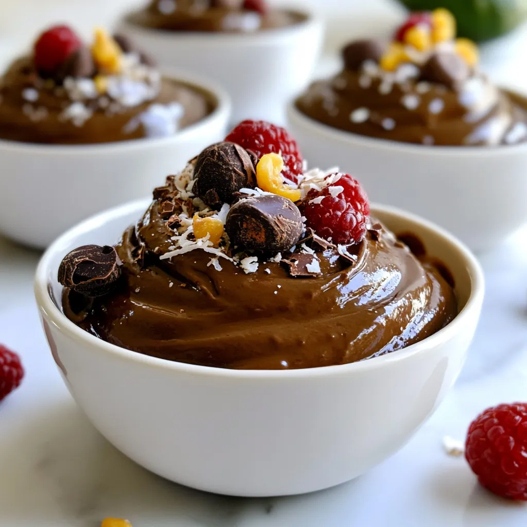 To make a rich avocado chocolate mousse, you need: - 2 ripe avocados - 1/2 cup unsweetened cocoa powder - 1/3 cup maple syrup (adjust for sweetness) - 1/4 cup almond milk (or any milk of your choice) - 1 teaspoon vanilla extract - A pinch of sea salt These main ingredients create a creamy and smooth texture. The avocados provide healthy fats, while cocoa powder gives a deep chocolate flavor. To enhance the mousse, consider these toppings: - Cacao nibs - Fresh berries - Shredded coconut These toppings add texture and visual appeal. They also bring extra flavor to each bite. Cacao nibs give a slight crunch, while berries add freshness. If you have dietary needs, try these swaps: - Use coconut milk instead of almond milk for a richer taste. - Replace maple syrup with agave nectar or honey for sweetness. - For nut allergies, choose oat milk or soy milk. These alternatives let everyone enjoy the mousse. You can adjust the recipe to fit your diet while keeping the taste delicious. {{ingredient_image_1}} Start by picking ripe avocados. A ripe avocado feels soft but not mushy. Cut each avocado in half and take out the pit. Use a spoon to scoop the green flesh into your blender or food processor. Make sure you get all the good stuff! Now, add the unsweetened cocoa powder, maple syrup, and almond milk into the blender. Pour in the vanilla extract and sprinkle a pinch of sea salt. Blend on high until everything is smooth and creamy. You might need to stop and scrape the sides. Taste the mousse to see if it’s sweet enough. If not, add more maple syrup and blend again briefly. Once you're happy with the taste and texture, transfer the mousse into small bowls or cups. Cover them and place them in the fridge for at least 30 minutes. This step helps the mousse set up nicely. When ready to serve, top with cacao nibs, fresh berries, or shredded coconut. Enjoy your rich and creamy avocado chocolate mousse! To get the best texture, start with ripe avocados. They should feel soft but not mushy. When you blend, ensure that the mixture is smooth and creamy. If it seems thick, add a bit more almond milk. Blend again until it’s silky. This step is key for a delightful mousse. Taste is important! After blending, try a small spoonful. If it’s not sweet enough for you, add more maple syrup. Blend again for just a few seconds. Remember, everyone has a different sweet tooth. Adjust to what you like best. Presentation makes your mousse stand out. Use clear cups to show off that rich color. Add toppings like cacao nibs or fresh berries. A sprinkle of shredded coconut adds a nice touch, too. Serve chilled for the best experience. These little details make your mousse look and taste amazing. Pro Tips Choose Ripe Avocados: Make sure your avocados are ripe for the creamiest texture. They should yield slightly when pressed gently. Adjust Sweetness: Taste the mousse before refrigerating; you can easily adjust the sweetness by adding more maple syrup if desired. Chill for Best Flavor: Allow the mousse to chill for at least 30 minutes. This helps the flavors meld together and enhances the overall taste. Experiment with Toppings: Get creative with toppings! Fresh berries, cacao nibs, or shredded coconut can add texture and flavor. {{image_2}} You can easily make this mousse vegan. The recipe is already dairy-free. Use almond milk or any plant milk. This keeps it creamy and rich without dairy. You still get that smooth texture. If you want to add more creaminess, try coconut milk. It adds a nice flavor. If you want a sugar-free option, use a sugar substitute. Erythritol or stevia works well. They can replace maple syrup without the added sugar. Start with a small amount and taste as you go. Adjust until it feels right. This way, you can enjoy your mousse without guilt. Want to spice things up? Add a pinch of cinnamon or cayenne pepper. This gives the mousse a unique twist. You can also blend in a few drops of peppermint or almond extract. These flavors add depth and can surprise your taste buds. For a fun twist, try adding a splash of espresso. It enhances the chocolate flavor, making it even richer. To keep your avocado chocolate mousse fresh, cover it tightly. Use plastic wrap or a lid. Store it in the fridge for the best results. This helps maintain its creamy texture and rich flavor. Avoid letting air touch the mousse, as it can brown quickly. You can freeze the mousse if you have leftovers. Scoop the mousse into an airtight container. Leave some space at the top for expansion. Thaw it in the fridge when you're ready to eat. This keeps its taste and texture intact. Just blend it again if it seems too thick after thawing. In the fridge, the mousse lasts about 3 days. After that, it may lose its flavor and texture. If you freeze it, it can last for about a month. Just remember to check for any changes in smell or color before enjoying it. Yes, you can use different sweeteners. Maple syrup works great, but you can try honey or agave. Each sweetener adds its own taste. Adjust the amount based on your liking. Start with less and add more if needed. Yes, this mousse is vegan! It uses avocados and plant-based milk. The sweetener, like maple syrup, is also vegan. Enjoy this treat without any animal products. It’s a rich dessert that fits into a vegan lifestyle. To make the mousse thicker, add more avocado. You can also use less milk. Blending longer can help, too. If you want it creamier, try adding a bit of coconut cream. This will give it a nice texture and richness. Avocados are full of healthy fats, fiber, and vitamins. They help keep your heart healthy. The fats in avocados also help absorb nutrients from other foods. Using avocados in desserts makes them richer and more nutritious. It's a smart way to enjoy sweets! This article covered how to make delicious avocado chocolate mousse. We looked at key ingredients and added options like toppings and alternatives. I shared simple steps for preparation and tips for the best texture. Variations like vegan choices and flavor boosts were also explored. Finally, we discussed storage tips to keep your mousse fresh. You can enjoy this treat tailored to your taste. Making it is easy, and it’s healthy too! Dive into your kitchen and try it today.