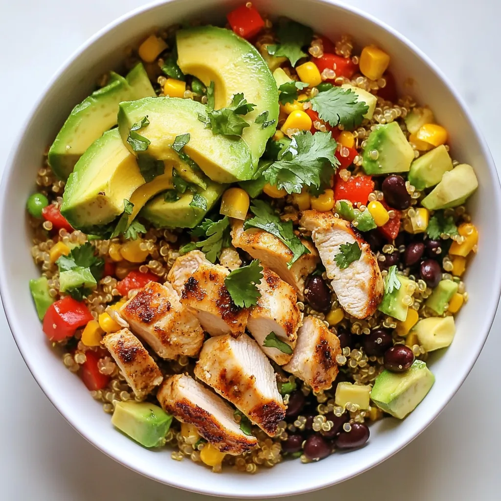 To make a tasty Southwest Chicken Quinoa Salad, gather these key ingredients: - 1 cup quinoa, rinsed - 2 cups water or chicken broth - 1 lb boneless, skinless chicken breast - 1 tablespoon olive oil - 1 teaspoon chili powder - 1 teaspoon cumin - Salt and pepper to taste - 1 cup black beans, rinsed and drained - 1 cup corn (fresh, frozen, or canned) - 1 red bell pepper, diced - 1 avocado, diced - 1/4 cup fresh cilantro, chopped - Juice of 2 limes - 1/2 teaspoon garlic powder These ingredients create a balance of flavors. The quinoa adds health and texture. The chicken gives protein, while the beans and corn add fiber. The lime juice brightens up the dish, making it refreshing. Feel free to customize your salad with optional toppings and dressings. Here are some ideas: - Crumbled feta cheese for a salty bite - Sliced jalapeños for heat - Sour cream or Greek yogurt for creaminess - Avocado dressing for extra flavor - Tortilla strips for crunch These toppings can enhance the dish. Choose what you like best to fit your taste. The Southwest Chicken Quinoa Salad is healthy and filling. Here’s a quick breakdown: - Calories: About 400 per serving - Protein: 30 grams - Carbohydrates: 50 grams - Fiber: 12 grams - Fat: 12 grams This salad is a great choice for meals. It provides a good mix of nutrients. It can keep you full and satisfied. {{ingredient_image_1}} To make perfect quinoa, start by rinsing 1 cup of quinoa under cold water. This helps remove any bitter taste. Next, in a medium pot, add the rinsed quinoa and 2 cups of water or chicken broth. Bring this mix to a boil. Once boiling, reduce the heat to low. Cover the pot and let it simmer for about 15 minutes. The quinoa is ready when all the liquid is absorbed. After cooking, fluff the quinoa with a fork and set it aside to cool. While the quinoa cooks, it’s time to cook the chicken. Take 1 pound of boneless, skinless chicken breast. First, season the chicken with 1 tablespoon of olive oil, 1 teaspoon of chili powder, 1 teaspoon of cumin, and some salt and pepper. Heat a skillet over medium heat. Place the seasoned chicken in the skillet. Cook each side for about 6 to 7 minutes. The chicken needs to reach an internal temperature of 165°F (75°C). Once cooked, remove it from the heat and let it rest. This makes the chicken juicy. After a few minutes, slice the chicken into thin pieces. Now it’s time to mix everything together. In a large mixing bowl, combine the cooked quinoa, 1 cup of black beans (rinsed and drained), 1 cup of corn (fresh, frozen, or canned), and 1 diced red bell pepper. Add in 1 diced avocado for creaminess. Next, add the sliced chicken to the bowl. Sprinkle 1/4 cup of chopped cilantro and 1/2 teaspoon of garlic powder over the top. Finally, squeeze the juice of 2 limes over the salad. Gently toss all the ingredients together. Be careful not to mash the avocado. Taste your salad and adjust the seasoning with more salt, pepper, or lime juice if needed. Enjoy your delicious Southwest Chicken Quinoa Salad! To cook quinoa well, rinse it first. This removes any bitter taste. Use a 2:1 water ratio. For every cup of quinoa, add two cups of water or broth. Bring it to a boil, then reduce heat to low. Cover and let it simmer for about 15 minutes. After cooking, let it sit for 5 minutes. Fluff it with a fork. This method keeps quinoa light and fluffy. For juicy chicken breast, start with even pieces. Season with olive oil, chili powder, cumin, salt, and pepper. Heat a skillet on medium. Cook the chicken for 6-7 minutes per side. Check the internal temperature; it should reach 165°F (75°C). Let it rest for a few minutes. This step keeps the juices locked in, making it tender and flavorful. To keep avocado fresh, cut it right before serving. If you need to store cut avocado, sprinkle lime juice on it. The acid slows browning. You can also wrap it tightly in plastic. Store it in the fridge. If the avocado does brown, scrape off the top layer. The green inside is still good to eat. Pro Tips Cook Quinoa Perfectly: Ensure you rinse the quinoa well before cooking to remove its natural coating, which can make it taste bitter. Use broth for added flavor! Juicy Chicken Breasts: Let the chicken rest for a few minutes after cooking to allow the juices to redistribute, keeping it moist and tender. Customize Your Veggies: Feel free to mix in other vegetables like diced tomatoes or jalapeños for extra flavor and texture. Fresh Herbs Matter: Use fresh cilantro for the best flavor. If you’re not a fan of cilantro, try parsley or green onions as an alternative! {{image_2}} If you want a meat-free option, try using tofu or tempeh. Both provide protein and soak up flavors well. You can marinate them in olive oil, chili powder, and cumin before cooking. For a quicker option, use canned chickpeas instead of chicken. Just rinse them and add them straight to the salad. Quinoa is great, but other grains work too! Try brown rice or farro for a different texture. They both add a nice bite. If you prefer a gluten-free choice, use millet or cauliflower rice. Millet cooks fast and has a mild flavor. Cauliflower rice is low-carb and adds a fresh taste. You can easily adjust this salad for various diets. If you are dairy-free, skip the cheese or substitute with a nut-based cheese. For a low-sodium option, use low-sodium black beans and broth. You can also replace lime juice with apple cider vinegar for a tangy twist. If you're sensitive to spices, reduce the chili powder and cumin. This way, you can enjoy the salad without discomfort. To keep your Southwest Chicken Quinoa Salad fresh, store it in an airtight container. This helps lock in flavor and moisture. Place the salad in the fridge right after serving. It can stay good for up to four days. If you have leftover avocado, add lime juice to help prevent browning. Meal prep is a great way to save time. Cook your quinoa and chicken ahead of time. Allow them to cool before storing. You can mix the salad in portions. Keep dressing separate until ready to eat. This keeps everything fresh and tasty. You can also freeze portions of the salad. Just make sure to leave out the avocado. Reheating quinoa salad is easy. You can use the microwave or a skillet. If using the microwave, place the salad in a bowl and cover it loosely. Heat in short bursts, stirring in between. If using a skillet, add a splash of water. Heat over low until warm. Remember, don’t overheat! You want to keep the salad fresh and crunchy. To reduce calories in this salad, use less chicken. You can also replace chicken with beans. Use less olive oil in cooking. You can skip the avocado or use less. Switching to a lighter dressing can help too. Focus on more veggies. Add extra greens or lettuce instead. This keeps it filling without extra calories. Yes, you can prepare this salad ahead of time. Cook the quinoa and chicken first. Store them separately in the fridge. Mix all the other ingredients together. Add the avocado and lime juice just before serving. This keeps everything fresh. You can store it for up to three days. You can customize this salad in many ways. Add different veggies like tomatoes or cucumbers. Swap black beans for kidney beans or chickpeas. Use corn salsa for extra flavor. If you want it spicy, add jalapeños or hot sauce. For a twist, try adding cheese or nuts. The options are endless! You learned how to make a delicious Southwest Chicken Quinoa Salad. We covered key ingredients, helpful tips, and various ways to customize your dish. You now have storage tips to keep your salad fresh and answers to common questions. Enjoy crafting this healthy meal for any occasion. It’s nutritious and easy to make, so dive in and get creative!