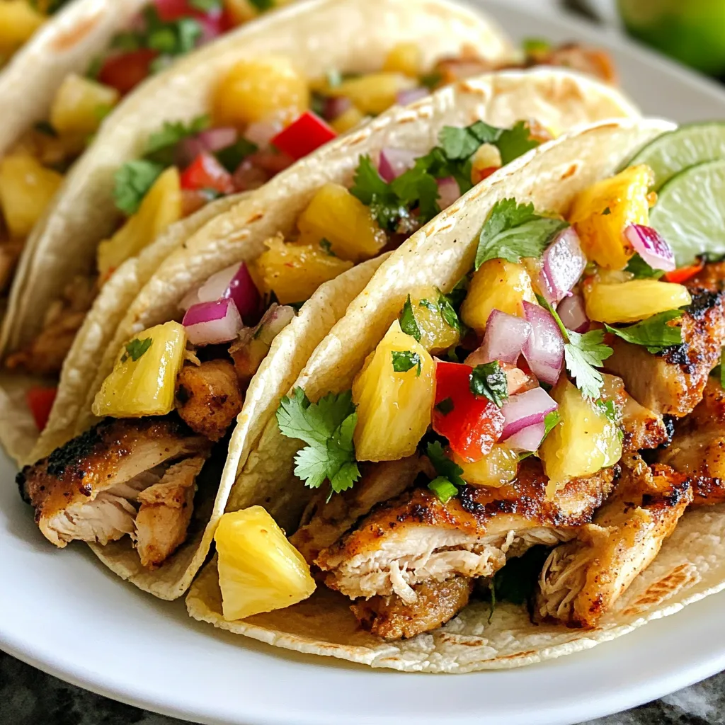 - 1 lb chicken thighs, boneless and skinless - 2 tablespoons Jamaican jerk seasoning - 1/2 cup pineapple, diced - 1 tablespoon olive oil - 1/2 red onion, thinly sliced - 1/2 cup red bell pepper, thinly sliced - 1/4 cup fresh cilantro, chopped - Juice of 1 lime - 8 small corn tortillas - Salt and pepper to taste - Garnish with extra cilantro and lime wedges. - Serve with a small bowl of pineapple salsa on the side. The main ingredients bring a burst of flavor. Chicken thighs are juicy and tender, making them perfect for grilling. Jamaican jerk seasoning is spicy, savory, and rich in herbs. Pineapple adds a sweet touch that balances the heat. For the additional ingredients, olive oil helps the jerk seasoning stick to the chicken. Red onion and red bell pepper add crunch and color. Fresh cilantro gives a nice herbal note. Lime juice brightens the flavors, making each bite refreshing. Corn tortillas are the perfect vessel for this tasty filling. When serving, a colorful platter is key. Add lime wedges for extra zing. A small bowl of pineapple salsa makes it easy for guests to add more flavor. These little touches really enhance the dish and make it fun to eat. {{ingredient_image_1}} First, take your chicken thighs. Place them in a large bowl. Add two tablespoons of jerk seasoning and one tablespoon of olive oil. Mix the chicken well to coat it evenly. This step is key. Let the chicken marinate for at least 30 minutes in the fridge. This time helps the flavors soak in deeply. Next, preheat your grill or grill pan to medium-high heat. Once it’s hot, carefully place the marinated chicken thighs on it. Grill them for about 6-7 minutes per side. You want the internal temperature to reach 165°F (75°C). After grilling, remove the chicken and let it rest for a few minutes. This keeps it juicy. While the chicken rests, let’s make the salsa. In a separate bowl, mix together ½ cup of diced pineapple, ½ red onion (thinly sliced), and ½ cup of red bell pepper (also thinly sliced). Add ¼ cup of chopped cilantro too. Squeeze the juice of one lime over this mix. Season with salt and pepper to taste. Toss everything well. This salsa adds a sweet and tangy touch. Now it’s time to assemble your tacos. Warm your corn tortillas on the grill for about 30 seconds on each side. This makes them soft and easy to fold. Slice the grilled chicken into thin strips. Place a few strips of jerk chicken on each tortilla. Top with the fresh pineapple salsa. If you want, add more cilantro and a squeeze of lime juice on top. Enjoy your tasty creation! To ensure your chicken is juicy and tender, use boneless, skinless thighs. They have more fat, making them moist. Always marinate the chicken for at least 30 minutes. This helps the flavors soak in deep. Avoid common grilling mistakes by preheating your grill. A hot grill sears the meat quickly. This keeps juices inside. Cook each side for about 6-7 minutes until the chicken reaches 165°F. After cooking, let the chicken rest for a few minutes before slicing. This keeps it juicy. Using lime juice effectively brightens the dish. Squeeze fresh lime juice over the chicken and salsa. This adds a zesty kick. You can also sprinkle some additional spices like paprika or chili powder for extra warmth. For toppings, consider adding sliced avocado or crumbled feta. These add creaminess and balance the spicy jerk seasoning. Creating an appealing serving style makes your tacos pop. Use a colorful platter to serve. Arrange the tacos neatly, and add lime wedges for brightness. For garnishes, sprinkle fresh cilantro on top. You can also use sliced radishes for a crunchy texture. This not only looks good but adds flavor, too. Consider serving a small bowl of extra pineapple salsa on the side for a fun, interactive meal. Pro Tips Marinating Time: Allow the chicken to marinate for at least 1 to 2 hours for deeper flavor. If possible, marinate overnight for the best results. Pineapple Salsa Freshness: Use fresh pineapple for the salsa to enhance sweetness and acidity. Canned pineapple can work in a pinch, but it lacks the same vibrant flavor. Grilling Technique: Ensure your grill is properly preheated before adding the chicken. This helps achieve a nice sear and prevents sticking. Tortilla Heating: Warm the tortillas on the grill or in a dry skillet to make them more pliable and enhance their flavor. This step is crucial for a better taco experience. {{image_2}} You can switch the chicken for shrimp or tofu. Both options add great flavor. For shrimp, cook it for about 3-4 minutes per side. It cooks fast, so watch it closely. If you choose tofu, use firm tofu for the best texture. Cube it and pan-fry for about 5-7 minutes until golden. Try mango or avocado instead of pineapple for the salsa. Mango gives a sweet twist, while avocado adds creaminess. You can also explore using different herbs like mint or basil. They can really enhance the salsa's freshness. Just mix them in with the other salsa ingredients for a unique flavor. For a gluten-free option, use corn or rice tortillas. They hold up well and add great taste. You can also try lettuce wraps if you want a lighter choice. They are fresh and crunchy. Just make sure to choose sturdy leaves that won’t tear easily. To keep your Jamaican jerk chicken tacos fresh, store them in the fridge. Place the chicken and salsa in separate airtight containers. This helps keep flavors fresh. Use the tacos within three days. For best taste, eat them sooner. To reheat grilled chicken, use a microwave or skillet. Heat on low until warm. Check that the chicken reaches 165°F (75°C) for safety. For tortillas, warm them in a dry skillet. Heat each side for about 15 seconds. This keeps them soft and tasty. Yes, you can freeze tacos! For best results, freeze the chicken and salsa separately. Wrap the chicken well in foil or use a freezer bag. Salsa can go in a container or a bag. Use them within three months for best taste. You should marinate the chicken for at least 30 minutes. This time allows the jerk seasoning to soak in. If you have more time, try marinating for up to 4 hours. This enhances the flavor even more. Jamaican jerk seasoning includes spices like allspice, thyme, and Scotch bonnet peppers. It has a unique mix of sweet and spicy. People use it in many Jamaican dishes, especially grilled meats. This seasoning adds a rich flavor, making it a popular choice. Yes, these tacos can be spicy due to the jerk seasoning. If you want less heat, reduce the amount of seasoning. You can also add more pineapple to balance the spice. This sweetness helps cool down the heat. You can prepare parts of the recipe in advance. Marinate the chicken a day ahead and store it in the fridge. You can also mix the salsa early. Just assemble the tacos right before serving for the best taste. In this blog post, we covered a flavorful jerk chicken taco recipe. You learned about main and additional ingredients, marinating techniques, and how to grill chicken perfectly. We also shared tips for enhancing flavor and suggested alternative proteins and salsas. Lastly, we discussed storage options, reheating methods, and answered common questions. I hope you feel inspired to make these tacos at home. Enjoy exploring and making this dish your own!