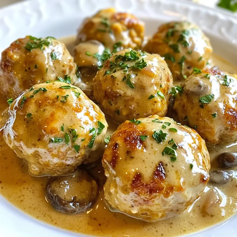 - 1 lb ground chicken - 1/2 cup breadcrumbs - 1/4 cup grated Parmesan cheese - 1/4 cup chopped fresh parsley - 2 cloves garlic, minced - 1 egg, lightly beaten - 1 teaspoon dried oregano - 1 teaspoon salt - 1/2 teaspoon black pepper - 1 cup mushrooms, sliced - 1 cup chicken broth - 1/2 cup heavy cream - 1 tablespoon olive oil - Fresh parsley, for garnish To make Chicken Marsala meatballs, gather these fresh and flavorful ingredients. Ground chicken is key for a light texture. Breadcrumbs help hold the meatballs together. Parmesan cheese adds a savory touch. Fresh parsley gives a hint of color and taste. Minced garlic brings aroma and flavor. The egg binds the mixture. Dried oregano adds depth. Salt and pepper enhance all the flavors. Mushrooms are essential. They create a rich sauce. Chicken broth is the base for the sauce. Heavy cream makes it creamy and smooth. Olive oil gives a nice finish to the mushrooms. Finally, fresh parsley works as a garnish for a pop of color. - Large mixing bowl - Baking sheet - Parchment paper - Skillet - Cooking spoon Using the right tools makes cooking easier. A large mixing bowl helps mix the meatball ingredients well. A baking sheet lined with parchment paper keeps cleanup simple. A skillet is perfect for cooking the mushrooms and sauce. A cooking spoon helps you stir without making a mess. With these tools, you can whip up Chicken Marsala meatballs in no time! {{ingredient_image_1}} - Preheat the Oven: Set your oven to 400°F (200°C). This gets it hot enough for baking the meatballs. - Prepare Meatball Mixture: In a large bowl, mix together the ground chicken, breadcrumbs, Parmesan cheese, chopped parsley, minced garlic, egg, oregano, salt, and pepper. Use your hands to combine, but don’t overmix. This keeps the meatballs tender. - Form Meatballs: Take portions of the mixture and roll them into golf ball-sized meatballs. Place each meatball on a baking sheet lined with parchment paper. - Bake Meatballs: Bake the meatballs in your preheated oven for 20-25 minutes. They should look golden brown and be fully cooked. - Cook Mushrooms: While the meatballs bake, heat olive oil in a large skillet over medium heat. Add sliced mushrooms and sauté until they turn brown and tender, which takes about 5-7 minutes. - Make Sauce: Once the mushrooms are cooked, pour in the chicken broth. Scrape any bits from the bottom of the skillet to add flavor. Let it simmer for a few minutes. Then, stir in the heavy cream and bring it to a gentle simmer. - Combine Meatballs and Sauce: Once the meatballs are done baking, transfer them to the skillet with the mushroom sauce. Gently stir to coat each meatball in the sauce. - Simmer Together: Allow the meatballs to simmer in the sauce for an extra 5 minutes. This helps them soak up the rich flavors. - Serve: Serve your chicken Marsala meatballs over pasta or with crusty bread. Don’t forget to garnish with fresh parsley for a pop of color and flavor! Avoid Overmixing Mix your meatball ingredients just until combined. If you mix too much, the meatballs will be tough. Keep it light and fluffy. This ensures a tender bite that melts in your mouth. Using Fresh Ingredients Always use fresh herbs and spices. Fresh parsley and garlic boost flavor. They make your meatballs taste bright and vibrant. Also, fresh chicken makes a big difference. It gives your dish the best taste. How to Enhance Flavor Sauté mushrooms in olive oil until golden. This adds depth to the sauce. Use good-quality chicken broth for a rich base. A dash of white wine can lift the flavor too. Just remember to let it cook off. Thickening the Sauce If your sauce is too thin, simmer it longer. This reduces the liquid and thickens it naturally. You can also mix a bit of cornstarch with water to thicken quickly. Just stir it in slowly. Best Pairings for Chicken Marsala Meatballs Serve your meatballs over pasta or with crusty bread. They soak up the sauce well. You can also serve them with rice or mashed potatoes. This makes a hearty meal. Alternative Serving Ideas Try them in a sub roll for a tasty sandwich. Top with extra sauce and cheese. You can even serve them as an appetizer. Just use toothpicks for easy eating. Pro Tips Use Fresh Herbs: Fresh parsley enhances the flavor significantly compared to dried herbs. Add it just before serving for the best aroma. Don't Overmix: When combining the meatball ingredients, mix just until combined. Overmixing can lead to tough meatballs. Brown the Mushrooms: Ensure the mushrooms are well-browned before adding the broth. This adds depth to the sauce. Simmer for Flavor: Allow the meatballs to simmer in the sauce for a few minutes to absorb all the delicious flavors before serving. {{image_2}} You can swap ground chicken for ground turkey. Turkey gives a different taste and is leaner. It works well in this recipe. Use the same amount of turkey as chicken. For gluten-free options, try almond flour or gluten-free breadcrumbs. These options keep the meatballs moist and tasty. Your guests won't notice the difference. Adding wine can boost the flavor of your sauce. Marsala wine is traditional, but you can use white wine too. Just cook it down to enhance the taste. If you want a vegetarian sauce, try using vegetable broth instead of chicken broth. You can add more mushrooms or even spinach for extra flavor. If you want low-calorie options, use less cream. You can replace heavy cream with Greek yogurt or a light cream. This change keeps the taste good without adding too many calories. For a dairy-free option, skip the Parmesan cheese and heavy cream. Use coconut milk instead. It adds a nice creaminess without dairy. Best Practices To keep your chicken Marsala meatballs fresh, store them in an airtight container. This helps prevent them from drying out. You can also separate layers with parchment paper. This way, they won’t stick together. How Long They Last In the fridge, these meatballs last for about three to four days. Make sure to check for any signs of spoilage before eating. Freezing Tips If you want to save meatballs for later, freezing works well. Place them on a baking sheet in a single layer. Freeze until solid, then transfer them to a freezer bag. Make sure to squeeze out as much air as possible. This helps prevent freezer burn. Reheating Instructions To reheat, take out the meatballs and let them thaw overnight in the fridge. You can also reheat them directly from frozen. Place them in a skillet with a bit of sauce over low heat. Cover and cook for about 10-15 minutes until heated through. Make-Ahead Storage For easy meals, you can make these meatballs ahead of time. Prepare and cool them completely before storing. This way, you have a quick meal ready whenever you need it. Portioning for Future Meals Portion the meatballs into servings. This helps you grab just what you need. Pair them with pasta or a salad for a complete meal. Planning meals this way saves time and effort during busy days. - Checking Internal Temperature: Use a meat thermometer. The meatballs should reach 165°F (74°C) inside. This means they are safe to eat. - Visual Cues of Doneness: Look for a golden brown color. The meatballs should not be pink inside. If juices run clear, they are done. - Tips for Meal Preparation and Planning: Yes, you can make them ahead. Prepare the meatballs and store them in the fridge for up to two days. You can also freeze them for longer storage. Just thaw before cooking. - Recommended Side Dishes and Accompaniments: Serve these meatballs with pasta or crusty bread. A fresh salad pairs well too. Garlic bread is a great choice to soak up the sauce. You can also add steamed veggies for color and nutrients. To make Chicken Marsala meatballs, you need simple ingredients and clear steps. We discussed how to prepare and cook these tasty meatballs, including tips for perfecting the dish. You can customize them with ingredient changes or sauce variations. Storing and reheating are also easy. By following this guide, you can enjoy a delicious meal at home. Happy cooking!