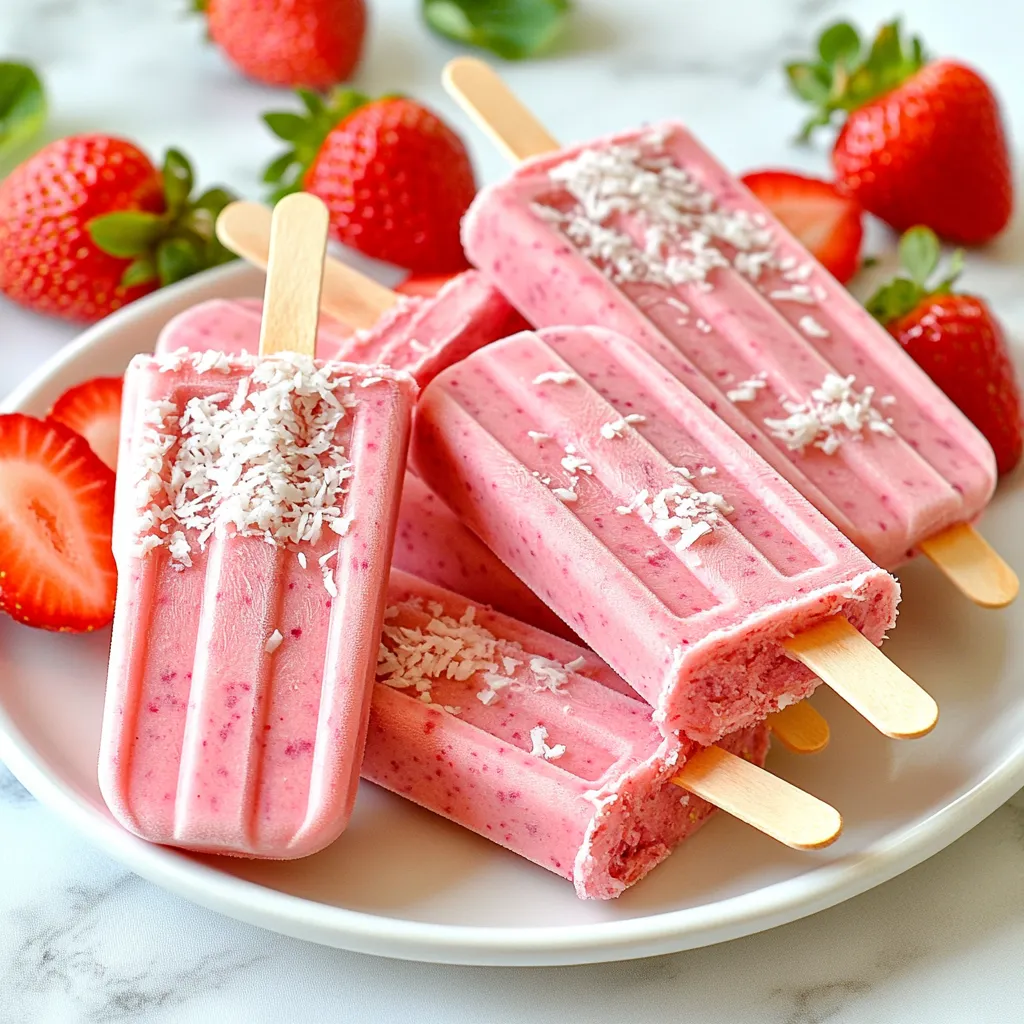 For these popsicles, use 2 cups of fresh strawberries. Make sure to hull and slice them first. Fresh berries give the best flavor and bright color. You can blend them until smooth or leave some chunks for texture. Next, you need 1 cup of coconut milk. I recommend using full-fat coconut milk for a creamy taste. This will make your popsicles rich and smooth. If you want a lighter version, you can use low-fat coconut milk. You will need 2 tablespoons of honey or maple syrup. This adds a nice sweetness. Feel free to adjust based on your taste. You can also add 1 teaspoon of vanilla extract for extra flavor. Lastly, add a pinch of sea salt to balance all the flavors. For some fun texture, include 1/2 cup of shredded coconut. You can choose sweetened or unsweetened, depending on your preference. {{ingredient_image_1}} Start by taking your fresh strawberries. Make sure they are hulled and sliced. Place them in your blender. Blend until smooth. If you like some bits of fruit, pulse the strawberries instead. This will give a nice texture to your popsicles. Next, grab a mixing bowl. Combine your blended strawberries with coconut milk. Add two tablespoons of honey or maple syrup. You can change this based on how sweet you want it. Don’t forget one teaspoon of vanilla extract. Toss in half a cup of shredded coconut and a pinch of sea salt. Mix everything well. Taste it! If it needs more sweetness, add more honey or maple syrup. Now, it’s time to pour the mixture into popsicle molds. Fill them about three-quarters full. This allows space for the pops to expand as they freeze. Carefully insert the popsicle sticks. Place the molds in the freezer for at least six hours. You want them completely solid. To remove the popsicles, run warm water over the molds. Do this for a few seconds. Then gently pull the popsicles out. Enjoy your tasty treat! To get that creamy texture, use full-fat coconut milk. This makes the popsicles rich and smooth. If you want some strawberry chunks, blend the strawberries but don’t overdo it. Pulse them just a few times for a nice mix of smooth and chunky. Taste your mixture before you freeze it. Start with two tablespoons of honey or maple syrup. If you like it sweeter, add more. Each sweetener can taste different, so adjust based on your preference. You can even add a pinch of sugar if needed. When it’s time to enjoy your popsicles, run warm water over the outside of the molds. This helps loosen them. Then, gently pull the popsicles out. If they stick, try twisting the mold a bit. This should help them slide right out. Enjoy your treat! Pro Tips Choose Ripe Strawberries: Select strawberries that are bright red and slightly firm for the best flavor. Overripe or mushy strawberries may result in a less desirable texture and taste. Adjust Sweetness to Taste: Depending on the natural sweetness of your strawberries, you might want to adjust the amount of honey or maple syrup. Always taste the mixture before pouring it into molds. Experiment with Coconut Milk: For a creamier texture, use full-fat coconut milk. If you prefer a lighter popsicle, you can substitute with light coconut milk or even almond milk for a different flavor profile. Use Warm Water for Easy Release: When removing the popsicles from molds, running warm water over the outside for a few seconds helps them release easily without breaking. {{image_2}} You can change the flavor by using other fruits. Try mango, pineapple, or blueberries. Each fruit brings its own taste. Mixing strawberries with bananas gives a creamy texture. You can blend any fruit you love. Just keep the same amount of fruit. This way, your popsicles stay balanced and tasty. If you want less sugar, use agave or stevia. You can also try coconut sugar for a caramel flavor. Honey works too, but remember to taste as you go. Each sweetener changes the flavor a bit. Adjust the amount based on your sweetness level. Find what makes your taste buds happy. Want to get creative? Add chocolate chips or nuts for crunch. Chopped almonds or hazelnuts add a nice bite. You can even swirl in some melted chocolate for a fun look. Just make sure to mix them in gently. This way, you get a surprise in every bite. Enjoy experimenting to make your popsicles unique! To keep your strawberry coconut popsicles fresh, store them in an airtight container. This helps prevent freezer burn. You can also wrap each popsicle in plastic wrap for extra protection. Make sure to label your container with the date. That way, you’ll know when you made them. For the best taste and texture, enjoy these popsicles within three months. After that, they may lose flavor and texture. If you freeze them longer, they can still be safe to eat, but they won’t taste as fresh. Watch for signs of spoilage. If your popsicles have ice crystals or an off smell, it’s time to toss them. A change in color can also mean they are past their prime. Always trust your senses to decide if they are good to eat. Yes, you can use frozen strawberries. They work well in this recipe. Just blend them straight from the freezer. You may need to adjust the mixing time since they are frozen. This can make your popsicles just as tasty. Frozen strawberries can also make your popsicles extra cold and refreshing. To make these popsicles dairy-free, simply use coconut milk. Coconut milk is a great base. It gives a creamy texture without any dairy. Make sure you buy the full-fat version for the best results. This keeps the popsicles rich and smooth. You can also replace the honey with maple syrup for a vegan option. These popsicles have many health benefits. Fresh strawberries are high in vitamin C and antioxidants. They help boost your immune system and support heart health. Coconut milk provides healthy fats. These fats can help you feel full longer. Shredded coconut adds fiber to your diet. This can aid digestion and keep your tummy happy. Honey or maple syrup adds natural sweetness without added chemicals. This blog covered key points on making tasty strawberry popsicles. We explored fresh strawberries, coconut milk, and sweeteners. The step-by-step guide showed how to blend, mix, and freeze your treats. Tips included perfect texture and adjusting sweetness. We also shared fun variations, storage tips, and answers to common questions. Making popsicles is easy and fun. So, grab your ingredients and start creating! Enjoy your refreshing treats.