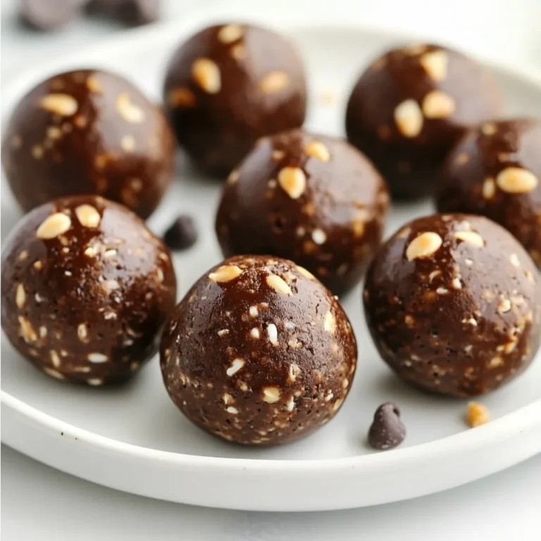 Here’s what you need to make these tasty Chocolate Peanut Butter Protein Balls: - 1 cup rolled oats - 1/2 cup natural peanut butter - 1/4 cup chocolate protein powder - 1/4 cup honey or maple syrup - 1/4 cup mini dark chocolate chips - 1/4 cup ground flaxseed - 1/2 teaspoon vanilla extract - A pinch of sea salt Each ingredient plays a vital role in flavor and nutrition. The rolled oats give the balls a nice base, adding fiber. Adding peanut butter makes them rich and creamy. The chocolate protein powder boosts the protein content. Honey or maple syrup adds natural sweetness. Mini dark chocolate chips provide little bursts of flavor. Ground flaxseed adds healthy fats and helps bind the mixture. Vanilla extract enhances the flavor. A pinch of sea salt balances the sweetness. Feel free to adjust these ingredients based on your taste. You can swap in different nut butters or sweeteners. Enjoy mixing and creating your own version! {{ingredient_image_1}} Mixing the Dry Ingredients Start by grabbing a mixing bowl. Add 1 cup of rolled oats, 1/4 cup of chocolate protein powder, and 1/4 cup of ground flaxseed. Use a spoon to stir well until everything is even. This mix forms the base of your protein balls. Incorporating Wet Ingredients Next, add 1/2 cup of natural peanut butter and 1/4 cup of honey to your dry mix. You can also use maple syrup if you prefer. Pour in 1/2 teaspoon of vanilla extract. Now, mix everything together. I like to use my hands for this part. It helps the dough form nicely. Forming Protein Balls Once your mixture is combined, it’s time to shape the balls. Take a small amount of the mix and roll it into a ball about 1 inch wide. Repeat this until you run out of dough. You should get about 12 to 15 balls. Refrigeration Process Place your protein balls on a tray lined with parchment paper. Put them in the fridge for at least 30 minutes. This step helps the balls firm up. After that, they are ready to snack on! Enjoy these tasty treats anytime. Customizing Sweetness Levels You can adjust the sweetness of your protein balls. If you like them sweeter, add more honey or maple syrup. You can also try different sweeteners like agave or stevia. Just remember to mix well to blend the flavors. Adjusting Consistency If your mixture feels too dry, add a splash of water or more honey. For a sticky mix, add more oats or flaxseed. Adjusting the consistency helps you get the perfect texture. Aim for a dough that holds together but isn’t too wet. Best Practices for Mixing Mixing is key to great protein balls. Use a spatula or your hands to combine the ingredients. Make sure everything is evenly mixed. This helps each bite taste just right. If you use your hands, the warmth can help blend the oils in the nut butter. How to Properly Store Protein Balls To keep your protein balls fresh, store them in the fridge. Use an airtight container to prevent them from drying out. They can stay good for about a week. For longer storage, you can freeze them. Suggested Storage Containers Use glass or plastic containers with tight lids. Small jars also work well for portion control. If you freeze them, label the container with the date. This way, you’ll know when to enjoy your tasty snack. Pro Tips Mix it up: Feel free to substitute the peanut butter with any nut or seed butter you prefer, such as almond or sunflower seed butter, to cater to your taste or dietary needs. Sweetness adjustment: If you prefer a less sweet protein ball, reduce the amount of honey or maple syrup used, or use a sugar-free alternative to keep it healthier. Boost the nutrition: Add in some chia seeds or protein powder to enhance the nutritional profile of these protein balls even further. Storage tips: Store the protein balls in an airtight container in the fridge for up to a week, or freeze them for longer storage, making for a quick grab-and-go snack! {{image_2}} Using Different Nut Butters You can change the nut butter to fit your taste. Almond butter or cashew butter works well. Each nut butter gives a new flavor. Try sunflower seed butter for a nut-free option. This keeps the recipe fresh and exciting. Adding Seeds or Dried Fruits You can add seeds like chia or pumpkin seeds for crunch. Dried fruits like cranberries or raisins add sweetness. These additions make your protein balls more fun and tasty. They also boost nutrition, giving you extra vitamins and minerals. High-Protein Alternatives If you want more protein, try using pea protein or hemp protein. They mix well and add a good taste. You can also add Greek yogurt to the mix for a creamy texture. These swaps help you reach your protein goals. Gluten-Free Options To make these protein balls gluten-free, use gluten-free oats. Most rolled oats are safe, but always check the label. This way, everyone can enjoy the snack, even those with gluten sensitivities. You can also ensure all other ingredients are gluten-free. Each serving of Chocolate Peanut Butter Protein Balls offers great nutrition. You get about 100 calories per ball. This snack packs a punch with 4 grams of protein. The healthy fats from peanut butter provide 5 grams. You also get 10 grams of carbohydrates, making it a balanced treat. Health Benefits of Key Ingredients - Rolled Oats: These give you energy and fiber. They help keep you full. - Natural Peanut Butter: This nut butter is rich in healthy fats. It supports heart health and gives you protein. - Chocolate Protein Powder: This adds protein while satisfying chocolate cravings. - Honey or Maple Syrup: These natural sweeteners provide quick energy. They also contain antioxidants. - Ground Flaxseed: Flaxseed is high in omega-3s. It helps your heart and improves digestion. - Mini Dark Chocolate Chips: These chips offer a bit of indulgence and are full of antioxidants. - Sea Salt: A pinch enhances flavor and helps balance sweetness. These ingredients come together to make a healthy and tasty snack. They support energy, fullness, and overall well-being. How long do they last in the fridge? These protein balls can last up to one week in the fridge. Store them in an airtight container to keep them fresh. Can I freeze protein balls? Yes, you can freeze them! They freeze well for up to three months. Just thaw them in the fridge before eating. What can I use instead of protein powder? You can use ground oats or a nut flour if you don’t have protein powder. This keeps the texture balanced. Are they suitable for vegan diets? Yes, they are vegan-friendly! Just use maple syrup instead of honey and a plant-based protein powder. Can I use crunchy peanut butter instead of smooth? Absolutely! Crunchy peanut butter adds a nice texture. Just ensure it mixes well with the other ingredients. This blog post covers how to make chocolate peanut butter protein balls. We discussed the ingredients needed, including oats, peanut butter, protein powder, and more. I shared step-by-step instructions for mixing, forming, and refrigerating the balls. We also explored tips for enhancing flavor and proper storage. You can even try fun variations to suit your taste. With the health benefits of these snacks, they are a smart choice for energy. I hope you find this easy recipe helpful and enjoy your protein balls!
