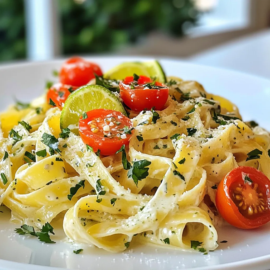 - 8 oz fettuccine or spaghetti - 1 cup fresh cilantro, chopped - 1/2 cup sour cream - 1/4 cup cream cheese, softened - 1/2 cup lime juice (about 3 limes) - 1 garlic clove, minced - 1 tablespoon olive oil - Salt and pepper to taste - Zest of 1 lime - 1/4 cup grated Parmesan cheese - Cherry tomatoes, halved (for garnish) For this creamy cilantro lime pasta, you will need some key ingredients. Start with 8 ounces of fettuccine or spaghetti. This will be your pasta base. Next, use 1 cup of fresh cilantro, chopped finely. The cilantro gives a bright flavor. You will also need 1/2 cup of sour cream and 1/4 cup of softened cream cheese. These create the creamy sauce that makes this dish special. Don’t forget the lime juice! You will need 1/2 cup, which comes from about 3 limes. The juice adds a zesty kick. A minced garlic clove and 1 tablespoon of olive oil are also important. They boost the flavor of the sauce. Lastly, keep salt and pepper handy for seasoning. If you want to elevate your dish, consider adding the zest of 1 lime. This will enhance the lime flavor. For a cheesy touch, add 1/4 cup of grated Parmesan cheese. For a pop of color, use cherry tomatoes, halved, as a garnish. {{ingredient_image_1}} 1. Start by boiling salted water in a large pot. The salt adds flavor to the pasta. 2. Add 8 ounces of fettuccine or spaghetti. Cook until it's al dente. This means it should be firm when you bite it. 3. Drain the pasta in a colander. Don’t forget to reserve 1/2 cup of pasta water. This water helps with the sauce later. 1. In a mixing bowl, combine the sour cream, cream cheese, lime juice, minced garlic, lime zest, and olive oil. 2. Whisk all the ingredients together until you have a smooth and creamy sauce. This is where the magic happens! 1. In the same pot you used for the pasta, mix the drained pasta with the creamy sauce. 2. Stir well so that the pasta gets fully coated. If the sauce feels too thick, slowly add some of the reserved pasta water. This helps reach your desired creaminess. 3. Finally, fold in the fresh cilantro. This adds a bright, fresh flavor that pairs perfectly with the creamy sauce. To get the best creamy texture in your pasta, mix the sauce well. I like to use a whisk for this. It helps blend the sour cream, cream cheese, lime juice, and garlic. This ensures every bite is rich and smooth. When you combine the pasta with the sauce, add some reserved pasta water bit by bit. This helps the sauce cling to the pasta. If the sauce feels thick, a little pasta water makes it just right. Balancing lime and cilantro is key. The lime brings a bright taste, while cilantro offers a fresh note. To get this right, start with less lime juice. You can always add more to suit your taste. I also suggest tasting as you go. A pinch of salt can bring out the flavors. If you like spice, a dash of pepper can add warmth without overpowering the dish. For a beautiful plate, twirl the pasta into a nest shape. This looks great and showcases your hard work. You can also sprinkle grated Parmesan on top for extra flavor. For a colorful touch, add halved cherry tomatoes as a garnish. If you want to make it a full meal, serve the pasta with grilled chicken or roasted vegetables. This adds protein and makes the meal more filling. Pro Tips Choose Fresh Ingredients: Always opt for fresh cilantro and limes to enhance the flavor of your dish. Fresh ingredients can make a significant difference in taste. Reserve Pasta Water: Don’t forget to save some pasta water before draining. It’s a great way to adjust the sauce consistency and helps it adhere better to the pasta. Adjust Creaminess: If you prefer a lighter sauce, you can substitute half of the sour cream with Greek yogurt. It adds a tangy flavor while keeping it creamy. Add a Protein: For a heartier meal, consider adding grilled chicken, shrimp, or black beans to the pasta. They pair well with the creamy cilantro lime sauce. {{image_2}} You can switch up the pasta you use for this dish. Fettuccine and spaghetti are great, but why not try penne or linguine? These shapes hold sauce well, making each bite full of flavor. If you need gluten-free options, many brands offer rice or chickpea pasta. These alternatives taste great and work well with the creamy cilantro lime sauce. Want to spice things up? You can add cumin for warmth or jalapeño for heat. Both will give your pasta a fun twist. You can also toss in vegetables like spinach or bell peppers. These add color, crunch, and nutrients to your dish. Just sauté the veggies lightly before mixing them in. They will brighten your pasta and make it even more tasty. If you're looking for vegan options, cashew cream or coconut yogurt works wonders. To make cashew cream, soak raw cashews and blend them until smooth. This creates a rich base for your sauce. Coconut yogurt is another great choice; it adds creaminess and a hint of coconut flavor. Both options keep your pasta creamy without dairy, allowing everyone to enjoy it. To keep your creamy cilantro lime pasta fresh, store it in an airtight container. This helps prevent any moisture loss. Make sure to let the pasta cool to room temperature before sealing. It lasts about 3 to 4 days in the fridge. After that, the flavors may fade, and the texture may change. For reheating, use a stovetop or microwave to warm your pasta. If using the stovetop, add a splash of water or olive oil. This will help restore the creaminess. Heat on low to avoid burning. If using a microwave, cover the dish with a damp paper towel. This keeps moisture in. Aim for a temperature of 165°F to ensure it's hot throughout. Yes, you can freeze creamy pasta, but the texture may change when thawed. To freeze, place the pasta in a freezer-safe container. Leave some space for expansion. It can last up to 2 months in the freezer. When ready to eat, thaw it in the fridge overnight. To reheat, follow the stovetop method, adding a little liquid as needed. You can use Greek yogurt instead of sour cream. It has a similar tang and creaminess. If you want a dairy-free option, try coconut yogurt. It will add a hint of sweetness. You can also use cashew cream for a nutty flavor. Each option works well in the creamy cilantro lime pasta. Yes, you can prepare many parts of this dish ahead of time. Cook the pasta and let it cool. Store it with a bit of olive oil to prevent sticking. You can also mix the creamy sauce and keep it in the fridge. Just combine them before serving. This saves time on busy nights. Absolutely! Creamy cilantro lime pasta stores well. Keep it in an airtight container in the fridge for up to three days. When you're ready to eat, reheat it gently on the stove or in the microwave. Add a splash of water or extra lime juice to keep it creamy. This dish tastes great even on the second day! This blog post covered how to make a creamy pasta dish with fresh flavors. We learned about the main and optional ingredients, step-by-step instructions, and practical tips. Remember to adjust the sauce's texture with reserved pasta water for creaminess. Explore variations to suit your taste, whether by changing pasta types or adding spices. Enjoy this dish as a tasty meal or during meal prep. You now have the knowledge to impress with this flavorful recipe.