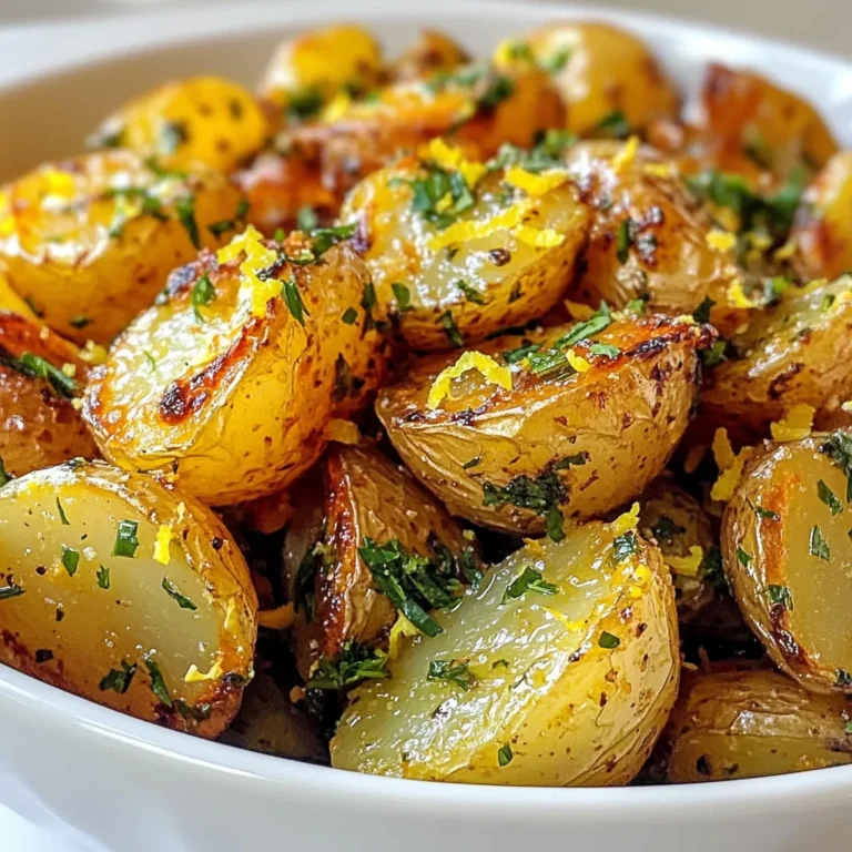 - 2 pounds baby potatoes, halved - 4 tablespoons olive oil - 3 cloves garlic, minced - Juice of 2 lemons - Zest of 1 lemon - 1 tablespoon fresh oregano, chopped (or 1 teaspoon dried oregano) - 1 tablespoon fresh thyme, chopped (or 1 teaspoon dried thyme) - Salt and pepper to taste - Fresh parsley for garnish (optional) Gather these simple ingredients to make Greek Lemon Roasted Potatoes. The baby potatoes are the star of this dish. Their smooth skin and creamy texture pair well with the bold flavors of lemon and herbs. You will need olive oil for roasting. It adds a rich flavor while helping the potatoes crisp up nicely. Garlic brings in that delicious aroma and taste. Fresh garlic is best, but you can use pre-minced if you’re short on time. Lemons are key here. The juice brightens the potatoes, while the zest adds extra flavor. Fresh oregano and thyme give the dish an earthy taste. You can use dried herbs if fresh is not available. Make sure to season with salt and pepper generously. This helps enhance all the flavors. Lastly, fresh parsley is a nice touch for garnish. It adds color and freshness to the dish as you serve it. Now you have all the ingredients ready to create this flavorful and simple dish! {{ingredient_image_1}} First, get 2 pounds of baby potatoes. Cut each potato in half. This helps them cook faster and soak up flavor. Next, we need to make the marinade. In a big bowl, mix the halved potatoes with 4 tablespoons of olive oil, 3 minced garlic cloves, and the juice of 2 lemons. Add the zest of 1 lemon for extra zing. Then, toss in 1 tablespoon of fresh oregano and 1 tablespoon of fresh thyme. If you have dried herbs, you can use 1 teaspoon each. Finally, sprinkle some salt and pepper to taste. Mix everything until the potatoes are coated. Now, let’s get the oven ready. Preheat it to 425°F (220°C). While it warms up, take a large baking sheet. Spread the marinated potatoes in a single layer. This is key! Don’t overcrowd the pan. It helps them roast evenly. Roast the potatoes for 25-30 minutes. Halfway through, give them a stir. This ensures all sides get nice and brown. Keep an eye on them until they turn golden and tender. When the potatoes are done roasting, take them out of the oven. Let them cool for a few minutes. This helps them firm up a bit. Before serving, sprinkle some fresh parsley on top if you like. It adds a lovely color and fresh taste! Enjoy your Greek Lemon Roasted Potatoes! To get the best roasted potatoes, avoid overcrowding the baking sheet. If you pack them too close, they steam instead of roast. This makes them soft rather than crisp. Give each potato space to breathe. Toss the potatoes halfway through roasting. This helps them cook evenly. Flip them so all sides get that lovely golden color. You want every bite to be crunchy and flavorful. You can add other herbs to boost flavor. Try rosemary or basil for a fun twist. Both herbs pair well with lemon. Different types of potatoes can change the taste and texture. Use Yukon Gold for creaminess or red potatoes for a firmer bite. Each type brings its unique flavor to the dish. Experiment to find your favorite! Pro Tips Choose the Right Potatoes: For the best flavor and texture, use waxy potatoes such as baby Yukon Golds or red potatoes. They hold their shape well and have a creamy texture. Don't Skip the Zest: The lemon zest adds a vibrant flavor that enhances the dish. Make sure to zest the lemon before juicing it for convenience. Even Coating is Key: Ensure that the potatoes are well-coated in the marinade. This guarantees even flavor distribution and helps achieve a crispy exterior. Roast in a Single Layer: To achieve that perfect golden-brown color and crispy texture, make sure the potatoes are spread out on the baking sheet without overlapping. {{image_2}} You can make this dish vegan and gluten-free. Start by checking your olive oil. Make sure it is pure and free from additives. The other ingredients are already plant-based. Use fresh herbs to keep it tasty. For a Mediterranean twist, add olives or capers. These ingredients give a nice briny flavor. Choose green or black olives based on your taste. Just toss them in with the potatoes before roasting. This adds a new layer of flavor that pairs well with the lemon. If you prefer a creamier dish, try a lemon sauce. Mix Greek yogurt with lemon juice and zest. Add a pinch of salt and pepper for extra taste. Drizzle this sauce over the roasted potatoes just before serving. It adds a rich, tangy touch that complements the flavors perfectly. To keep your Greek lemon roasted potatoes fresh, let them cool completely. This step prevents moisture build-up. Once cool, store them in an airtight container. Keep them in the fridge for up to three days. If you want them to last longer, consider freezing. To reheat, I recommend using an oven. Preheat it to 350°F (175°C). Spread the potatoes on a baking sheet. Heat them for about 10-15 minutes. This method helps maintain their crispy texture. You can also use a skillet. Just toss them on medium heat until warm. Can you freeze roasted potatoes? Yes, you can! However, they may lose some texture. To freeze, let them cool completely. Place them in a single layer on a baking sheet. Freeze for a few hours, then transfer to a freezer bag. This way, they won’t stick together. Use them within three months for the best flavor. Greek Lemon Roasted Potatoes take about 10 minutes to prepare. After prep, cook them for 25 to 30 minutes. In total, you need about 40 minutes from start to finish. This means you can easily fit this dish into a busy schedule. Yes, you can use other types of potatoes. Yukon Gold or red potatoes work great too. These options have a nice texture and flavor. They will still soak up that lemon and herb goodness well. Just keep the size similar to baby potatoes for even cooking. These potatoes pair well with many dishes. Try them with grilled chicken or lamb. They also go great with fish. For a vegetarian option, serve them with a fresh salad or roasted veggies. You can create a full meal with just a few sides. This blog post covers how to make delicious Greek lemon roasted potatoes. We looked at the key ingredients, preparation steps, and roasting tips. You learned about flavor variations and how to store leftovers. Roasting potatoes can be simple yet rewarding. By following these steps, you can make a tasty side dish that pairs well with many meals. Experiment with herbs and spices to find your favorite flavor. Enjoy the joy of cooking and share these roasted potatoes with others!