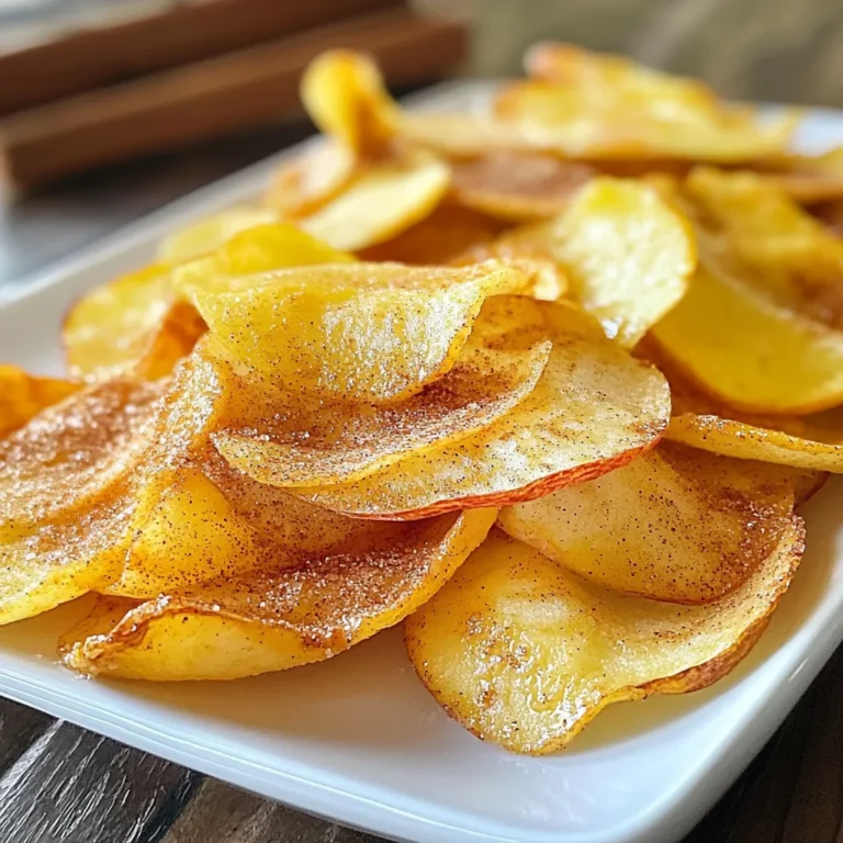 To make delicious baked cinnamon apple chips, you'll need a few simple ingredients. Here's the list to get you started: - 3 medium-sized apples (Honeycrisp or Fuji recommended) - 2 teaspoons ground cinnamon - 1 tablespoon sugar (optional) - Pinch of salt These ingredients create a sweet and spicy flavor that enhances the natural taste of the apples. The Honeycrisp and Fuji apples are best because they are sweet and hold up well during baking. You can adjust the sugar based on how sweet your apples are. If you want to skip the sugar, that’s perfectly fine! The cinnamon and salt will still give you great flavor. Using fresh ingredients makes a big difference. Always pick apples that look shiny and firm. This ensures your chips are tasty and crunchy. Remember, the key to great apple chips is even slicing, so take your time when cutting. Enjoy the process of making this healthy snack! {{ingredient_image_1}} - Preheat the oven to 200°F (93°C). - Line a baking sheet with parchment paper. Start by getting your oven ready. Preheating is key to making sure your apple chips cook evenly. Parchment paper helps the chips not stick. It also makes cleanup easy. - Wash and dry the apples. - Slice apples into thin rounds (1/8 inch thick). Next, wash your apples well. Make sure they are dry before slicing. Use a sharp knife or a mandoline for thin slices. The thinner, the better! Remove any seeds you see. This helps the chips stay safe to eat. - Mix cinnamon, sugar (if using), and salt. - Toss apple slices in the cinnamon mixture. In a bowl, mix the ground cinnamon and sugar together. This adds sweetness if you choose to use sugar. Add a pinch of salt for flavor. Toss your apple slices well in this mix. Each slice should be coated nicely. - Lay apple slices flat on the baking sheet. - Bake for 1 hour, then flip and continue baking. Place the apple slices in a single layer on the baking sheet. Avoid overlapping to ensure even cooking. Bake in the preheated oven for 1 hour. After an hour, flip the slices over. Bake for another hour until they are crisp and slightly curled. - Turn off the oven and leave apple chips inside for 30 minutes. - Cool apples completely before serving. Once they are done baking, turn off your oven. Leave the chips inside for 30 minutes. This step helps them get even crispier. After that, let the apple chips cool completely. They will be ready to enjoy! For the best apple chips, choose Honeycrisp or Fuji apples. These apples have great sweetness and crispness. Their flavor shines through when baked. It is also key to slice the apples evenly. Aim for 1/8 inch thick slices. This way, they will cook at the same time. An uneven slice can lead to some chips being soft while others are crispy. To get the crispiest chips, set your oven to 200°F (93°C). Low heat helps to remove moisture without burning the apples. Halfway through baking, flip the apple slices. This ensures that both sides cook evenly. If you skip this step, one side may become too soft. Not all apples are equally sweet. If your apples are sweet, you may want less sugar. Start with just a pinch. You can also use alternative sweeteners like honey or maple syrup. Just remember, these may change the final texture. Test small amounts first to find what you like best. Pro Tips Choose the Right Apples: Opt for sweet and crisp apple varieties like Honeycrisp or Fuji for the best flavor and texture in your chips. Slice Evenly: Use a mandoline for uniform thickness to ensure even baking. Thinner slices will yield crunchier chips. Experiment with Flavors: Feel free to add other spices like nutmeg or ginger to the cinnamon mixture for a unique twist on flavor. Storage Tip: Keep your apple chips in an airtight container at room temperature to maintain their crispness. They can also be refrigerated for longer shelf life. {{image_2}} You can make your apple chips even tastier. Try adding nutmeg or allspice. Just a pinch can bring warmth and depth to the flavor. You can also add some vanilla or maple syrup. These ingredients add a nice sweet touch. Mix them in with the cinnamon for a new twist. If you want a sugar-free option, skip the sugar. The natural sweetness of the apples shines through. For those who need gluten-free snacks, this recipe is perfect. Apples, cinnamon, and salt contain no gluten. Enjoy these chips without worry. You can mix apples with other fruits for fun flavors. Try adding pears or peaches to the mix. They bake well and add unique tastes. You could also create a mixed-fruit chip recipe. Slice your favorite fruits thinly and bake them together. This way, you enjoy a variety of flavors in each bite. To keep your baked cinnamon apple chips fresh, use airtight containers. This will help prevent moisture from ruining their crispiness. Glass jars or plastic containers with tight lids work well. You can also use resealable plastic bags. Just make sure to remove as much air as possible before sealing. Store your apple chips in a cool, dry place away from direct sunlight. They will stay fresh for up to two weeks. If your apple chips lose their crunch, you can reheat them. For the oven, set it to 200°F (93°C). Place the chips on a baking sheet for about 5-10 minutes. This will help restore their crispiness. You can also use an air fryer. Set it at a low temperature and heat for a few minutes. This method gives you quick results. Remember to check often so they do not burn. Enjoy your tasty snack! Baked cinnamon apple chips last about one week if stored properly. Keep them in an airtight container at room temperature. The chips may lose some crispness over time, but they will still taste good. Yes, you can make these chips without sugar. The sweetness from the apples often shines through on their own. Just skip the sugar in the recipe. You might enjoy a more natural flavor. For the best results, use Honeycrisp or Fuji apples. They have a great balance of sweetness and tartness. Other good options include Granny Smith and Gala apples. Baked apple chips are a healthy snack. They are low in calories and high in fiber. You can enjoy them guilt-free while still satisfying your snack cravings. Yes, a dehydrator works well for making apple chips. Slice the apples as you would for the oven. Set the dehydrator to 135°F (57°C) and let them dry for about 6 to 8 hours. Your chips will be crispy and delicious. This blog post covered how to make baked cinnamon apple chips from scratch. We discussed the ingredients, step-by-step instructions, and tips for great results. You learned how to choose the best apples, achieve crispiness, and explore fun flavor variations. Enjoy your healthy snacks and share them with others. Experiment with ingredients to make the recipe your own. Happy baking!