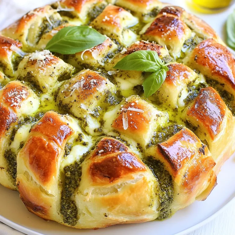 To make Pesto Mozzarella Pull-Apart Bread, you need: - 1 large round loaf of crusty bread (like ciabatta or sourdough) - 1 cup fresh basil pesto - 2 cups fresh mozzarella cheese, shredded or cubed - 1/4 cup grated Parmesan cheese - 3 tablespoons olive oil - 1 teaspoon garlic powder - 1 teaspoon red pepper flakes (optional) - Fresh basil leaves for garnish These ingredients work together to create a hearty and flavorful dish. The fresh basil pesto gives the bread a vibrant taste. The mozzarella cheese melts beautifully, making every bite gooey and delicious. I recommend using a round loaf of crusty bread. Ciabatta and sourdough are both great choices. They have a thick crust that holds up well. This structure keeps the bread from falling apart. You want a bread that can hold the pesto and cheese without getting soggy. Avoid soft breads like sandwich bread for this recipe. While fresh mozzarella is the star, you can explore other cheeses too. Try using provolone or gouda for a twist. If you want a stronger flavor, add some sharp cheddar. Mixing cheeses can create a richer taste and melt texture. Remember to keep the balance of flavors in mind. You want the cheese to complement the pesto, not overpower it. {{ingredient_image_1}} Start with a large round loaf of crusty bread. Ciabatta or sourdough works best. Place your loaf on a cutting board. Carefully slice it into a grid pattern. Make cuts about one inch apart. Be sure not to cut all the way through the bottom crust. This helps hold the loaf together. Grab a small bowl and add three tablespoons of olive oil. Then, mix in one teaspoon of garlic powder. If you like a bit of heat, add one teaspoon of red pepper flakes. Stir the mixture well until it is smooth. This oil mixture will add great flavor to the bread. Using a pastry brush, spread the oil mixture between the slices of bread. Make sure to coat every crevice. Next, take one cup of fresh basil pesto and spoon it into each slice. Now, grab two cups of fresh mozzarella cheese. Stuff the cheese into the cuts of the bread evenly. Finally, sprinkle a quarter cup of grated Parmesan cheese over the top. This adds a nice, cheesy finish. Start by preheating your oven to 350°F (175°C). This step is key. It helps the bread bake evenly and ensures the cheese melts just right. Don’t skip this. Once the oven is ready, wrap your prepared bread in aluminum foil. Place it on a baking sheet. This keeps the bread moist while baking. Bake it for about 15-20 minutes. You want the cheese melted and the bread warmed through. For a crispy top, open the foil for the last 5 minutes of baking. This allows the top to brown nicely. You want that golden color for the best flavor. Watch it closely to avoid burning. Enjoy the warm, crispy goodness as soon as it’s done! Pro Tips Use Day-Old Bread: Day-old bread works best for this recipe as it is sturdier and holds up better to the fillings. Experiment with Cheese: Feel free to mix different types of cheese like fontina or gouda for a unique flavor profile. Customize the Pesto: Try using sun-dried tomato pesto or arugula pesto for a twist on the classic basil flavor. Perfectly Crispy Top: For an extra crispy crust, broil the bread for the last 1-2 minutes of baking, keeping a close eye to prevent burning. {{image_2}} Store leftover pull-apart bread in an airtight container. This keeps it fresh for up to two days. If you want to save it longer, wrap it well in plastic wrap and freeze it. To reheat, place it in the oven at 350°F (175°C) for about 10 minutes. This gives it a warm and fresh taste again. For the best cheese melt, use fresh mozzarella. Shred or cube the cheese, so it fits nicely between the bread slices. When you bake, the cheese should melt evenly. Cover the bread with foil for the first part of baking to trap heat. Remove the foil in the last five minutes to get a nice, golden top. Garnishing is key to adding flair to your dish. Fresh basil leaves on top give a pop of color. You can also drizzle a little olive oil for extra richness. For a fun twist, sprinkle crushed red pepper flakes for heat. Serve with a small bowl of pesto on the side for dipping. This adds more flavor and makes it fun to eat! You can easily change the taste of your Pesto Mozzarella Pull-Apart Bread. Try adding sun-dried tomatoes for a tangy kick. You could also mix in some sliced olives for a briny touch. If you like a bit of spice, add jalapeños or hot sauce. For a sweeter note, toss in roasted red peppers. Each flavor adds a new twist to the classic recipe. Garnishes can make your dish pop. Fresh herbs like parsley or oregano add color and aroma. A sprinkle of chili flakes can enhance the spice level. You might also drizzle some balsamic glaze on top for a sweet contrast. These small touches can elevate your bread's look and taste. If you need gluten-free bread, many stores offer options. Look for gluten-free ciabatta or sourdough. You can also make your own gluten-free bread at home. Just ensure it has a good crust to hold the fillings. This way, everyone can enjoy this delicious treat! Yes, you can use store-bought pesto. It saves time and adds flavor. Look for a brand with fresh ingredients. If you want more taste, add a little extra garlic or cheese. This can give it a boost. Homemade pesto is great too, but store-bought works well for quick meals. To enhance the flavor, use quality ingredients. Start with fresh bread. Brush on a mix of olive oil, garlic powder, and red pepper flakes. This adds depth. You can also mix herbs into your pesto for extra zest. Experiment with different cheeses to find your favorite combo. Serve this bread as an appetizer or side. It pairs well with a fresh salad or soup. You can also offer extra pesto on the side for dipping. A light tomato salad complements the rich flavors. This makes for a balanced meal that everyone will enjoy. In this article, we explored how to make Pesto Mozzarella Pull-Apart Bread. We covered the key ingredients and the best types of bread to use. You learned to prepare, assemble, and bake it for a crispy top. Our tips shared how to store leftovers and enhance flavors. Plus, we looked at tasty variations to try. Now you can enjoy this fun dish any time. Get creative and make it your own!