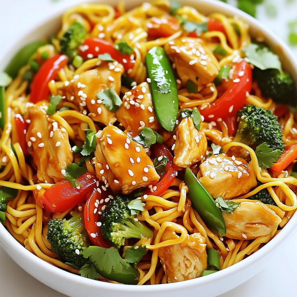 - 200g egg noodles - 2 boneless, skinless chicken breasts, sliced thinly - 1 red bell pepper, julienned - 1 cup broccoli florets - 1 cup snow peas In this dish, egg noodles serve as the base. They soak up all the tasty sauce. Chicken breasts add protein and heartiness. Vegetables like bell pepper, broccoli, and snow peas bring color and crunch. Together, they make a satisfying meal. - 2 tablespoons sesame oil - 3 tablespoons soy sauce (low-sodium recommended) - 2 tablespoons honey - 1 tablespoon rice vinegar - 2 garlic cloves, minced - 1 tablespoon fresh ginger, grated Flavor is key! Sesame oil adds a nutty taste. Soy sauce provides saltiness and depth. Honey gives a hint of sweetness, while rice vinegar brightens everything up. Garlic and ginger give a warm, fragrant kick that makes this dish special. - 1 tablespoon sesame seeds - Fresh cilantro, chopped (for garnish) - Sliced green onions (for garnish) Garnishes make your dish look great and add flavor. Sesame seeds add crunch. Fresh cilantro brings a pop of green and freshness. Sliced green onions provide a mild bite. With these toppings, your dish will be a feast for the eyes as well as the belly! {{ingredient_image_1}} First, cook the egg noodles according to the package instructions. This usually takes around 5-7 minutes. Once done, drain them well. To keep them from sticking, drizzle a little sesame oil over the noodles and toss gently. This adds flavor and helps them stay loose. Next, heat the vegetable oil in a large skillet over medium-high heat. Add the thinly sliced chicken breasts to the hot oil. Season with a pinch of salt. Cook the chicken for about 5-7 minutes until it turns golden brown and is no longer pink inside. Once cooked, remove the chicken from the skillet and set it aside. In the same skillet, add a splash of sesame oil. Then, toss in the minced garlic and grated ginger. Sauté for 1-2 minutes until the kitchen smells amazing. Be careful not to let the garlic burn! Next, add the red bell pepper, broccoli florets, and snow peas. Stir-fry these colorful veggies for about 4-5 minutes until they are tender but still crisp. Now, it's time to bring everything together. In a small bowl, mix the soy sauce, honey, and rice vinegar. Pour this tasty sauce over the sautéed vegetables and stir well to coat. Finally, add the cooked chicken and noodles back into the skillet. Toss everything together gently. Heat for about 2-3 minutes until everything is warm. This makes a delightful meal packed with flavor! To get juicy chicken, cook it for 5 to 7 minutes. Use medium-high heat to brown it well. Always check that it's no longer pink in the center. To avoid overcooking, remove the chicken from the skillet once it reaches 165°F. Let it rest for a few minutes before slicing it. This keeps the juices in. Choose a large skillet or wok. This helps the food cook evenly. Heat the oil until it shimmers but does not smoke. Add the chicken in a single layer. This helps it brown nicely. Stir often to avoid burning. Once you add veggies, keep them moving. This way, they stay tender-crisp and colorful. Want some heat? Add red pepper flakes or sliced jalapeños to the mix. They bring a nice kick. You can also add a splash of sriracha for more spice. For deeper flavor, try adding oyster sauce or hoisin sauce. These make your dish even richer. Experiment with sesame oil too. A little drizzle at the end boosts the taste. Pro Tips Perfectly Cooked Noodles: To ensure your egg noodles are perfectly cooked, follow the package instructions closely and avoid overcooking. Rinse them under cold water after draining to stop the cooking process. Marinade for Flavor: For extra flavor, consider marinating the chicken in a mixture of soy sauce, garlic, and ginger for at least 30 minutes before cooking. This will enhance the overall taste of your dish. Veggie Variations: Feel free to mix and match your vegetables! Broccoli, snow peas, and red bell pepper are great, but you can also use carrots, snap peas, or bok choy for a colorful twist. Garnish for Freshness: Don't skip the garnishes! Fresh cilantro and sliced green onions add a burst of freshness and color to your dish, making it visually appealing and delicious. {{image_2}} You can switch the chicken with tofu or shrimp for a new taste. Tofu adds a nice texture and absorbs flavors well. If you prefer shrimp, use large ones for a hearty bite. Simply sauté them until they turn pink. You can also use other poultry like turkey or duck. Just keep the cooking time similar to chicken. Seasonal veggies can change the dish's flavor. Try bell peppers, zucchini, or snap peas. They add color and nutrients. For extra crunch, toss in some nuts like cashews or almonds. This adds a nice surprise and a healthy twist. If you want a gluten-free option, use rice noodles. They cook quickly and soak up the sauce nicely. Simply follow the package instructions. You can also try whole wheat noodles for added nutrition. They have a chewier texture and a nutty taste. To keep your sesame ginger chicken noodles fresh, put them in an airtight container. This helps prevent any strong smells from other foods in your fridge. Store the leftovers in the fridge and eat them within 3 days for the best taste and safety. You can reheat your noodles in two ways: the microwave or stovetop. For the microwave, place the noodles in a bowl and cover it with a damp paper towel. Heat in 30-second intervals, stirring in between, until warm. For stovetop, heat a skillet over medium heat. Add a splash of water or sesame oil, then stir in the noodles until heated through. This helps keep the texture soft and tasty. If you want to freeze your sesame ginger chicken noodles, let them cool first. Then, put them in a freezer-safe container. Be sure to remove as much air as possible to avoid freezer burn. You can freeze the dish for up to 2 months. When you are ready to eat, thaw it overnight in the fridge. Reheat in the microwave or on the stovetop as described above. This way, your noodles will taste almost as fresh as when you first made them! Yes, you can use other noodles. Some great substitutes include rice noodles, udon, or soba noodles. Each type has its own cooking time, so check the package. Rice noodles cook quickly, usually in 3-5 minutes. Udon noodles take about 8-10 minutes, while soba noodles need around 4-6 minutes. Adjust your cooking time based on the noodles you choose. This dish works well for meal prep. You can cook the chicken and veggies in advance. Store them in airtight containers. You can also cook the noodles ahead. Just remember to toss them with a little sesame oil. This keeps them from sticking. For storage, keep the meal in the fridge for up to 3 days. To spice it up, add red pepper flakes or sriracha. Start with a small amount and taste as you go. You can also use fresh chili peppers for a fresh kick. Just chop them finely and stir them in with the other ingredients. Adjust according to your spice level preference. This blog post covered how to make a delicious stir-fry dish. We discussed main ingredients, like egg noodles and chicken, and flavoring with sesame oil and soy sauce. You learned step-by-step cooking methods and tips for perfect results. The variations section gave ideas for different proteins and vegetables. Finally, we shared storage tips to keep your meal fresh. Cooking can be fun and simple; enjoy experimenting with your favorite flavors and ingredients!