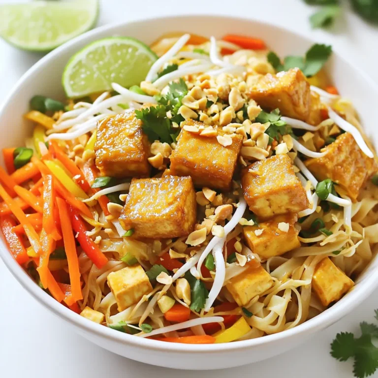 To make Easy Veggie Pad Thai, gather these key ingredients: - 8 oz rice noodles - 2 tablespoons vegetable oil - 1 cup firm tofu, cubed - 2 cloves garlic, minced - 1 carrot, julienned - 1 bell pepper, thinly sliced - 1 cup bean sprouts - 2 green onions, chopped - 3 tablespoons soy sauce - 1 tablespoon lime juice - 1 tablespoon peanut butter - 1 tablespoon brown sugar These ingredients bring bright flavors and textures to your dish. The rice noodles are the star, while the tofu adds protein. Garlic gives a nice kick, and the veggies add crunch. For extra flavor and color, consider these optional garnishes: - Crushed peanuts - Lime wedges - Fresh cilantro These toppings brighten the dish and add a nice crunch. I love how they elevate the meal. You can make this recipe your own with these substitutions: - Use sesame oil instead of vegetable oil for a nutty flavor. - Swap tofu for tempeh or chickpeas for a different protein. - Try zucchini or snap peas instead of carrots or bell peppers. These changes keep the dish fresh and exciting. Don't hesitate to get creative with what you have on hand! To start, boil a large pot of water. Once the water is boiling, add the rice noodles. Cook them according to the package instructions until they are al dente. This usually takes about 5 to 7 minutes. After cooking, drain the noodles and rinse them with cold water. This stops the cooking process and keeps them from becoming mushy. Set the noodles aside for later. Next, grab a large skillet or wok. Heat 2 tablespoons of vegetable oil over medium-high heat. Once the oil is hot, add the cubed tofu to the pan. Cook the tofu for about 5 to 7 minutes. You want it to turn golden brown on all sides. This gives the tofu a nice texture. Once it’s golden, remove the tofu from the pan and set it aside. In the same skillet, add 2 cloves of minced garlic. Let it cook for about 30 seconds until fragrant. Then, add the julienned carrot and the thinly sliced bell pepper. Sauté these vegetables for about 2 to 3 minutes. You want them to soften slightly but still have a crunch. This adds great flavor and texture to your dish. Now, it’s time to bring everything together. Add the cooked rice noodles, bean sprouts, and the golden tofu back into the skillet. Mix everything gently. In a small bowl, whisk together 3 tablespoons of soy sauce, 1 tablespoon of lime juice, 1 tablespoon of peanut butter, and 1 tablespoon of brown sugar. This sauce is the key to great flavor. Pour it over the noodle mixture in the skillet. Gently toss everything together to coat it evenly with the sauce. Cook for another 2 to 3 minutes until everything is heated through. Finally, remove the skillet from heat and stir in 2 chopped green onions. For a beautiful presentation, serve your pad thai in bowls. You can garnish with crushed peanuts, lime wedges, and fresh cilantro if you like. Enjoy your delicious Easy Veggie Pad Thai! To make your veggie pad Thai taste great, use fresh ingredients. Fresh veggies bring out the best flavor. I like to pick local produce when I can. Use soy sauce that has no added ingredients. This keeps the taste clean. A squeeze of lime juice adds brightness, while peanut butter gives creaminess. Mix the sauce well to coat the noodles evenly. Cooking tofu can be tricky. First, press the tofu to remove extra water. This helps it crisp up. Cut it into small cubes for even cooking. Heat oil in your pan until hot. Then, add the tofu and let it cook undisturbed. This helps it turn golden brown. Flip and cook until all sides are crispy. Once done, remove it from the pan and set it aside to keep it crunchy. For a fun presentation, serve the pad Thai in bowls. Top with crushed peanuts for crunch. Add lime wedges for a fresh kick. If you like, sprinkle fresh cilantro on top. You can also serve it with extra veggies on the side. This makes your meal colorful and inviting. Enjoy your tasty creation! {{image_2}} You can boost the nutrition of your Easy Veggie Pad Thai by adding more veggies. Try adding broccoli, snap peas, or zucchini for extra crunch and color. Just chop them into small pieces and sauté them with the garlic. You can also use spinach or kale. These greens wilt nicely and add great flavor. Mix and match your favorite veggies to make it your own. If you need a gluten-free version, use rice noodles as the base. They are naturally gluten-free. Make sure to pick a gluten-free soy sauce too. This sauce is often labeled as tamari. It gives the same great taste without the gluten. You can also check for gluten-free peanut butter. This way, you can enjoy this dish worry-free. Want some heat? Add Sriracha to your sauce mix. Start with a small amount and taste as you go. If you like it spicy, add more! You can also sprinkle chili flakes on top before serving. This adds a nice kick and makes your dish pop. Remember, spice can really change the flavor, so adjust to your liking. Enjoy the heat! To store your veggie pad thai, let it cool first. Place it in an airtight container. Keep it in the fridge. It will stay fresh for up to 3 days. If you want to enjoy it later, avoid adding garnishes before storing. This way, you keep the flavors and textures intact. When you are ready to eat, reheating is easy. You can use a microwave or a skillet. If using a microwave, heat for about 1-2 minutes. Stir halfway to ensure even heating. If using a skillet, add a splash of water or oil. Heat on medium until warm. This keeps the noodles from drying out. You can freeze veggie pad thai for later use. Place it in a freezer-safe container. Make sure to leave some space for expansion. It can last up to 2 months in the freezer. When ready to eat, thaw overnight in the fridge. Reheat as mentioned above. Enjoy your tasty meal anytime! Yes, you can use many types of noodles. The classic choice is rice noodles. They are thin and cook quickly. You can also try egg noodles or even zucchini noodles for a twist. Just remember, each noodle type will change the taste a bit. Make sure to adjust the cooking time based on the noodles you pick. Making this dish vegan is easy. First, use firm tofu as your protein. It is plant-based and adds great texture. Next, ensure your soy sauce is vegan-friendly, as some brands may add fish sauce. Lastly, skip any animal-derived garnishes like egg. You can add more veggies or even tofu for extra protein. Customizing Pad Thai is fun and simple. You can add more veggies like broccoli, snap peas, or bell peppers. If you like spice, add chili flakes or Sriracha. You can switch up the sauce too. Try adding more lime juice for tang or use tahini instead of peanut butter. The key is to keep it balanced and tasty. This blog post covered key ingredients for a great Pad Thai, with options for garnishes and substitutes. I provided simple steps for cooking noodles, sautéing tofu, and preparing vegetables. Authentic flavors and cooking techniques enhance the dish. Plus, I shared variations like gluten-free and spicy options. In the end, Pad Thai is versatile and fun to make. You can store and reheat leftovers easily. So, get creative and customize your own bowl of Pad Thai! Enjoy the flavor journey.