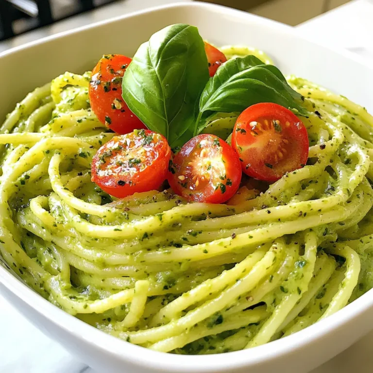 - 2 ripe avocados - 12 oz (340g) spaghetti or linguine - 2 cloves garlic, minced - 1 tablespoon fresh lemon juice - 1/4 cup extra virgin olive oil - 1/4 cup grated Parmesan cheese (or nutritional yeast for a vegan option) - 1/4 teaspoon red pepper flakes (adjust to taste) - Salt and pepper to taste - Fresh basil leaves for garnish - Cherry tomatoes, halved (optional, for garnish) You can easily swap some ingredients. If you're vegan, use nutritional yeast instead of Parmesan. For gluten-free diets, try gluten-free pasta. If you're avoiding garlic, skip it or use garlic powder. For a nut-free option, make sure your Parmesan cheese is nut-free. You can also add cooked chicken or shrimp for extra protein. When choosing avocados, look for ones that feel soft but not mushy. Gently press the skin with your fingers. If it gives a little, it’s ripe. Avoid avocados with dark spots or cracks. If they are hard, leave them at room temperature for a couple of days. You can speed up ripening by placing them in a brown paper bag with a banana. Bananas give off ethylene gas, which helps the avocados ripen faster. {{ingredient_image_1}} First, you need to cook the pasta. Use a large pot and fill it with water. Add a good amount of salt to the water. Bring it to a boil. Once boiling, add 12 ounces of spaghetti or linguine. Cook it for about 8 to 10 minutes, or until it is al dente. This means it should be firm but not hard. While the pasta cooks, save 1 cup of pasta water before draining. This water helps to thin the sauce later. While the pasta cooks, grab two ripe avocados. Cut them in half, remove the pit, and scoop the flesh into a blender. Add two cloves of minced garlic and 1 tablespoon of fresh lemon juice. Pour in 1/4 cup of extra virgin olive oil. Sprinkle in 1/4 cup of grated Parmesan cheese or nutritional yeast if you want a vegan option. Add 1/4 teaspoon of red pepper flakes for some heat and season with salt and pepper. Blend everything until it becomes a smooth and creamy sauce. If it’s too thick, add some reserved pasta water a little at a time to reach your desired consistency. Once your pasta is drained, put it back in the pot. Pour the creamy avocado sauce over the pasta. Toss it all together well. Make sure every piece of pasta is coated in that rich, green sauce. For a nice touch, serve the pasta in bowls and add halved cherry tomatoes on top for color. Don’t forget to garnish with fresh basil leaves! If you like, drizzle a bit more olive oil on top for extra flavor. Enjoy your creamy avocado pasta! To make the sauce creamy, use ripe avocados. They should feel soft but not mushy. Blend the avocados with garlic, lemon juice, olive oil, and cheese. If the sauce is too thick, add pasta water. Start with a little and blend until smooth. This helps you control the sauce’s thickness. To make the flavor pop, add fresh herbs. Basil works well, but you can try parsley too. Red pepper flakes add heat. Adjust the amount based on your taste. For a fresh touch, toss in halved cherry tomatoes. They add color and sweetness to the dish. For a beautiful plate, use large bowls. Serve the pasta warm. Top it with fresh basil leaves. A drizzle of olive oil adds shine. Finish with cracked black pepper and more cheese for extra flavor. These little details make your dish look and taste amazing. Pro Tips Use Ripe Avocados: Ensure your avocados are perfectly ripe for a creamy texture. They should yield slightly when pressed gently. Customize Your Spice Level: Adjust the amount of red pepper flakes according to your heat preference. Start with a little, and add more if you like it spicy! Reserve Pasta Water: Always save some pasta water before draining. It helps to adjust the sauce consistency and makes it cling better to the pasta. Add Fresh Ingredients: For extra freshness, toss in some fresh spinach or arugula just before serving, or consider adding grilled chicken for protein. {{image_2}} You can easily make this creamy avocado pasta vegan. Just swap out the cheese. Use nutritional yeast instead of Parmesan. This gives a nice cheesy flavor without dairy. You can also add a splash of plant-based milk. This helps blend the sauce smoother if needed. Want to boost the protein? Try adding chickpeas or white beans. They mix well with the avocado sauce. You can also add grilled chicken or shrimp. These options add taste and make the meal more filling. Simply toss them in with the pasta and sauce. Add herbs and spices to make the dish unique. Fresh basil is a great start. You can also use parsley, cilantro, or even mint. These herbs brighten the taste. For extra heat, add more red pepper flakes. Lemon zest can also add a nice zing. Mix and match to find your favorite flavors! To keep your creamy avocado pasta fresh, store it in an airtight container. Make sure to seal it tightly. It can last in the fridge for about two days. The avocado may darken, but this does not mean it has gone bad. You can add a little extra lemon juice on top to slow this down. I do not recommend freezing creamy avocado pasta. The texture of the avocado may change when frozen, making it less appealing. If you have leftover sauce, you can freeze that. Just place it in a freezer-safe container. It will keep well for up to three months. Thaw it in the fridge overnight before using. When reheating, do it gently. You can use a pan over low heat. Add a splash of water or olive oil to help restore creaminess. Stir it often to heat evenly. If you microwave, use a low setting. Heat in short bursts to avoid cooking it too much. Enjoy your creamy avocado pasta warm and tasty! Yes, you can switch up the pasta. You can use any shape you like. Whole wheat pasta adds more fiber. Gluten-free options work well too. Just follow the cooking time on the package. Adjust the sauce if you use a different type. The creamy avocado sauce will taste great with all pasta shapes. Creamy avocado pasta lasts about three days in the fridge. Store it in an airtight container. The avocado may brown a bit, but it will still taste good. To keep it fresh, you can add a splash of lemon juice. This helps slow down browning. Yes, you can make this dish ahead of time. Cook and cool the pasta first. Make the sauce and store it separately. When you’re ready to eat, mix them together. You may need to add a splash of pasta water to keep it creamy. This way, you get the best taste and texture. This blog post shared how to make creamy avocado pasta. We covered the ingredients, cooking steps, and tips for the best taste. You learned about substitutions and how to pick ripe avocados. I also shared variations for vegan and protein-rich options. Remember, proper storage keeps your dish fresh longer. Enjoy your tasty and healthy pasta! With these steps, you can impress yourself and others. You now have all you need to make this dish a favorite. Happy cooking!