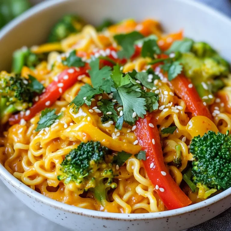- 200g ramen noodles - 1 tablespoon vegetable oil - 2 cloves garlic, minced - 1-inch piece ginger, grated - 1 carrot, julienned - 1 red bell pepper, sliced - 2 spring onions, chopped - 1 cup broccoli florets - 3 tablespoons creamy peanut butter - 2 tablespoons soy sauce - 1 tablespoon sriracha - 1 tablespoon honey or maple syrup - 1 tablespoon rice vinegar - 1 cup vegetable broth - Sesame seeds for garnish - Fresh cilantro for garnish You can adjust the amounts to fit your taste. If you want a different noodle, try udon or rice noodles. For a nut-free option, swap peanut butter for sunflower butter. Use tamari instead of soy sauce for a gluten-free meal. Honey can be replaced with agave or maple syrup. Fresh ingredients add great flavor. Use fresh garlic and ginger for the best taste. Fresh veggies like carrots and bell peppers bring crunch and color. You can use frozen broccoli if you need. Packaged ramen noodles are quick to cook and easy to find. Always check the label for extra additives or gluten if you need to avoid them. {{ingredient_image_1}} Start by boiling water in a pot. Add 200g of ramen noodles. Cook them as the package says. Once they are soft, drain the noodles. Set them aside for later. Grab a large skillet and heat 1 tablespoon of vegetable oil. Add 2 cloves of minced garlic and 1-inch grated ginger. Sauté these for about a minute. The smell will be amazing! Now, toss in the julienned carrot, sliced red bell pepper, chopped spring onions, and 1 cup of broccoli florets. Stir-fry these for about 4 to 5 minutes. You want them tender but still crunchy. In a separate bowl, mix 3 tablespoons of creamy peanut butter, 2 tablespoons of soy sauce, 1 tablespoon of sriracha, 1 tablespoon of honey or maple syrup, and 1 tablespoon of rice vinegar. Add 1 cup of vegetable broth to this mix. Whisk everything together until it is smooth and creamy. Pour the peanut sauce over the sautéed veggies. Stir well to coat all the vegetables. Let this simmer for 2 to 3 minutes. Now, add the cooked ramen noodles to the skillet. Gently toss everything together until the noodles are fully coated in sauce. Heat it for one more minute. If you like it spicier, add more sriracha. Serve right away, topped with sesame seeds and fresh cilantro. Enjoy your meal! To make Spicy Peanut Ramen Noodles pop, focus on fresh ingredients. Fresh garlic and ginger bring a strong taste. Use seasonal vegetables for a burst of flavor and color. You can also add a squeeze of lime for brightness. This simple addition lifts the dish and makes it more vibrant. Sriracha gives your ramen its heat. Start with one tablespoon if you like mild spice. You can always add more if you want a kick. Taste as you go. If the spice is too much, balance it with a little honey or maple syrup. This makes the dish sweet and spicy, perfect for any palate. Always cook your ramen noodles separately. Drain them and set aside. This keeps them from getting mushy. When sautéing veggies, keep them crunchy. This adds texture to your dish. Stir-fry on medium heat for about 4-5 minutes. Toss your noodles gently with the sauce. This ensures even coating without breaking them. Pro Tips Adjust the Spice Level: Feel free to modify the amount of sriracha in the sauce. Start with a smaller amount and increase it according to your heat preference. Vegetable Variations: You can substitute or add other vegetables like snap peas, zucchini, or mushrooms for different flavors and textures. Make it Creamier: If you prefer a creamier sauce, add a splash of coconut milk to the peanut sauce mixture for a rich flavor. Leftover Storage: Store any leftovers in an airtight container in the fridge for up to 2 days. Reheat gently on the stove with a splash of water to loosen the sauce. {{image_2}} You can boost the protein in your Spicy Peanut Ramen Noodles. Here are some great options: - Tofu: Use firm tofu for a good texture. Cut it into cubes and sauté it with the veggies. This adds a nice bite. - Chicken: Dice chicken breast into small pieces. Cook it in the skillet before adding the veggies. It adds a savory flavor. - Shrimp: Shrimp cooks fast. Add it after the veggies are tender. Cook until pink for a tasty seafood twist. This recipe is easy to adapt for vegetarians and vegans. Here are some tips: - Replace honey: Use maple syrup instead if you want a vegan option. It keeps the sweetness without animal products. - Check sauces: Make sure your soy sauce is vegan. Some brands add animal products, so read the label. - Extra veggies: Load up on more plants! Spinach, mushrooms, or snap peas can enhance the dish while keeping it plant-based. Feel free to mix in your favorite vegetables. The recipe is flexible: - Bell Peppers: Use any color for a vibrant look and taste. - Zucchini: Slice it thin. It cooks quickly and adds a nice crunch. - Snow Peas: These are sweet and crisp. Toss them in for a fresh flavor. - Corn: Add frozen or fresh corn for a touch of sweetness. Experiment with these variations to make this dish your own! To store your Spicy Peanut Ramen Noodles, place them in an airtight container. This keeps them fresh. You can refrigerate them for up to 3 days. Make sure to let the noodles cool before sealing the container. This helps prevent sogginess. You can freeze the noodles if you want to keep them longer. Just separate the noodles and sauce. Freeze both in separate containers. They will stay good for about 1 month. When you are ready to eat, thaw them in the fridge overnight. Reheat in a pan over low heat. Add a splash of water or broth to bring back the sauce's creaminess. Most of the ingredients have a good shelf life. Ramen noodles can last for months in your pantry. Peanut butter is stable and can last for a year. Fresh veggies like carrots and bell peppers last about a week in the fridge. Check your soy sauce and vinegar; they can last for years if unopened. Always look for signs of spoilage before use. It takes about 20 minutes to make Spicy Peanut Ramen Noodles. You spend 10 minutes prepping the ingredients and 10 minutes cooking. This means you can enjoy a tasty meal in no time. Yes, you can make this recipe gluten-free. Use gluten-free ramen noodles instead of regular ones. Also, choose a gluten-free soy sauce. This way, you can enjoy the same great flavor without the gluten. You can serve Spicy Peanut Ramen Noodles with many sides. Consider a fresh salad for a light option. You can also add grilled chicken or shrimp for protein. If you want a crunch, try crispy spring rolls. We covered how to make delicious Spicy Peanut Ramen Noodles. First, we explored the ingredients you need, including fresh and packaged options. Then, I outlined step-by-step instructions to cook your meal. I shared tips to enhance flavors and adjust spice levels. You learned about variations, like adding proteins or using different veggies. Finally, I provided storage tips to keep your noodles fresh. Enjoy experimenting with this recipe and make it your own. Happy cooking!