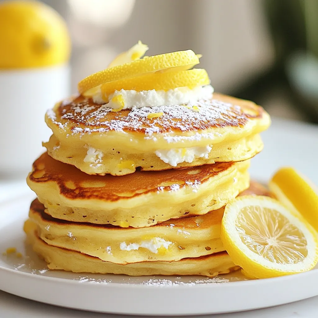 To make these fluffy pancakes, gather the following ingredients: - 1 cup ricotta cheese - 1 cup all-purpose flour - 1/2 cup milk - 2 large eggs - 1/4 cup granulated sugar - Zest of 1 lemon - 2 tablespoons fresh lemon juice - 1 teaspoon baking powder - 1/2 teaspoon baking soda - 1/4 teaspoon salt - 1 teaspoon vanilla extract - Butter or oil for cooking - Powdered sugar and lemon slices for serving (optional) Measuring ingredients correctly makes a big difference in cooking. Use dry measuring cups for flour and sugar. For liquids like milk, use liquid measuring cups. Always level off dry ingredients with a straight edge for accuracy. When measuring sticky items like ricotta, pack it into the cup and then level it off. This method helps you get the right amount. If you want to make these pancakes allergy-friendly, here are some ideas: - For dairy-free, use a plant-based ricotta or silken tofu blended until smooth. - Substitute almond milk or oat milk for regular milk. - Use gluten-free flour in place of all-purpose flour. - Replace eggs with a "flax egg," which is made by mixing 1 tablespoon of ground flaxseed with 2.5 tablespoons of water. Let it sit for a few minutes to thicken. These swaps keep the flavor while catering to dietary needs. Enjoy your cooking! {{ingredient_image_1}} To start, gather all your ingredients. In a big bowl, whisk the ricotta cheese, milk, lemon juice, eggs, lemon zest, and vanilla. Mix until smooth. In another bowl, sift the flour, baking powder, baking soda, sugar, and salt. This helps your pancakes rise. Gradually add the dry mix to the wet mix. Stir gently; lumps are okay. Heat a non-stick skillet over medium heat. Add a little butter or oil to coat the pan. Pour about 1/4 cup of batter for each pancake. Cook until bubbles form on top, about 2-3 minutes. Carefully flip the pancake. Cook until both sides are golden brown, around 2-3 minutes more. Use a thin spatula to flip easily. If the pancake sticks, slide the spatula under gently. Serve pancakes warm. Dust them with powdered sugar and add lemon slices on top for a fresh look. Enjoy this treat with family and friends! To get the best texture, start with fresh ricotta cheese. It makes your pancakes light and creamy. Mix the wet and dry ingredients gently. Overmixing can lead to tough pancakes. Aim for some lumps in the batter; they help keep the pancakes soft. Also, cook them on medium heat. If the heat is too high, the outside cooks too fast. For a bright lemon taste, use fresh ingredients. The zest of one lemon adds a strong flavor. Fresh lemon juice is key too; it makes a big difference. You can even add a bit more zest if you love lemon. If you want a sweeter taste, try adding a touch of vanilla extract. This gives a nice balance to the tartness. One common mistake is using old ingredients. Always check the freshness of your baking soda and baking powder. They should be active for the best rise. Another mistake is cooking the pancakes too long. Watch for bubbles on the surface; that’s your cue to flip them. Lastly, do not skip the resting time for the batter. Letting it sit for a few minutes allows the flavors to blend better. Pro Tips Use Fresh Ricotta: For the best flavor and texture, opt for fresh ricotta cheese instead of the pre-packaged varieties. It makes a significant difference in creaminess. Don’t Overmix: When combining the wet and dry ingredients, mix until just combined. Overmixing can lead to dense pancakes instead of fluffy ones. Adjust Heat Carefully: If your pancakes are browning too quickly, lower the heat. Cooking them on medium to low heat allows the insides to cook through without burning the outsides. Experiment with Toppings: While powdered sugar and lemon slices are delicious, consider adding fresh berries, whipped cream, or a drizzle of honey for extra flavor and presentation. {{image_2}} You can make these pancakes even better by adding fruits or nuts. For a fruity twist, try adding blueberries or sliced bananas to the batter. Just fold them in gently before cooking. If you like nuts, chopped walnuts or pecans work well too. They add a nice crunch and flavor. Remember to cut the fruit into small pieces. This way, they cook evenly and fit nicely in each pancake. You can switch up the flavors in many ways. Mix in some chocolate chips for a sweet treat. You can also try adding spices like cinnamon or nutmeg for warmth. For a tropical vibe, use coconut milk instead of regular milk. You can also add lime zest and juice for a different citrus flavor. Each option brings a unique taste and makes these pancakes fun! How you serve these pancakes can change the whole dish. A dusting of powdered sugar makes them look fancy. Fresh berries on top add both color and flavor. You can drizzle maple syrup or honey for sweetness. If you want something tangy, a dollop of yogurt or whipped cream works great too. For a special touch, add lemon slices or zest right before serving. This gives an extra burst of lemon flavor. Enjoy experimenting with your favorite toppings! If you have leftover creamy lemon ricotta pancakes, store them in an airtight container. Place parchment paper between each pancake to keep them from sticking. They will stay fresh in the fridge for up to three days. To reheat pancakes, use a microwave or skillet. For the microwave, heat them for 30 seconds. Check if they are warm. If not, heat in 10-second bursts. For the skillet, warm on low heat for about two minutes on each side. This keeps them soft and tasty. To freeze pancakes, let them cool completely first. Then, stack them with parchment paper in between. Place them in a freezer-safe bag or container. They can be frozen for up to two months. When you want to eat them, just reheat them as mentioned above. Enjoy a quick breakfast any day! Using ricotta cheese makes pancakes richer and creamier. It adds moisture and flavor. Ricotta also gives a nice texture that feels soft and fluffy. Plus, it provides more protein than regular pancake batter. This helps you feel full longer and enjoy a tasty meal. Yes, you can make a vegan version. Substitute the ricotta with vegan cream cheese or silken tofu. Use plant-based milk instead of regular milk. Replace eggs with flax eggs or applesauce. These swaps keep the pancakes tasty and fluffy while making them vegan-friendly. To make fluffier pancakes, separate the eggs. Whisk the egg whites until they form peaks. Fold them into the batter gently. This adds air to the mix, making the pancakes rise better. Also, don't overmix the batter; a few lumps help keep them soft and fluffy. These pancakes pair well with many toppings. You can use fresh fruit like berries or sliced bananas. Maple syrup adds sweetness, while a dollop of whipped cream brings creaminess. For a zesty kick, serve with extra lemon slices or lemon curd. Powdered sugar on top looks nice and tastes great too! Now you know how to make creamy lemon ricotta pancakes. We covered key ingredients, cooking steps, and tips to master the texture. Don't forget about fun variations, like added fruit or nuts. Storing and reheating pancakes can keep them fresh for later enjoyment. With this guide, you can impress anyone at breakfast. Enjoy your cooking journey and savor every bite of your tasty pancakes!