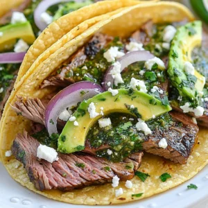 - 1 lb flank steak - 8 small corn tortillas - 1/2 cup red onion, thinly sliced - 1 avocado, sliced - 1/2 cup crumbled feta cheese For this taco recipe, the flank steak shines as the star. It’s juicy and full of flavor. The corn tortillas are soft and easy to fold. You can add fresh veggies, like red onions and avocado, to give crunch and creaminess. Feta cheese adds a nice salty touch. - 1 cup fresh parsley, finely chopped - 1/4 cup fresh cilantro, finely chopped - 4 garlic cloves, minced - 1/2 teaspoon red pepper flakes - 1/4 cup red wine vinegar (or apple cider vinegar) - 1/2 cup olive oil - Salt and pepper to taste Chimichurri sauce brings life to these tacos. Fresh parsley and cilantro give bright flavors. Garlic adds depth, while red pepper flakes give a little heat. The vinegar balances everything. Olive oil makes it rich and smooth. When you mix these, you get a sauce that’s tasty and vibrant. {{ingredient_image_1}} Combining Ingredients In a medium bowl, mix together 1 cup of chopped parsley, 1/4 cup of chopped cilantro, and 4 minced garlic cloves. Add 1/2 teaspoon of red pepper flakes for a bit of heat. Pour in 1/4 cup of red wine vinegar. Whisking and Seasoning Slowly add 1/2 cup of olive oil while whisking the mixture. This helps blend the flavors well. Finally, season with salt and pepper to taste. Let the sauce sit for a few minutes. This allows the flavors to blend nicely. Preheating the Grill Heat your grill or grill pan to medium-high heat. This is the best temperature for grilling steak. Grilling Technique Rub the flank steak with 2 tablespoons of olive oil. Sprinkle salt and pepper over the meat. Grill for 5-7 minutes on each side. You want the steak to reach your desired doneness. After grilling, let it rest for 5 minutes. This helps keep the juices in. Slicing the Steak After resting, slice the steak against the grain into thin strips. This keeps the meat tender and easy to chew. Warming the Tortillas While the steak rests, warm the 8 corn tortillas in a dry skillet. Heat each side for about 30 seconds. This makes them soft and pliable. Topping and Serving On each tortilla, place a few strips of steak. Add sliced avocado, red onion, and crumbled feta cheese. Drizzle chimichurri sauce over the top. Serve the tacos warm with extra chimichurri on the side. Enjoy every bite! Adjusting for Flavor I love chimichurri sauce because it's fresh and bright. You can change the taste by adding more herbs or spices. Want it spicier? Add more red pepper flakes. Prefer a tangy kick? Increase the vinegar. Always taste your sauce before serving. This helps you find the perfect balance for your tacos. Making Ahead of Time Chimichurri sauce is even better if you make it early. The flavors blend nicely after sitting for a bit. You can store it in the fridge for up to a week. Just cover it well. Before serving, give it a good stir to mix everything again. Achieving the Right Doneness Cooking the steak just right is key for tasty tacos. For medium-rare, aim for about 5-7 minutes per side on the grill. Use a meat thermometer for accuracy. It should read 130°F for medium-rare. Letting it rest for five minutes helps keep the juices in. Best Types of Steak for Tacos Flank steak is my go-to for these tacos. It’s tender and full of flavor. Skirt steak is another great option. Both cuts are easy to slice thin and work well with chimichurri sauce. Types of Tortillas to Use I prefer small corn tortillas for these tacos. They add a nice texture and flavor. Flour tortillas can work too, but they’re softer and might fall apart. Choose what you like best. Warming Methods Warming the tortillas is simple. You can use a dry skillet over medium heat. Heat each side for about 30 seconds. This keeps them soft and pliable. You can also wrap them in foil and warm them in the oven if you’re making a lot. Pro Tips Marinate for More Flavor: For even richer flavor, marinate the flank steak in the chimichurri sauce for at least an hour before grilling. This allows the herbs and spices to penetrate the meat. Rest the Steak: Always let the grilled steak rest for about 5-10 minutes before slicing. This helps the juices redistribute, making the meat more tender and juicy. Warm Tortillas Properly: To elevate the flavor of the corn tortillas, try brushing them lightly with olive oil before warming them in a skillet. This adds a delicious taste and enhances texture. Customize Your Toppings: Feel free to get creative with toppings! Add diced tomatoes, jalapeños, or a squeeze of lime for extra freshness and flavor. {{image_2}} You can swap flank steak for chicken or fish. - Chicken: Use chicken breast or thighs. Grill until cooked through. - Fish: Try firm fish like salmon or mahi-mahi. Grill quickly to keep it tender. For vegetarian options, use grilled mushrooms or jackfruit. They add great flavor and texture. You can add cheese and salsa to make your tacos even better. - Cheese: Feta adds a salty touch. You can also use queso fresco or shredded cheddar. - Salsa: Pico de gallo or mango salsa gives a fresh taste. Add more vegetables for color and crunch. - Suggestions: Chopped bell peppers, corn, or fresh cilantro. Chimichurri is great, but you can try different herb mixes. - Herb Combinations: Use basil or mint for a twist. Mix in some dill for a fresh flavor. - Spicy Variations: Add more red pepper flakes or a dash of hot sauce for heat. These variations let you make the tacos your own. Enjoy experimenting with flavors! To keep your leftover tacos fresh, wrap them well in plastic wrap or foil. Store them in the fridge. This helps keep the flavors in and the tacos tasty. Use them within two days for the best taste. For reheating, you can use a skillet. Heat it over medium heat. Place the tacos in the skillet for a few minutes. This warms them up without making them soggy. You can also use a microwave, but be careful not to overheat. Chimichurri sauce is easy to store. It lasts in the fridge for about one week. Just place it in an airtight container. If you want to keep it longer, freezing is a great option. To freeze, pour the sauce into ice cube trays. Once frozen, pop the cubes into a freezer bag. This way, you can take out just what you need later. You can enjoy the fresh taste of chimichurri even after some time! Chimichurri sauce is a fresh herb sauce from Argentina. It has parsley, garlic, and vinegar. I love its bright flavor. You mix the herbs with olive oil and spices. It works great on grilled meats. This sauce adds zest to any dish! Yes, you can! While flank steak is my go-to, you can try skirt steak or sirloin. Each cut has its flavor and texture. Just keep an eye on cooking times. It’s fun to experiment and find your favorite! To add heat, use more red pepper flakes in the chimichurri. You can also add sliced jalapeños or hot sauce. If you love spice, try adding chipotle peppers too. Spice makes the tacos exciting! - What side dishes pair well with Chimichurri Steak Tacos? I suggest fresh corn salad or black beans. They complement the tacos well. Also, consider grilled veggies or a simple green salad. These sides balance the flavors and textures. - How long does it take to cook the steak? Cooking flank steak takes about 10 to 14 minutes. Grill it for 5-7 minutes per side. The steak should rest for 5 minutes before slicing. This helps keep it juicy and tender. This blog highlights the key steps to make delicious Chimichurri Steak Tacos. We covered the main ingredients, like flank steak and corn tortillas, along with the fresh chimichurri sauce. You learned how to prepare the sauce, grill the steak, and assemble the tacos. I shared tips for perfecting each part and variations to try. In conclusion, these tacos are easy to customize. Enjoy experimenting with flavors and ingredients. You’ll find a combination that suits your taste perfectly. Happy cooking!