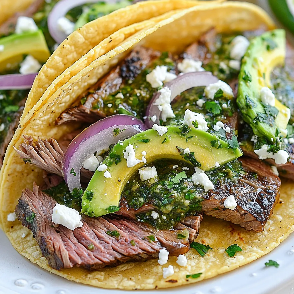 - 1 lb flank steak - 8 small corn tortillas - 1/2 cup red onion, thinly sliced - 1 avocado, sliced - 1/2 cup crumbled feta cheese For this taco recipe, the flank steak shines as the star. It’s juicy and full of flavor. The corn tortillas are soft and easy to fold. You can add fresh veggies, like red onions and avocado, to give crunch and creaminess. Feta cheese adds a nice salty touch. - 1 cup fresh parsley, finely chopped - 1/4 cup fresh cilantro, finely chopped - 4 garlic cloves, minced - 1/2 teaspoon red pepper flakes - 1/4 cup red wine vinegar (or apple cider vinegar) - 1/2 cup olive oil - Salt and pepper to taste Chimichurri sauce brings life to these tacos. Fresh parsley and cilantro give bright flavors. Garlic adds depth, while red pepper flakes give a little heat. The vinegar balances everything. Olive oil makes it rich and smooth. When you mix these, you get a sauce that’s tasty and vibrant. {{ingredient_image_1}} Combining Ingredients In a medium bowl, mix together 1 cup of chopped parsley, 1/4 cup of chopped cilantro, and 4 minced garlic cloves. Add 1/2 teaspoon of red pepper flakes for a bit of heat. Pour in 1/4 cup of red wine vinegar. Whisking and Seasoning Slowly add 1/2 cup of olive oil while whisking the mixture. This helps blend the flavors well. Finally, season with salt and pepper to taste. Let the sauce sit for a few minutes. This allows the flavors to blend nicely. Preheating the Grill Heat your grill or grill pan to medium-high heat. This is the best temperature for grilling steak. Grilling Technique Rub the flank steak with 2 tablespoons of olive oil. Sprinkle salt and pepper over the meat. Grill for 5-7 minutes on each side. You want the steak to reach your desired doneness. After grilling, let it rest for 5 minutes. This helps keep the juices in. Slicing the Steak After resting, slice the steak against the grain into thin strips. This keeps the meat tender and easy to chew. Warming the Tortillas While the steak rests, warm the 8 corn tortillas in a dry skillet. Heat each side for about 30 seconds. This makes them soft and pliable. Topping and Serving On each tortilla, place a few strips of steak. Add sliced avocado, red onion, and crumbled feta cheese. Drizzle chimichurri sauce over the top. Serve the tacos warm with extra chimichurri on the side. Enjoy every bite! Adjusting for Flavor I love chimichurri sauce because it's fresh and bright. You can change the taste by adding more herbs or spices. Want it spicier? Add more red pepper flakes. Prefer a tangy kick? Increase the vinegar. Always taste your sauce before serving. This helps you find the perfect balance for your tacos. Making Ahead of Time Chimichurri sauce is even better if you make it early. The flavors blend nicely after sitting for a bit. You can store it in the fridge for up to a week. Just cover it well. Before serving, give it a good stir to mix everything again. Achieving the Right Doneness Cooking the steak just right is key for tasty tacos. For medium-rare, aim for about 5-7 minutes per side on the grill. Use a meat thermometer for accuracy. It should read 130°F for medium-rare. Letting it rest for five minutes helps keep the juices in. Best Types of Steak for Tacos Flank steak is my go-to for these tacos. It’s tender and full of flavor. Skirt steak is another great option. Both cuts are easy to slice thin and work well with chimichurri sauce. Types of Tortillas to Use I prefer small corn tortillas for these tacos. They add a nice texture and flavor. Flour tortillas can work too, but they’re softer and might fall apart. Choose what you like best. Warming Methods Warming the tortillas is simple. You can use a dry skillet over medium heat. Heat each side for about 30 seconds. This keeps them soft and pliable. You can also wrap them in foil and warm them in the oven if you’re making a lot. Pro Tips Marinate for More Flavor: For even richer flavor, marinate the flank steak in the chimichurri sauce for at least an hour before grilling. This allows the herbs and spices to penetrate the meat. Rest the Steak: Always let the grilled steak rest for about 5-10 minutes before slicing. This helps the juices redistribute, making the meat more tender and juicy. Warm Tortillas Properly: To elevate the flavor of the corn tortillas, try brushing them lightly with olive oil before warming them in a skillet. This adds a delicious taste and enhances texture. Customize Your Toppings: Feel free to get creative with toppings! Add diced tomatoes, jalapeños, or a squeeze of lime for extra freshness and flavor. {{image_2}} You can swap flank steak for chicken or fish. - Chicken: Use chicken breast or thighs. Grill until cooked through. - Fish: Try firm fish like salmon or mahi-mahi. Grill quickly to keep it tender. For vegetarian options, use grilled mushrooms or jackfruit. They add great flavor and texture. You can add cheese and salsa to make your tacos even better. - Cheese: Feta adds a salty touch. You can also use queso fresco or shredded cheddar. - Salsa: Pico de gallo or mango salsa gives a fresh taste. Add more vegetables for color and crunch. - Suggestions: Chopped bell peppers, corn, or fresh cilantro. Chimichurri is great, but you can try different herb mixes. - Herb Combinations: Use basil or mint for a twist. Mix in some dill for a fresh flavor. - Spicy Variations: Add more red pepper flakes or a dash of hot sauce for heat. These variations let you make the tacos your own. Enjoy experimenting with flavors! To keep your leftover tacos fresh, wrap them well in plastic wrap or foil. Store them in the fridge. This helps keep the flavors in and the tacos tasty. Use them within two days for the best taste. For reheating, you can use a skillet. Heat it over medium heat. Place the tacos in the skillet for a few minutes. This warms them up without making them soggy. You can also use a microwave, but be careful not to overheat. Chimichurri sauce is easy to store. It lasts in the fridge for about one week. Just place it in an airtight container. If you want to keep it longer, freezing is a great option. To freeze, pour the sauce into ice cube trays. Once frozen, pop the cubes into a freezer bag. This way, you can take out just what you need later. You can enjoy the fresh taste of chimichurri even after some time! Chimichurri sauce is a fresh herb sauce from Argentina. It has parsley, garlic, and vinegar. I love its bright flavor. You mix the herbs with olive oil and spices. It works great on grilled meats. This sauce adds zest to any dish! Yes, you can! While flank steak is my go-to, you can try skirt steak or sirloin. Each cut has its flavor and texture. Just keep an eye on cooking times. It’s fun to experiment and find your favorite! To add heat, use more red pepper flakes in the chimichurri. You can also add sliced jalapeños or hot sauce. If you love spice, try adding chipotle peppers too. Spice makes the tacos exciting! - What side dishes pair well with Chimichurri Steak Tacos? I suggest fresh corn salad or black beans. They complement the tacos well. Also, consider grilled veggies or a simple green salad. These sides balance the flavors and textures. - How long does it take to cook the steak? Cooking flank steak takes about 10 to 14 minutes. Grill it for 5-7 minutes per side. The steak should rest for 5 minutes before slicing. This helps keep it juicy and tender. This blog highlights the key steps to make delicious Chimichurri Steak Tacos. We covered the main ingredients, like flank steak and corn tortillas, along with the fresh chimichurri sauce. You learned how to prepare the sauce, grill the steak, and assemble the tacos. I shared tips for perfecting each part and variations to try. In conclusion, these tacos are easy to customize. Enjoy experimenting with flavors and ingredients. You’ll find a combination that suits your taste perfectly. Happy cooking!