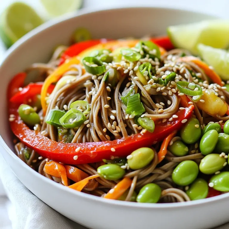- 200g soba noodles - 1 red bell pepper, thinly sliced - 1 carrot, julienned - 1 cup snap peas, trimmed - 1 cup edamame beans, shelled - 2 green onions, chopped - 2 tablespoons sesame oil - 2 tablespoons soy sauce - 1 tablespoon chili paste (adjust for heat preference) - 1 tablespoon ginger, grated - 2 cloves garlic, minced - 1 tablespoon rice vinegar - Sesame seeds - Fresh cilantro - Lime wedges This dish is rich in protein and fiber. Soba noodles are a good source of whole grains. The veggies add vitamins and minerals. Each serving has about 350 calories. It also includes healthy fats from sesame oil. This meal is great for a quick lunch or dinner. {{ingredient_image_1}} Start by bringing a large pot of salted water to a boil. Once it’s bubbling, add 200g of soba noodles. Cook them for about 4-5 minutes. Be sure to check the package for exact timing. When done, drain the noodles in a colander. Rinse them under cold water. This stops the cooking and keeps them firm. Set the noodles aside while you prepare the veggies. Take a large skillet or a wok and heat 2 tablespoons of sesame oil over medium heat. Add 2 cloves of minced garlic and 1 tablespoon of grated ginger. Sauté until you smell its great aroma, which takes about 1 minute. Next, toss in 1 thinly sliced red bell pepper, 1 julienned carrot, and 1 cup of snap peas. Stir them for about 3-4 minutes. You want them tender yet still crisp. Then, add 1 cup of shelled edamame beans and cook for another minute. In a small bowl, mix 2 tablespoons of soy sauce, 1 tablespoon of chili paste, and 1 tablespoon of rice vinegar. Pour this mixture over the veggies in the skillet. Toss everything well to coat the veggies with the sauce. Now, add the cooked soba noodles to the skillet. Stir gently to blend all the ingredients. Warm everything through for about 2-3 minutes. Finally, remove from heat and sprinkle 2 chopped green onions over the top. Your Spicy Soba Noodle Bowl is ready to enjoy! To cook soba noodles just right, use plenty of salted water. Bring it to a boil first. Add the noodles and cook for about 4-5 minutes. Check them often. You want them soft but not mushy. After cooking, drain and rinse these noodles with cold water. This stops them from cooking more. It also helps them stay firm in your bowl. If you like heat, add more chili paste. Start with one tablespoon, then taste. You can always add more if needed. If you want less spice, use less chili paste. Mixing in a little sugar can also balance the heat. This way, you can enjoy the flavor without too much burn. To make your bowl look great, use shallow bowls. Layer the noodles first, then the veggies. Add a sprinkle of sesame seeds on top. Fresh cilantro adds color and flavor too. Place lime wedges on the side for extra zing. This makes your dish not only tasty but also pleasing to the eyes! Pro Tips Adjust the Spice Level: Feel free to modify the amount of chili paste according to your heat preference. Start with a smaller amount and gradually increase for a spicier dish. Fresh Ingredients: Using fresh vegetables will enhance the flavor and nutrition of your dish. Look for vibrant, crisp produce at your local market. Perfectly Cooked Noodles: Make sure to rinse the soba noodles under cold water after cooking to stop the cooking process and prevent them from becoming mushy. Garnishing Matters: Don’t skip the garnishes! Sesame seeds, fresh cilantro, and lime wedges add a burst of flavor and visual appeal to your bowl. {{image_2}} You can swap out some ingredients if you want. For a lighter dish, use zucchini noodles instead of soba. If you don't have sesame oil, olive oil works well. Try using different veggies, like broccoli or mushrooms, based on your taste. You can also replace soy sauce with tamari for a gluten-free option. To keep this dish vegan, just ensure your chili paste has no animal products. For gluten-free needs, opt for 100% buckwheat soba noodles. Check labels to find the right brand. You can also use coconut aminos in place of soy sauce for a tasty twist. Want more protein? Add grilled chicken or shrimp. Tofu is a great choice for a vegan option. Just pan-fry it until golden. You can also toss in chickpeas for an extra protein boost. These options make the meal more filling and satisfying. To store your spicy soba noodle bowl, let it cool completely. Place the noodles and veggies in an airtight container. This helps keep everything fresh. Store it in the fridge for up to three days. Make sure to label the container with the date. When you’re ready to enjoy leftovers, take them out of the fridge. You can reheat them in a skillet over medium heat. Stir often for even warming. If the noodles seem dry, add a splash of water or a little sesame oil. You can also microwave it in a bowl. Cover the bowl with a damp paper towel. Heat for about 1-2 minutes, checking halfway. If you want to freeze the dish, it’s best to do this before adding any toppings. Pack the cooled noodles and veggies in a freezer-safe container. You can freeze it for up to two months. To enjoy later, thaw it overnight in the fridge. Reheat as mentioned above for a quick meal. Soba noodles are made from buckwheat. They are a great source of protein and fiber. They help you feel full and support digestion. Soba noodles are also low in calories. They have vitamins and minerals like manganese and magnesium. This makes them a healthy choice for meals. Yes, you can prepare this recipe ahead of time. Cook the soba noodles and veggies, then store them in the fridge. Keep the sauce separate to mix in later. When you are ready to eat, just warm everything together. This saves time and makes meals easy. You can find soba noodles at most grocery stores. Look in the pasta or Asian foods aisle. If you can't find them, check health food stores. You can also buy them online. Other ingredients, like vegetables and sauces, are easy to find at local markets. This post covered how to make delicious soba noodles from start to finish. We talked about the key ingredients, cooking steps, and tips for great taste. We also explored different variations and how to store your dish. Remember, you can customize your meal to fit your taste or diet. Enjoy making these simple, healthy noodles at home. You’ll impress your family and friends with your skills in the kitchen. Happy cooking!
