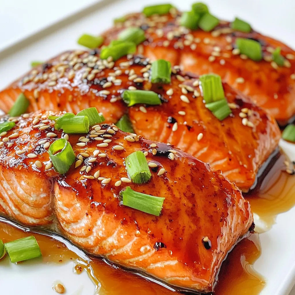 To make Honey Soy Glazed Salmon, start with these simple ingredients: - 4 salmon fillets (about 6 ounces each) - 1/4 cup honey - 1/4 cup soy sauce (low-sodium recommended) - 2 tablespoons fresh ginger, grated - 2 cloves garlic, minced - 1 tablespoon sesame oil - 1 tablespoon rice vinegar - Salt and pepper to taste - 2 green onions, chopped (for garnish) - Sesame seeds (for garnish) These ingredients create a sweet and savory glaze that perfectly complements the salmon. The honey adds a gentle sweetness, while the soy sauce gives depth. Fresh ginger and garlic bring in a bright, zesty kick, and sesame oil adds a nutty flavor. Rice vinegar balances everything with a hint of acidity. When selecting salmon, look for bright, moist fillets. Fresh ingredients make a big difference in flavor. If you want, you can adjust the honey and soy sauce to fit your taste. Enjoy the process of gathering these ingredients, as they will come together to create a delicious meal. {{ingredient_image_1}} First, gather your ingredients. You need honey, soy sauce, ginger, garlic, sesame oil, and rice vinegar. In a medium bowl, whisk together these ingredients. Make sure to blend them well. This step creates a tasty marinade. It combines sweet and savory flavors that will coat the salmon perfectly. Now it's time to marinate the salmon. Place the salmon fillets in a shallow dish or a zip-top bag. Pour the honey soy marinade over the fillets. Ensure all the fillets get a good coat. Cover or seal the dish. For the best flavor, let the salmon marinate for at least 30 minutes. If you have more time, marinate for up to 2 hours in the refrigerator. This extra time allows the salmon to soak in the flavors. Preheat your oven to 375°F (190°C). While it heats, prepare your baking sheet. Line it with parchment paper or lightly grease it with cooking spray. Take the salmon out of the marinade. Place the fillets skin-side down on the baking sheet. Save the marinade for later use. Bake the salmon for 12 to 15 minutes. It’s done when it flakes easily with a fork. To enhance the dish, pour the reserved marinade into a small saucepan. Bring it to a boil, then simmer for about 5 minutes. This thickens the sauce. Drizzle it over the salmon before serving. Enjoy! To enhance the marinade, I suggest adding more ginger or garlic. This gives it a richer taste. You can also add a splash of lime juice for freshness. Adjusting sweetness and saltiness is easy. If you want it sweeter, add more honey. If you prefer it saltier, just add more soy sauce. Experiment to find your favorite balance. You can cook this salmon in different ways. Grilling gives it a nice smoky flavor. Pan-searing creates a crispy skin. No matter the method, watch the cooking time closely. Salmon can dry out fast. Cook it for 12 to 15 minutes at 375°F. It’s done when it flakes easily with a fork. For garnishing, sprinkle chopped green onions and sesame seeds on top. This adds color and crunch. You can also serve the salmon on a bed of rice or alongside steamed vegetables. The bright colors make the dish pop. Serve it with a slice of lemon for a fresh touch. Enjoy your beautiful meal! Pro Tips Marinate Longer for More Flavor: For the best flavor, marinate the salmon for up to 2 hours. This allows the flavors to penetrate the fish more deeply. Use Fresh Ingredients: Always use fresh ginger and garlic for a more vibrant and aromatic flavor in your marinade. Check Doneness Carefully: Salmon is perfectly cooked when it flakes easily with a fork. Keep an eye on it during the last few minutes to prevent overcooking. Serve with a Side: Pair the glazed salmon with steamed rice or sautéed vegetables to create a balanced meal that complements the sweetness of the glaze. {{image_2}} You can use other types of fish for this recipe. Here are some great choices: - Trout - Mahi-mahi - Cod - Tilapia If you want alternatives for honey and soy sauce, try these options: - Maple syrup instead of honey - Tamari for a gluten-free soy sauce - Coconut aminos for a milder flavor You can grill Honey Soy Glazed Salmon for a smoky taste. Here’s how: - Preheat your grill to medium heat. - Use a grilling basket or foil to avoid sticking. - Cook for about 6-8 minutes per side. For pan-seared variations, follow these steps: - Heat a skillet over medium-high heat. - Add a little oil to prevent sticking. - Cook the salmon for about 4-5 minutes on each side. Want to add some spice or heat? Consider these ideas: - A pinch of red pepper flakes for warmth. - Sriracha sauce for a spicy kick. You can also incorporate vegetables into the dish. Try these: - Broccoli florets for crunch. - Snap peas for a sweet bite. - Bell peppers for color and flavor. Simply sauté or roast them alongside the salmon for a complete meal. To keep your honey soy glazed salmon fresh, follow these tips: - Let the salmon cool to room temperature. - Place it in an airtight container. - Store it in the refrigerator. - Use the leftovers within three days for the best taste. When reheating, aim to keep the salmon moist. Here are some methods: - Use the oven at 275°F (135°C) for about 15 minutes. - Microwave in short bursts, checking frequently. - Add a splash of water or broth to keep it juicy. Ensure the salmon reaches an internal temperature of 145°F (63°C) for safety. You can freeze cooked salmon if needed. Follow these best practices: - Wrap the salmon tightly in plastic wrap or foil. - Place it in a freezer-safe bag, removing air. - It can last up to three months in the freezer. To thaw, move it to the refrigerator overnight before reheating. You can serve honey soy glazed salmon with many tasty sides. Here are some great ideas: - Steamed broccoli or green beans - Jasmine rice or quinoa - A fresh garden salad - Roasted sweet potatoes For drinks, a light white wine works well. Try a Sauvignon Blanc or a Pinot Grigio. These wines will enhance the dish's sweet and savory flavors. You can tell salmon is done when it flakes easily with a fork. The color should change from bright pink to a lighter shade. The internal temperature should reach 145°F (63°C). This ensures it is safe to eat and still moist. Yes! You can make the marinade ahead of time. Just mix the honey, soy sauce, ginger, garlic, sesame oil, and rice vinegar in a bowl. Store it in the fridge for up to three days. Make sure to keep it in a well-sealed container. This helps maintain the flavors until you’re ready to use it. This blog post covers how to make Honey Soy Glazed Salmon. We talked about ingredients, marinating, cooking, and tips for flavor. You can explore variations to suit your taste and learn how to store leftovers safely. Try this recipe to impress your friends and family. With some simple steps, you will enjoy a delicious meal. Don't hesitate to experiment with flavors and techniques. Enjoy your cooking journey!