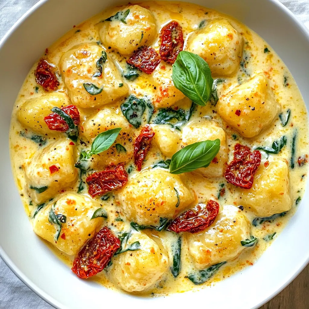 - Gnocchi (16 oz): This is the base of our dish. Gnocchi gives a hearty texture and absorbs the creamy sauce well. You can buy it fresh or frozen. - Sun-Dried Tomatoes (1 cup, chopped): These add a burst of flavor. They are sweet and tangy, making the dish more exciting. Choose tomatoes packed in oil for added richness. - Heavy Cream (1 cup): This makes the sauce rich and smooth. It helps create a creamy texture that clings to the gnocchi. You can swap with half-and-half for a lighter option. - Fresh Spinach (1 cup): Spinach adds color and nutrients. It wilts down quickly and enhances the dish without overpowering it. - Garlic (2 cloves, minced): Garlic brings depth to the flavor. It adds warmth and a lovely aroma when sautéed. - Grated Parmesan Cheese (1/2 cup): This cheese adds a salty, nutty flavor. It helps thicken the sauce and gives it a nice finish. You can use Pecorino Romano for a bolder taste. - Olive Oil (2 tablespoons): This is used for sautéing. It adds healthy fats and enhances the flavors of garlic and tomatoes. - Salt and Pepper: These season the dish. Adjust to your taste to enhance all the other flavors. - Fresh Basil Leaves: These are optional but add freshness and a pop of color for serving. They make the dish look beautiful and taste bright. Feel free to personalize this recipe! You can add chicken for protein or use other veggies like mushrooms or bell peppers. {{ingredient_image_1}} To prepare the gnocchi, start by boiling a large pot of salted water. This adds flavor as the gnocchi cooks. Add the gnocchi and cook them according to the package instructions. They usually float to the top after about 2-3 minutes. This floating means they are done. Drain them well and set them aside. To avoid mushy gnocchi, do not overcook them. Keep an eye on them as they cook. If you take them out too late, they will turn soft. A gentle hand is key when mixing them later. For the flavor base, heat 2 tablespoons of olive oil in a large skillet over medium heat. Add 2 cloves of minced garlic and let them cook for about one minute. You want the garlic fragrant but not burnt. Next, add 1 cup of chopped sun-dried tomatoes. These should be packed in oil for extra taste. Stir in 1 cup of fresh spinach and cook until it wilts. This step takes about 2-3 minutes. Choosing high-quality sun-dried tomatoes is vital. Look for tomatoes that are plump and brightly colored. Avoid those that look dry or dark. They should have a rich, tangy flavor that enhances your dish. To make the creamy sauce, reduce the heat to low and pour in 1 cup of heavy cream. Stir well to mix it with the other ingredients. Let the sauce simmer gently. This helps the flavors blend. As the sauce simmers, gradually mix in 1/2 cup of grated Parmesan cheese. Stir until it melts and thickens the sauce. Season with salt and pepper to taste. A balanced flavor is essential for the dish, so adjust as needed. Now, it’s time to add the gnocchi. Gently fold the cooked gnocchi into the creamy sauce. Be careful not to break them apart. You want each piece to be coated in sauce. Cook everything together on low heat for an additional 1-2 minutes to warm it through. Keep the heat low to avoid overcooking the gnocchi. This way, they stay tender and hold their shape. Enjoy your creamy sun-dried tomato gnocchi with a sprinkle of fresh basil on top for a lovely finish! - Overcooking gnocchi: Gnocchi cooks very fast, usually within 2-3 minutes. When they float, they are ready. If you cook them too long, they become mushy and lose their shape. Always keep an eye on them. - Skipping the garlic sauté step: Sautéing garlic is key for flavor. If you skip this step, your dish will lack depth. Cook the garlic just until fragrant, about one minute. Be careful not to burn it. - Adding spices or herbs for extra depth: Consider adding crushed red pepper flakes for a hint of heat. Fresh herbs like thyme or oregano can boost the flavor too. A pinch of nutmeg adds a lovely warmth to the cream. - Recommendations for cheese substitutions: If you want a twist, try using goat cheese or ricotta instead of Parmesan. These cheeses can add a unique taste and creaminess to the dish. - How to serve for best visual appeal: Serve the gnocchi in shallow bowls. Sprinkle extra Parmesan on top, and add a few basil leaves. This makes the dish colorful and inviting. - Pairing drinks or sides with the dish: A crisp white wine, like Pinot Grigio, complements the creamy sauce well. For sides, a simple green salad with lemon vinaigrette balances the rich flavors of the gnocchi. Pro Tips Use Fresh Ingredients: Opt for fresh spinach and high-quality sun-dried tomatoes for a vibrant flavor profile that elevates your dish. Perfect Gnocchi Cooking: Ensure that you don’t overcook the gnocchi; they should float to the top of the boiling water, which indicates they are ready. Customize Your Cheese: Experiment with different types of cheese like Pecorino Romano or Gruyere for distinct flavor variations in your creamy sauce. Make it Vegan: Substitute the heavy cream with coconut cream and use nutritional yeast instead of Parmesan for a delicious vegan version of the dish. {{image_2}} For those avoiding gluten, look for gluten-free gnocchi. Many brands offer great taste and texture. You can also make your own using potatoes and gluten-free flour. If you're vegan, replace heavy cream with coconut cream or a cashew cream. Nutritional yeast can stand in for cheese, giving a cheesy flavor without dairy. Want to boost the dish? Add protein like chicken or shrimp. Cook them with the garlic for extra flavor. You can also swap in vegetables like zucchini or bell peppers. These add color and nutrition to your meal. Just sauté them along with the sun-dried tomatoes and spinach. For an Italian twist, use fresh basil or add a hint of lemon zest. These bright flavors enhance the dish beautifully. You can also explore other cuisines. Try adding curry powder for an Indian vibe or soy sauce for an Asian flair. These swaps give your gnocchi a fun global twist! To keep your creamy sun-dried tomato gnocchi fresh, store it in an airtight container. Let it cool first. Place it in the fridge within two hours of cooking. This helps keep the flavors and texture intact. The gnocchi can last for up to three days in the fridge. When you want to enjoy your gnocchi again, use a skillet. Heat it over medium-low heat. Add a splash of cream or water to the skillet to prevent sticking. Stir gently until it warms through. This keeps the sauce creamy and delicious. Avoid using the microwave, as it can make the gnocchi tough. If you want to save some gnocchi for later, freezing works well. First, let it cool completely. Spread it out on a baking sheet, and freeze it for about an hour. This prevents the gnocchi from sticking together. Once frozen, place the gnocchi in a freezer-safe bag. It can last for up to three months in the freezer. To eat, defrost it overnight in the fridge, then reheat it as mentioned above. Homemade gnocchi lasts about 2-3 days in the fridge. Store them in an airtight container. Look for signs of spoilage like a sour smell or slimy texture. If you see any, it's best to toss them. Yes, you can prepare ingredients ahead. Cook the gnocchi and store it separately from the sauce. This keeps the gnocchi from getting mushy. You can mix them together right before serving. To prevent sticking, dust the cooked gnocchi with a little flour before storing. When boiling, make sure not to overcrowd the pot. Stir gently during cooking. This helps keep them from clumping. You now have all the tools to make creamy sun-dried tomato gnocchi. You learned about key ingredients and their roles. The step-by-step guide helps you avoid common mistakes. I shared tips on personalizing your dish and enhancing flavors. With the right storage, you can enjoy leftovers later. Don’t be afraid to explore variations, whether dietary or international. Cooking is all about creativity. Try these techniques, make it your own, and impress everyone at the table. Enjoy your cooking journey!
