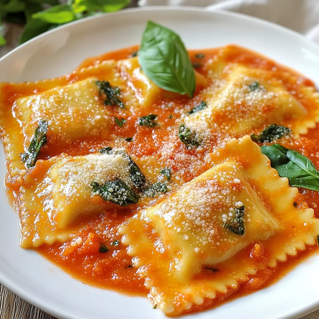 - Ravioli types: You can choose between fresh or frozen ravioli. Fresh ravioli cooks quickly and has a soft texture. Frozen ravioli is handy for quick meals. Both types work well with this dish. - Essential seasonings and condiments: - 2 tablespoons olive oil - 3 cloves garlic, minced - 1 can (14 oz) diced tomatoes (with juices) - 1 teaspoon Italian seasoning - Salt and pepper to taste - 1 cup heavy cream - Optional garnishes: - ½ cup grated Parmesan cheese - Fresh basil leaves These ingredients blend together to create a rich, creamy sauce. The garlic and Italian seasoning add a warm flavor. The diced tomatoes bring a nice acidity and sweetness. Don't forget the fresh spinach! It adds color and nutrition to your dish. You can switch up the garnishes, too. Adding a sprinkle of Parmesan gives a salty kick. Basil leaves add a fresh touch. Adjust these ingredients to fit your taste. {{ingredient_image_1}} Start by bringing a large pot of salted water to a boil. For fresh ravioli, cook them for about 3 to 5 minutes. If you use frozen ravioli, give them 7 to 10 minutes. Always check the package for the best timing. Once cooked, drain the ravioli in a colander and set them aside. Make sure they do not stick together. In a large skillet, heat 2 tablespoons of olive oil over medium heat. Add 3 cloves of minced garlic. Sauté for about 30 seconds until it smells great. Be careful not to burn the garlic. Next, pour in a can of diced tomatoes with their juices. Stir well and let it simmer for about 5 minutes. This will help the sauce thicken a bit. Now, stir in 1 cup of roughly chopped spinach. Cook for another 2 to 3 minutes until the spinach wilts. Pour in 1 cup of heavy cream, then add 1 teaspoon of Italian seasoning, salt, and pepper to taste. Mix everything well. Let the sauce simmer for another 3 to 4 minutes to thicken nicely. Add the drained ravioli to the skillet. Gently toss them to coat with the creamy sauce. Finally, remove the skillet from heat and stir in ½ cup of grated Parmesan cheese until it melts. Serve your creamy tomato spinach ravioli hot and enjoy! To keep your ravioli from sticking, follow these steps: - Use plenty of salted water. This helps prevent sticking. - Stir gently when adding the ravioli to the pot. - Avoid overcrowding the pot. Cook in batches if needed. To thicken your sauce, try these methods: - Simmer longer to reduce the sauce. - Add a bit of grated cheese for richness. - Use a cornstarch slurry. Just mix cornstarch with water and stir it in. You can boost flavor by adding herbs or spices. Here are some ideas: - Fresh basil or parsley brightens the dish. - A pinch of red pepper flakes adds a nice kick. - A sprinkle of oregano can deepen the flavor. For pairing, consider these ingredients: - Serve with garlic bread for a hearty meal. - A simple salad can balance the richness. - Pair with a light white wine like Pinot Grigio for a complete dining experience. Pro Tips Use Fresh Ingredients: Whenever possible, opt for fresh spinach and high-quality diced tomatoes for a more vibrant flavor and texture. Customize Your Ravioli: Feel free to experiment with different types of ravioli such as mushroom or butternut squash for a unique twist on this dish. Adjust the Creaminess: If you prefer a lighter sauce, substitute half of the heavy cream with vegetable or chicken broth. Garnish for Flavor: Don't skip the fresh basil garnish; it adds a wonderful aroma and enhances the overall taste of the dish. {{image_2}} You can change the filling in your ravioli to keep things fresh. Here are some ideas: - Mushroom Ravioli: Use mushrooms for a rich, earthy taste. Cook them well before filling. - Lobster Ravioli: This adds a touch of luxury. Use fresh lobster meat for the best flavor. - Vegan Ravioli: For a plant-based option, fill with cashew cheese or spinach and tofu. These fillings bring unique flavors and textures. They can make your dish feel new each time. You can also play with the sauce to suit your taste. - Lightening the Sauce: If you want a lighter version, use half-and-half instead of heavy cream. You can also swap in vegetable broth to reduce calories. - Spicy Variations: If you love heat, add red pepper flakes to the sauce. You can also use spicy diced tomatoes for an extra kick. These sauce tweaks can elevate your creamy tomato spinach ravioli. Try different options to find your favorite! To keep your creamy tomato spinach ravioli fresh, store it in an airtight container. Place it in the fridge right after it cools down. It stays good for about 3-4 days. If you want to keep it longer, try freezing it. It can last for up to 2 months in the freezer. Just make sure to use a freezer-safe container or bag. When it's time to enjoy your leftovers, avoid using the microwave if you can. Instead, reheat it on the stove. Add a splash of water or broth to keep it moist. Heat it on low, stirring gently. This helps prevent soggy ravioli. If you do use a microwave, heat in short bursts. Stir in between to ensure even warming. Enjoy your delicious meal again! Can I use other types of pasta? Yes, you can use other pasta types. Penne or farfalle work well. Just adjust cooking time based on the pasta shape. Always check the package for timing. How to know when the ravioli is cooked? The ravioli is cooked when it floats to the top. Fresh ravioli usually takes 3-5 minutes, while frozen may take 7-10 minutes. Taste one to check if it's tender. Can this recipe be made ahead of time? Yes, you can make this recipe ahead. Cook the ravioli and sauce, then store them separately. When ready to eat, reheat the sauce and combine with ravioli. Caloric content and serving sizes This recipe serves four. Each serving has about 500 calories. This can vary based on the ravioli filling and cheese used. Potential allergens in the recipe This dish contains dairy and gluten. Ravioli may include wheat, and heavy cream has lactose. Always check labels for specific allergens if needed. Cooking ravioli is fun and easy. You learned about ingredients, cooking steps, and tips. Remember to choose fresh or frozen ravioli based on your needs. Sauces can be simple or bold with spices. As you try different fillings and sauces, you can customize the dish. Store leftovers well and reheat them right to keep them tasty. Enjoy making this dish with your own twist. You can share your new favorite ravioli recipe with friends, too. Your kitchen adventure starts now!