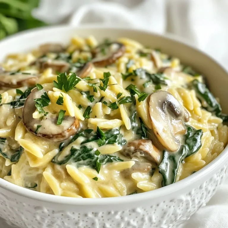 To make Creamy Mushroom Spinach Orzo, gather these simple ingredients: - 1 cup orzo pasta - 2 cups vegetable broth - 1 tablespoon olive oil - 1 medium onion, finely chopped - 3 cloves garlic, minced - 8 ounces cremini mushrooms, sliced - 3 cups fresh spinach - ¾ cup heavy cream - ½ cup grated Parmesan cheese (or nutritional yeast for a vegan option) - Salt and pepper to taste - Fresh parsley, chopped (for garnish) These ingredients work together to create a rich and creamy dish. The orzo pasta absorbs the flavors well, while the mushrooms add depth. Fresh spinach gives a nice color and nutrition. You can easily adapt this recipe for dietary needs: - Vegan: Use nutritional yeast instead of Parmesan and coconut cream instead of heavy cream. - Gluten-Free: Swap orzo with gluten-free pasta. - Low-Carb: Replace orzo with spiralized zucchini or cauliflower rice. These swaps keep the dish tasty while meeting different diets. For the best flavor and quality, I recommend these brands: - Orzo Pasta: Barilla or DeLallo for great texture. - Vegetable Broth: Swanson or Pacific Foods for rich taste. - Olive Oil: California Olive Ranch for smooth flavor. - Parmesan Cheese: BelGioioso for a sharp, authentic taste. Using quality ingredients makes a big difference in your dish. {{ingredient_image_1}} First, bring 2 cups of vegetable broth to a boil in a medium pot. Add 1 cup of orzo pasta to the boiling broth. Cook it according to the package instructions. This usually takes about 8-10 minutes. Once it is al dente, drain the orzo and set it aside. Make sure to save a little broth for later. Next, let’s sauté the veggies. In a large skillet, heat 1 tablespoon of olive oil over medium heat. Add a finely chopped medium onion. Sauté it for about 3-4 minutes until it turns translucent. Now, stir in 3 cloves of minced garlic and 8 ounces of sliced cremini mushrooms. Cook them for about 5-7 minutes. You want the mushrooms to be tender and browned. After that, add 3 cups of fresh spinach to the skillet. Cook it until it wilts, stirring occasionally. Now it's time to bring it all together. Pour in ¾ cup of heavy cream and mix well. Let it simmer for 2-3 minutes until it thickens a bit. Add the cooked orzo to the skillet. Stir everything until the pasta is well-coated with the creamy sauce. If it looks too thick, add a bit of the reserved broth to adjust the texture. Then, mix in ½ cup of grated Parmesan cheese. Season with salt and pepper to taste. Finally, remove it from heat and let it sit for a minute. Garnish with chopped fresh parsley before serving. Enjoy your creamy mushroom spinach orzo! To make this dish creamy, you need heavy cream. It gives a rich texture. If you want a lighter option, use plant-based cream. Nutritional yeast also adds a cheesy taste. Mix it in with the broth and orzo for smoothness. Remember to adjust the liquid. Start with a little broth, then add more if needed. Stir well to coat everything evenly. This will help you get that perfect creamy sauce. Cooking mushrooms well is key to this dish. Start with a hot skillet and olive oil. Make sure the mushrooms are in a single layer. This helps them brown nicely. Don’t overcrowd the pan; this can cause them to steam instead of brown. Stir occasionally for even cooking. Cook them until they are tender and golden. This brings out their deep, rich flavor that pairs well with spinach. To make this orzo vegan, swap out the heavy cream for coconut cream or a nut-based option. Nutritional yeast replaces Parmesan cheese nicely. It gives a cheesy flavor without dairy. Use vegetable broth to keep it plant-based. Be sure to check labels for any hidden dairy in your broth. This way, you can enjoy a creamy mushroom spinach orzo that fits your diet. Pro Tips Use Fresh Ingredients: Fresh spinach and cremini mushrooms will enhance the flavor and texture of your dish significantly. Customize Your Creaminess: Adjust the amount of heavy cream to your liking; for a lighter version, reduce the cream or substitute with a plant-based alternative. Reserve Some Broth: Keeping a bit of vegetable broth on hand allows you to adjust the creaminess of the dish as needed. Enhance Flavor with Herbs: Experiment with additional herbs like thyme or basil for an extra layer of flavor in your creamy orzo. {{image_2}} You can easily boost the protein in creamy mushroom spinach orzo. Chicken or tofu works great. For chicken, cook bite-sized pieces in the skillet before adding the onion. This adds flavor to the dish. If you choose tofu, press it first to remove extra water. Then, cut it into cubes and sauté until golden before adding other veggies. This way, you make the dish heartier and more filling. Adding herbs or spices can elevate the taste. Fresh herbs like thyme or basil bring freshness. You can add them while cooking the mushrooms. If you like a bit of heat, sprinkle in some red pepper flakes. For a smoky flavor, try adding smoked paprika. Just a pinch can change the whole dish. These simple changes make your meal exciting and new. If you need a gluten-free option, swap the orzo with gluten-free pasta. Many brands offer gluten-free orzo made from rice or lentils. Cook it just like regular orzo, using the same broth. This keeps the creamy texture while meeting dietary needs. Always check the labels to ensure they fit your diet. With these swaps, everyone can enjoy this comforting dish! After enjoying your Creamy Mushroom Spinach Orzo, let any leftovers cool down. Place them in an airtight container. Store in the fridge for up to three days. This keeps the flavors fresh and tasty. Be sure to avoid leaving it out at room temperature for too long. If you want to save some for later, freezing is a great option. First, let the orzo cool completely. Then, scoop it into a freezer-safe container or bag. Press out as much air as possible before sealing. You can freeze it for up to two months. This way, you can enjoy it on a busy day. To reheat, take the orzo out of the fridge or freezer. If frozen, let it thaw in the fridge overnight. For reheating, use a skillet over medium heat. Add a splash of vegetable broth or a bit of cream to keep it moist. Stir often until it’s heated through. This helps keep the orzo creamy and delicious. Avoid using the microwave if you can, as it may dry it out. Yes, you can use other pasta types! Shells, penne, or fusilli work well. Each will change the shape and texture. Just adjust the cooking time based on the pasta you choose. Follow the package instructions for the best results. To make this dish gluten-free, use gluten-free orzo or any gluten-free pasta. Check the label for gluten-free options. You will still enjoy the same creamy flavor and texture. Just make sure to cook it according to instructions on the package. Creamy Mushroom Spinach Orzo pairs well with many sides. A crisp green salad adds freshness. Garlic bread or a crusty baguette complements the dish nicely. You can also serve it alongside grilled chicken or fish for protein. Enjoy experimenting with your favorites! This blog post covered key ingredients, step-by-step cooking instructions, and helpful tips for making creamy mushroom spinach orzo. I shared smart ways to customize the dish based on your needs, like adding protein or making it vegan. Proper storage and reheating tips ensure you enjoy every bite later. Remember, cooking should be fun and simple. Use this guide to create a tasty meal anytime. Enjoy your orzo adventure!