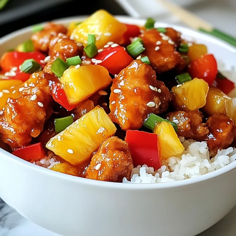 For a tasty Sweet and Sour Chicken Stir Fry, you need these simple ingredients: - 1 lb (450g) boneless, skinless chicken breast - 1 red bell pepper, sliced - 1 green bell pepper, sliced - 1 cup pineapple chunks (fresh or canned) - 1 medium onion, sliced - 2 cloves garlic, minced - 1-inch piece of ginger, minced - 1/4 cup soy sauce - 1/4 cup sweet and sour sauce - 2 tablespoons cornstarch - 2 tablespoons vegetable oil - Salt and pepper to taste - Cooked rice or noodles for serving These ingredients blend well to create a dish that is both sweet and tangy. The chicken offers protein, while the colorful bell peppers and pineapple add crunch and flavor. You can choose fresh or canned pineapple based on what you have on hand. The sauces bring everything together, making each bite a delight. The cornstarch ensures that the chicken has a nice crisp texture. Don't forget the cooked rice or noodles to complete your meal! {{ingredient_image_1}} First, take your chicken breast and slice it into bite-sized pieces. In a bowl, mix the chicken with salt, pepper, and cornstarch until each piece is well coated. The cornstarch helps the chicken become crispy when cooked. This step is key for that perfect crunch, which makes the dish so tasty. Now, heat one tablespoon of vegetable oil in a large skillet or wok over medium-high heat. Add the chicken pieces and cook for about 5-7 minutes. You want them browned and fully cooked. Keep an eye on the time; overcooking can make the chicken dry. Once done, remove the chicken from the skillet and set it aside. In the same skillet, add another tablespoon of oil. Toss in the sliced onion and bell peppers. Also, add minced garlic and ginger. Stir-fry these for about 3-4 minutes. You want the veggies to be tender-crisp. This means they should still have a bit of bite, not mushy. Next, add the pineapple chunks to the skillet. Pour in the soy sauce and sweet and sour sauce. Stir everything together and bring it to a simmer for about 2 minutes. This step helps all the flavors blend together beautifully. Return the cooked chicken to the skillet and mix well. This allows the chicken to soak up the sauce. Cook everything for another 2-3 minutes until it’s heated through. Serve the stir fry over cooked rice or noodles. This meal is quick, easy, and full of flavor! To get that nice, crispy texture, cornstarch is key. It coats the chicken well, creating a crunchy bite when cooked. Make sure to toss the chicken pieces well with salt, pepper, and cornstarch. This step is vital for the best results. When you cook the chicken, aim for a medium-high heat. This helps seal in the juices and keep the meat tender. For the veggies, cook them just enough to stay crunchy. Stir-fry the onion and bell peppers for about 3-4 minutes. They should be tender but still crisp. This will give your dish a great texture balance. To make your stir fry even better, consider using extra seasonings. A dash of sesame oil can add a nice nutty flavor. You can also add some red pepper flakes for a bit of heat. Balancing sweet and sour is important too. The sweet and sour sauce provides a good base. Taste as you mix, and adjust with more soy sauce or sugar if needed. This way, you can find the perfect mix for your palate. A great-looking dish makes meals more enjoyable. Serve your sweet and sour chicken in a bright, colorful bowl. This adds visual appeal. To make it pop even more, add garnishes like sesame seeds and chopped green onions. These small touches add both color and flavor to your meal. You’ll impress everyone at the table! Pro Tips Prep Ahead: Chop all your vegetables and chicken in advance to save time during cooking. Use Fresh Ingredients: Opt for fresh pineapple for a burst of flavor, but canned works in a pinch! Adjust the Sauce: Tweak the amount of sweet and sour sauce to suit your taste preference—more for sweetness, less for tanginess. High Heat Cooking: Ensure your skillet or wok is hot before adding ingredients to achieve the perfect stir-fry texture. {{image_2}} You can switch the chicken for shrimp, tofu, or beef. Each protein adds its own twist to the dish. For shrimp, cook it for just 3-4 minutes until it turns pink. Tofu needs a bit more time to brown, around 5-6 minutes. If you choose beef, slice it thinly and cook it about 4-5 minutes. Adjust the cooking time based on your protein choice. If you want a vegetarian or vegan meal, replace the chicken with tofu or tempeh. Both options soak up flavors well. For a boost of taste, try using a mix of soy sauce and hoisin sauce instead of sweet and sour sauce. This keeps the dish flavorful without the meat. Feel free to mix up the veggies. Snap peas, broccoli, or carrots work great. For a different flavor, use teriyaki sauce instead of sweet and sour sauce. This swap gives the dish a nice, rich taste. You can also add cashews or peanuts for extra crunch. After making Sweet and Sour Chicken Stir Fry, you might have some left. Store it in the fridge to keep it fresh. Use airtight containers for the best results. This helps keep the flavors locked in. The stir fry lasts for about 3 to 4 days in the fridge. Make sure it cools before you seal it up. When you want to eat the leftovers, reheating is key. You can use a skillet or microwave. If using a skillet, heat it on medium. Add a splash of water or soy sauce to keep it moist. Stir until it’s hot throughout. The ideal serving temperature is around 165°F. This keeps the dish safe and tasty. You can also freeze your stir fry for later. Let it cool completely before freezing. Use freezer-safe containers or bags. Squeeze out as much air as possible to avoid freezer burn. The stir fry can last for up to 3 months in the freezer. When you're ready to eat, thaw it in the fridge overnight. For quick thawing, use the microwave but be careful not to cook it. Reheat in a skillet for the best texture. Enjoy your delicious meal again! To enhance the flavor, you can add a few simple ingredients. Try using: - A splash of rice vinegar for acidity. - A teaspoon of sesame oil for richness. - Red pepper flakes for heat. - Fresh herbs like cilantro for freshness. These small changes can really boost the taste and make your stir fry pop! Yes, you can prepare this stir fry in advance. Here’s how: 1. Cook the chicken and veggies as directed. 2. Let them cool completely. 3. Store in an airtight container in the fridge for up to three days. When you are ready to eat, just reheat it in a skillet over medium heat. This saves time on busy nights! If you need a soy sauce substitute, try these options: - Tamari for a gluten-free alternative. - Coconut aminos for a sweeter taste. - Homemade blend of water, vinegar, and a pinch of salt. These will still give you that savory flavor without soy sauce. Sweet and Sour Chicken Stir Fry can be a healthy choice. It has lean protein, colorful veggies, and pineapple. Here are some tips for a lighter option: - Use less sweet and sour sauce to cut sugar. - Add more vegetables to increase fiber. - Serve it over brown rice for extra nutrients. These tweaks can help you enjoy a tasty meal that’s also good for you! In this post, we walked through making a tasty Sweet and Sour Chicken Stir Fry. You learned about the key ingredients and how to prepare them. We highlighted tips to achieve the perfect texture and flavor. You can also explore variations with different proteins and vegetables. Finally, we covered storage and reheating methods. Enjoy creating your own delightful stir fry. Experiment with flavors, and make it yours!